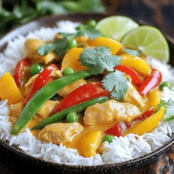 - 1 lb (450g) boneless, skinless chicken breast - 1 can (14 oz) full-fat coconut milk - 2 tablespoons red curry paste - 1 tablespoon coconut oil - 1 medium onion, finely chopped - 1 cup assorted bell peppers (red, yellow, and green) - Fresh cilantro leaves for garnish - Lime wedges for serving - Cooked jasmine rice Creating this Easy Thai Chicken Curry is a breeze with the right ingredients. You need fresh chicken breast, coconut milk, and red curry paste as your star players. These flavors blend to create a warm, comforting dish. The additional ingredients like coconut oil, onion, and colorful bell peppers add depth and a pop of color. I love using a mix of red, yellow, and green peppers. They not only taste great but also make the dish look appealing. If you want to elevate your meal, consider adding fresh cilantro leaves for a fresh finish. Lime wedges are perfect for squeezing over the dish, adding a bright kick. Serving it over fluffy jasmine rice gives you the perfect base to soak up all the delicious curry sauce. For the full recipe, you can check the detailed steps to bring this dish to life! - Heat coconut oil in a pot over medium-high heat. - Sauté onion until translucent. Stir it gently for about 3-4 minutes. This helps to build flavor. - Add garlic and ginger; sauté for one minute. - Stir in red curry paste and cook briefly. This step releases the rich aroma. - Add chicken and cook until browned. Make sure to turn the pieces often. - Pour in coconut milk, fish sauce, and brown sugar. Stir everything well to mix. - Incorporate bell peppers and sugar snap peas. - Simmer until vegetables are tender. This should take about 5-7 minutes. As you cook, the colors will brighten up. This curry not only tastes great but looks vibrant too! For the full recipe, refer to the detailed instructions above. To make your Easy Thai Chicken Curry shine, adjust the seasoning. You can add fish sauce for saltiness. If you prefer sweetness, try brown sugar. These tweaks can change the taste in a great way. After cooking, let the curry sit for a few minutes. This helps the flavors meld together. Trust me; it makes a big difference! Serve your curry over fluffy jasmine rice. This adds a nice texture. For a pop of color, sprinkle fresh cilantro on top. Lime wedges are a must! They add a burst of freshness. Squeeze some juice over your dish right before eating. This little touch brightens the flavors. Cook your curry on medium heat. This helps prevent burning and keeps it smooth. Stir occasionally to ensure even cooking. This way, the chicken and veggies cook through nicely. You want everything to blend well for that perfect bite. {{image_4}} You can easily change the protein in this dish. If you want a vegetarian meal, swap chicken for tofu. Tofu absorbs the sauce well and gives a nice texture. You can also use shrimp for a seafood twist. Shrimp cooks fast and adds a lovely flavor. If you prefer beef, it works too! Just make sure to cook it well until tender. Feel free to play with the vegetables in your curry. Carrots and broccoli add crunch and color. You can also toss in some fresh spinach for extra nutrients. Spinach wilts down nicely and blends well with the curry. Using a mix of veggies keeps your dish fresh and exciting! Adjust the heat to fit your taste buds. If you love spice, increase the red curry paste. A little more will give you a nice kick! If you prefer milder flavors, simply decrease the amount of curry paste. This way, you get a curry that suits your palate perfectly. Store any leftovers in an airtight container. This keeps your Easy Thai Chicken Curry fresh. You can keep it in the fridge for up to 3 days. Make sure to let it cool before sealing. If you want to save some for later, freeze it in individual portions. This makes meal prep easy. When you're ready to eat, just reheat it on the stove or in the microwave. When you reheat, add a splash of coconut milk. This keeps the curry creamy and rich. Stir well to evenly distribute the heat. Enjoy your meal just like it was fresh! Yes, it can be made ahead and stored. I often make a big batch on weekends. This way, I have quick meals ready for busy days. Just let it cool and place it in a container. You can keep it in the fridge for up to three days. Yes, if using gluten-free fish sauce. Many brands offer this option. Just check the label to be sure. You can also use soy sauce if you prefer. Add more red curry paste or fresh chili. I like to slice fresh chili peppers and toss them in at the end. This gives the dish a nice kick. You can also taste as you go to find your perfect level of heat. Best served with jasmine rice or naan bread. Jasmine rice soaks up the sauce well. Naan adds a fun twist and is great for dipping. Both choices make this meal even more enjoyable. This blog post shared a simple Thai chicken curry recipe that uses key ingredients like chicken, coconut milk, and red curry paste. You learned step-by-step instructions for cooking. I also shared tips on flavor and presentation to enhance your dish. Remember, you can adjust spice levels and swap proteins or veggies to match your taste. With these tools, you can create a delicious meal that will impress. Enjoy your cooking journey and make it your own!