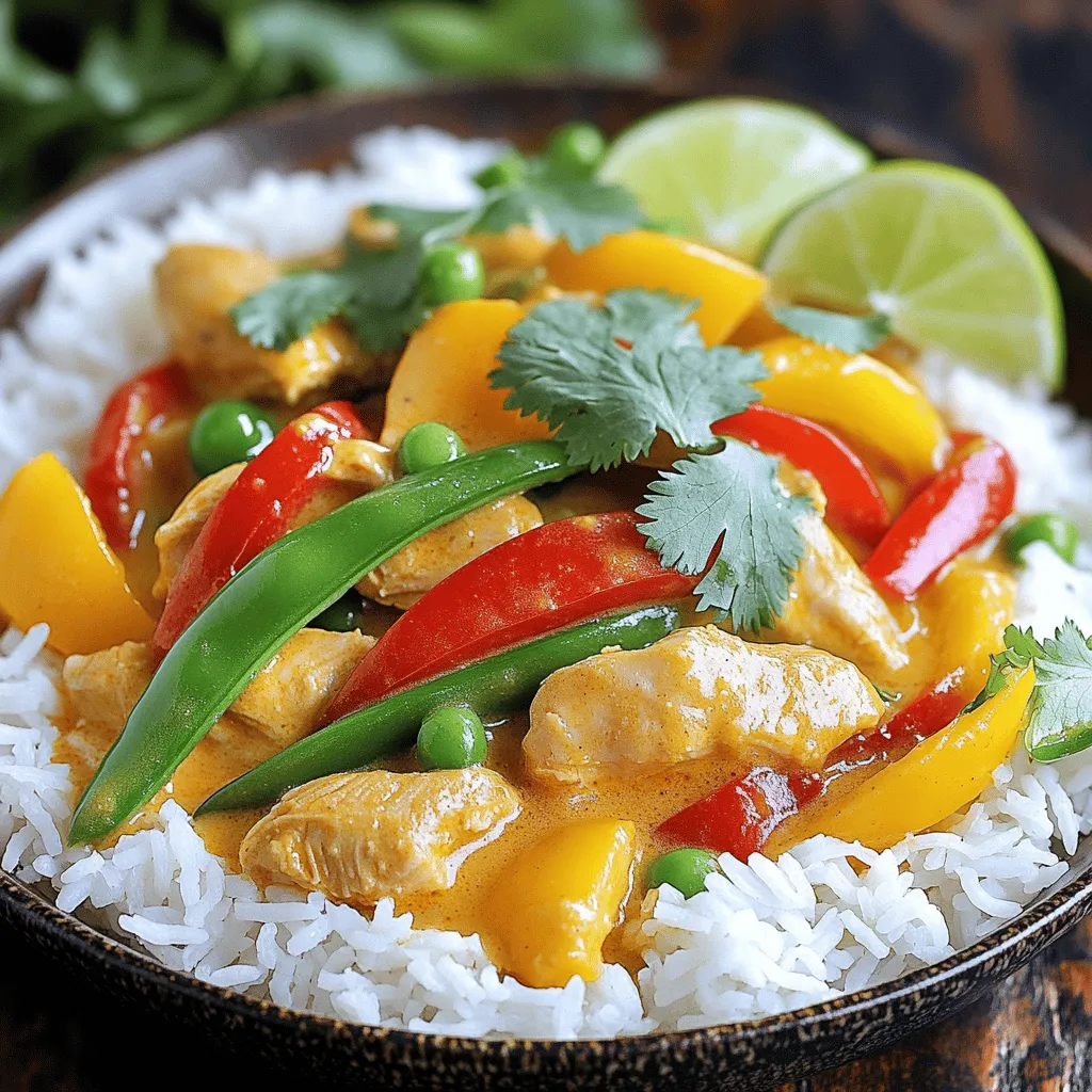 - 1 lb (450g) boneless, skinless chicken breast - 1 can (14 oz) full-fat coconut milk - 2 tablespoons red curry paste - 1 tablespoon coconut oil - 1 medium onion, finely chopped - 1 cup assorted bell peppers (red, yellow, and green) - Fresh cilantro leaves for garnish - Lime wedges for serving - Cooked jasmine rice Creating this Easy Thai Chicken Curry is a breeze with the right ingredients. You need fresh chicken breast, coconut milk, and red curry paste as your star players. These flavors blend to create a warm, comforting dish. The additional ingredients like coconut oil, onion, and colorful bell peppers add depth and a pop of color. I love using a mix of red, yellow, and green peppers. They not only taste great but also make the dish look appealing. If you want to elevate your meal, consider adding fresh cilantro leaves for a fresh finish. Lime wedges are perfect for squeezing over the dish, adding a bright kick. Serving it over fluffy jasmine rice gives you the perfect base to soak up all the delicious curry sauce. For the full recipe, you can check the detailed steps to bring this dish to life! - Heat coconut oil in a pot over medium-high heat. - Sauté onion until translucent. Stir it gently for about 3-4 minutes. This helps to build flavor. - Add garlic and ginger; sauté for one minute. - Stir in red curry paste and cook briefly. This step releases the rich aroma. - Add chicken and cook until browned. Make sure to turn the pieces often. - Pour in coconut milk, fish sauce, and brown sugar. Stir everything well to mix. - Incorporate bell peppers and sugar snap peas. - Simmer until vegetables are tender. This should take about 5-7 minutes. As you cook, the colors will brighten up. This curry not only tastes great but looks vibrant too! For the full recipe, refer to the detailed instructions above. To make your Easy Thai Chicken Curry shine, adjust the seasoning. You can add fish sauce for saltiness. If you prefer sweetness, try brown sugar. These tweaks can change the taste in a great way. After cooking, let the curry sit for a few minutes. This helps the flavors meld together. Trust me; it makes a big difference! Serve your curry over fluffy jasmine rice. This adds a nice texture. For a pop of color, sprinkle fresh cilantro on top. Lime wedges are a must! They add a burst of freshness. Squeeze some juice over your dish right before eating. This little touch brightens the flavors. Cook your curry on medium heat. This helps prevent burning and keeps it smooth. Stir occasionally to ensure even cooking. This way, the chicken and veggies cook through nicely. You want everything to blend well for that perfect bite. {{image_4}} You can easily change the protein in this dish. If you want a vegetarian meal, swap chicken for tofu. Tofu absorbs the sauce well and gives a nice texture. You can also use shrimp for a seafood twist. Shrimp cooks fast and adds a lovely flavor. If you prefer beef, it works too! Just make sure to cook it well until tender. Feel free to play with the vegetables in your curry. Carrots and broccoli add crunch and color. You can also toss in some fresh spinach for extra nutrients. Spinach wilts down nicely and blends well with the curry. Using a mix of veggies keeps your dish fresh and exciting! Adjust the heat to fit your taste buds. If you love spice, increase the red curry paste. A little more will give you a nice kick! If you prefer milder flavors, simply decrease the amount of curry paste. This way, you get a curry that suits your palate perfectly. Store any leftovers in an airtight container. This keeps your Easy Thai Chicken Curry fresh. You can keep it in the fridge for up to 3 days. Make sure to let it cool before sealing. If you want to save some for later, freeze it in individual portions. This makes meal prep easy. When you're ready to eat, just reheat it on the stove or in the microwave. When you reheat, add a splash of coconut milk. This keeps the curry creamy and rich. Stir well to evenly distribute the heat. Enjoy your meal just like it was fresh! Yes, it can be made ahead and stored. I often make a big batch on weekends. This way, I have quick meals ready for busy days. Just let it cool and place it in a container. You can keep it in the fridge for up to three days. Yes, if using gluten-free fish sauce. Many brands offer this option. Just check the label to be sure. You can also use soy sauce if you prefer. Add more red curry paste or fresh chili. I like to slice fresh chili peppers and toss them in at the end. This gives the dish a nice kick. You can also taste as you go to find your perfect level of heat. Best served with jasmine rice or naan bread. Jasmine rice soaks up the sauce well. Naan adds a fun twist and is great for dipping. Both choices make this meal even more enjoyable. This blog post shared a simple Thai chicken curry recipe that uses key ingredients like chicken, coconut milk, and red curry paste. You learned step-by-step instructions for cooking. I also shared tips on flavor and presentation to enhance your dish. Remember, you can adjust spice levels and swap proteins or veggies to match your taste. With these tools, you can create a delicious meal that will impress. Enjoy your cooking journey and make it your own!