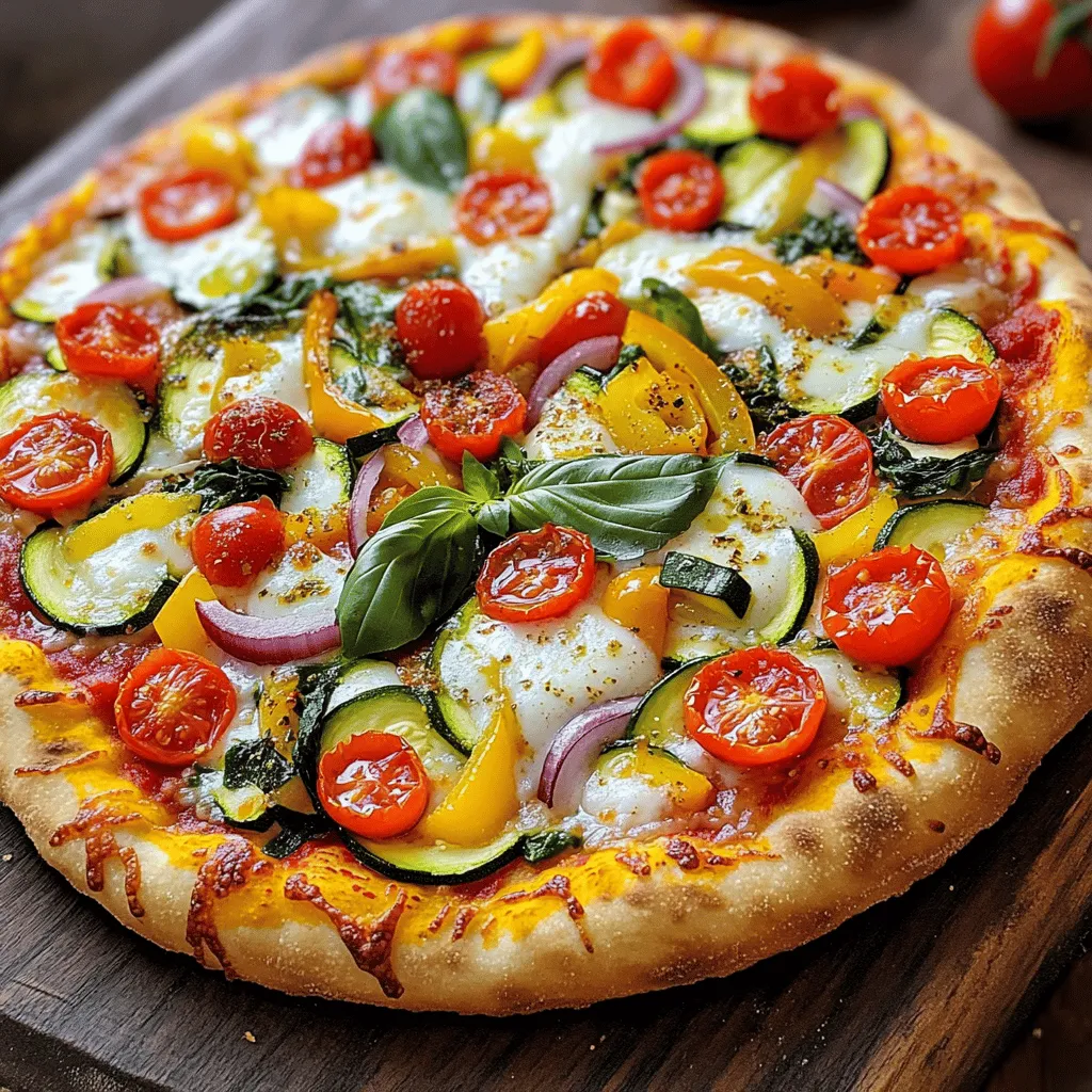 - Pre-made pizza crust - Pizza sauce - Shredded mozzarella cheese - Bell pepper - Zucchini - Cherry tomatoes - Red onion - Fresh baby spinach - Olive oil - Italian seasoning - Salt and pepper - Fresh basil leaves (optional) I love how simple this veggie pizza is! The ingredients come together to create a colorful and tasty dish. You can use a store-bought crust or make your own if you're feeling adventurous. For the sauce, pizza sauce works great, but you can also use pesto for a twist. The mozzarella cheese melts beautifully and creates a creamy layer over the veggies. Choose any color of bell pepper for a fun look. Zucchini adds a nice crunch, and cherry tomatoes burst with flavor. Slice up some red onion for a hint of sweetness. Fresh baby spinach adds a healthy touch and brightens up the pizza. Olive oil helps combine the flavors. Italian seasoning brings warmth and depth. Don't forget the salt and pepper to enhance everything. And if you want to make it extra special, add fresh basil leaves as a lovely garnish. This list of ingredients makes the Easy Veggie Pizza simple to prepare. You can find the detailed preparation steps in the Full Recipe section. 1. Preheat the Oven: Set your oven to 475°F (245°C). This heat makes a great crust. 2. Prepare the Crust: If you use a store-bought crust, roll it out and place it on a baking sheet. For homemade, shape it into a round on the prepared surface. Aim for an even thickness. 3. Spread Pizza Sauce: Take the pizza sauce and spread it evenly on the crust. Leave a half-inch border for the crust. 1. Sprinkle Mozzarella Cheese: Generously add shredded mozzarella cheese over the sauce. Cover it completely for a creamy taste. 2. Mix and Season Vegetables: In a bowl, mix the bell pepper, zucchini, cherry tomatoes, and red onion. Drizzle olive oil over the mix. Add Italian seasoning, salt, and pepper. Toss until coated. 3. Distribute on Pizza: Spread the seasoned veggies over the cheese. Make sure they cover the whole pizza for even cooking. 1. Add Spinach on Top: Scatter fresh baby spinach over the vegetables. This adds color and health. 2. Bake the Pizza: Place your pizza in the oven. Bake for 12-15 minutes until the crust is golden and the cheese melts. 3. Cool and Slice for Serving: After baking, carefully take the pizza out. Let it cool for a few minutes. This makes it easier to slice. Enjoy your Easy Veggie Pizza with friends or family! For the complete recipe, check the Full Recipe section above. To get a great crust, set your oven to 475°F (245°C). This high heat helps the crust cook well. Bake the pizza for about 12-15 minutes. Check it often to avoid burning. I suggest a crust thickness of about 1/4 inch. This thickness gives a nice balance between crunchy and chewy. Adding the right seasonings makes your pizza pop. I like to use Italian seasoning, garlic powder, and a pinch of red pepper flakes. These spices boost the taste without being too strong. For garnishes, fresh basil leaves are a great choice. You can also drizzle some balsamic glaze on top for a sweet touch. Use a pizza stone for the best results. It helps distribute heat evenly, making the crust crispier. If you don’t have one, a baking sheet works fine. Just line it with parchment paper. When it’s time to slice your pizza, a good pizza cutter is key. It makes clean cuts and keeps your toppings in place. For the full recipe, check out [Full Recipe]. {{image_4}} You can change up the veggies on your pizza. Seasonal vegetables add fresh flavors. In spring, try asparagus or peas. Summer is great for fresh tomatoes and bell peppers. In fall, use squash or mushrooms. You can also add proteins. Tofu is a fantastic choice. Cook it first for better texture. If you prefer meat, grilled chicken complements the veggies well. Don't feel stuck with just pizza sauce. Pesto is a tasty option, giving a herbaceous kick. Alfredo sauce can make your pizza creamy and rich. For cheese, mozzarella is classic, but you can swap in dairy-free cheese if that suits your diet. There are many brands with excellent meltability. If you're gluten-free, look for gluten-free pizza crusts. Many stores sell them now. You can also make your own with almond flour or cauliflower. For vegan options, use dairy-free cheese and skip any animal products. This way, you can enjoy a delicious pizza that fits your diet. Want to explore more ideas? Check out the Full Recipe for Easy Veggie Pizza! To keep your veggie pizza fresh, cool it down first. Let it sit at room temperature for no more than two hours. After that, it's time to store it. Use an airtight container to keep out air and moisture. If you don't have a container, wrap the pizza tightly in plastic wrap. This helps to avoid drying out and keeps the flavors intact. When you want to enjoy your leftover pizza, reheating it well is key. The best way to keep the crust crispy is to use a skillet. Heat the skillet over medium heat and place the slice in it. Cover it with a lid to warm the toppings and melt the cheese. If you prefer the oven, set it to 375°F (190°C) and bake for 10-15 minutes. This restores that fresh-baked taste! You can freeze both unbaked and baked pizzas. For unbaked, wrap the assembled pizza tightly in plastic wrap and then in foil. Label it with the date. For baked pizzas, slice it first for easy serving. Wrap slices in foil and place them in a freezer bag. When you’re ready to eat, thaw the pizza in the fridge overnight. For unbaked, bake directly from the freezer; just add a few extra minutes to the cooking time. Making Easy Veggie Pizza is quick and simple. It takes about 10 minutes to prep. Cooking in the oven takes around 12 to 15 minutes. In total, you can have a delicious pizza ready in about 25 minutes. Yes, you can swap out mozzarella for other cheeses. Cheddar adds a sharp flavor. Feta brings a nice tang. Goat cheese offers a creamy texture. Try different cheeses to find your favorite taste. You can add many quick toppings to your pizza. Sliced olives give a salty bite. Artichoke hearts add a unique flavor. Fresh herbs like oregano or thyme can enhance the taste. Even pineapple can add a sweet twist. Explore your fridge for fun options! For the full recipe, check the ingredients and instructions provided above. You can now make a tasty, easy veggie pizza at home. We've covered ingredients, preparation steps, and tips for the perfect bake. You learned about variations and how to store leftovers. Remember, you can swap veggies and sauces to fit your taste. This pizza is fun and flexible for everyone. Enjoy making it your own and impressing your friends and family! A homemade veggie pizza brings joy to any meal. Now, grab your ingredients and start creating this delicious dish!