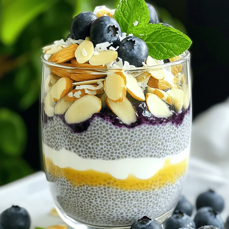 To make a tasty Blueberry Chia Pudding, gather these simple ingredients: - 1 cup almond milk (or alternative) - 1/4 cup chia seeds - 2 tablespoons maple syrup (or honey) - 1 teaspoon pure vanilla extract - 1 cup fresh blueberries (plus extras for garnish) - A pinch of sea salt - Optional toppings: sliced almonds, shredded coconut, fresh mint leaves These ingredients come together to create a healthy and delicious treat. Chia seeds are tiny but packed with nutrients. They help make the pudding creamy. Almond milk adds a nice flavor and keeps it dairy-free. Fresh blueberries bring sweetness and antioxidants to the mix. You can swap almond milk for coconut or oat milk if you prefer. Maple syrup gives a rich flavor, but honey works well too. The optional toppings add a fun crunch and flavor. You can mix and match to suit your taste. Once you have everything ready, you can dive into the full recipe and see how easy it is to create this delightful dish! Start by pouring 1 cup of almond milk into a medium bowl. Next, add 1/4 cup of chia seeds, 2 tablespoons of maple syrup, 1 teaspoon of vanilla extract, and a pinch of sea salt. Whisk the mixture thoroughly. This helps combine all the ingredients and removes any lumps. You want a smooth blend to ensure the pudding sets nicely. Now, gently fold in 1 cup of fresh blueberries. Use a spatula to mix them in. Be careful not to smash the berries. You want some whole blueberries to keep the texture and add bursts of flavor. They will look beautiful in the pudding and taste amazing! Cover the bowl with plastic wrap or transfer the mixture into jars. Place it in the fridge to chill. This step is vital. Chilling allows the chia seeds to hydrate and swell. It transforms the mix into a creamy pudding. Chill for at least 4 hours, but overnight is best for optimal texture. Once chilled, stir the pudding. If it feels too thick, add a splash of almond milk. Mix until you reach your desired consistency. Enjoy this healthy and delicious treat whenever you like! If your pudding is too thick, don’t worry! Just add a splash of almond milk. Stir well until you reach your desired texture. You can do this after chilling, too. The chia seeds soak up a lot of liquid, which is why it can thicken up. For a beautiful display, layer your pudding in a clear glass. This way, you can see the blueberries peeking through. It looks amazing! Just before serving, drizzle some maple syrup on top. This adds sweetness and makes your pudding shine. Chia seeds are little powerhouses. They have a lot of fiber, protein, and omega-3 fatty acids. Blueberries are rich in antioxidants, which are great for your body. Together, they make a healthy treat. You get nutrients and a tasty dessert all in one. {{image_4}} You can change up the milk for your blueberry chia pudding. Try using coconut milk for a rich, creamy taste. Oat milk works well too and adds a light sweetness. Nut milk, like cashew or hazelnut, can also add a nice twist. Each milk option gives the pudding its own unique flavor. If you want to switch up the sweetness, there are many options. Agave nectar offers a mild flavor that blends well. Stevia is another great choice for a low-calorie option. You can adjust the amount based on your taste. This way, you control the sweetness in your pudding. For extra flavor, consider adding spices or extracts. A pinch of cinnamon brings warmth to the dish. You can also use almond extract for a nutty twist. These simple additions make each bite exciting. Don't be afraid to experiment with flavors to find what you love. For the full recipe, check out the Blueberry Bliss Chia Pudding! To store your blueberry chia pudding, keep it in the fridge. Use a sealed container to keep it fresh. Make sure it’s airtight to prevent any odors from mixing. The pudding will stay tasty for you to enjoy later. Your chia pudding can last about 4 to 5 days in the fridge. After that, it may lose its nice texture. Always check for any signs of spoilage before eating. If it smells funny or has changed color, it’s best to throw it away. You can freeze chia pudding, but it may change in texture. To freeze, pour it into a freezer-safe container. Leave some space at the top for expansion. When you’re ready to eat, thaw it in the fridge overnight. Stir well before serving to bring back its creamy feel. For the best results, use it within a month. Enjoy your blueberry chia pudding any time with these easy storage tips! For the full recipe, check out the previous section. Making blueberry chia pudding is quick and easy. It takes about 10 minutes to prep. After that, you need to chill it for at least 4 hours. Chilling overnight is best for a creamy texture. Yes, you can use frozen blueberries! They work well in this recipe. Just remember they may make the pudding a bit runnier. If you prefer a thicker pudding, use fresh blueberries. Chia pudding is quite healthy. Chia seeds are high in fiber and omega-3 fatty acids. They can help with digestion and heart health. One serving has about 150 calories, depending on your ingredients. If you don’t have chia seeds, you can use flaxseeds. Ground flaxseeds will work as a good substitute. You can also try using tapioca pearls, but the texture will be different. Yes! This recipe is perfect for meal prep. You can make several servings at once. Store the pudding in airtight jars in the fridge. It will stay fresh for up to 5 days. Just remember to add toppings right before serving. For the full recipe, check out the Blueberry Bliss Chia Pudding. This blog post covered everything you need to make delicious blueberry chia pudding. We explored the full ingredient list and went through each step, from mixing to chilling. I also shared helpful tips on adjusting consistency and presentation. You learned about variations and how to store your pudding properly. In closing, chia pudding is easy, healthy, and versatile. Experiment with flavors and toppings to make it your own. Enjoy this fresh treat knowing it fuels your body!