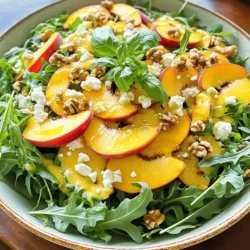 - 3 ripe peaches, sliced - 2 cups arugula or fresh greens - 1 tablespoon fresh basil, chopped - 1 tablespoon fresh mint, chopped - 1/4 cup feta cheese, crumbled - 1/4 cup walnuts, toasted and chopped - 2 tablespoons honey - 1 tablespoon extra virgin olive oil - 1 tablespoon apple cider vinegar - Salt and pepper to taste The key to this peach salad is fresh, ripe peaches. They add sweetness and juiciness. I love using a mix of arugula and fresh greens. The peppery arugula balances the sweet peaches well. Herbs like basil and mint bring freshness. They add a lovely aroma and flavor. For added richness, I use feta cheese. It gives a creamy texture that pairs beautifully with the peaches. Walnuts add a nice crunch and nutty flavor. They make the salad more satisfying. The honey dressing is simple yet delicious. It ties everything together. I use honey for sweetness, olive oil for richness, and apple cider vinegar for a tangy kick. A pinch of salt and pepper enhances all the flavors. This fresh and healthy mix is perfect for a light meal. You can find the full recipe above to guide you through the steps! First, grab a small bowl and whisk together the honey, olive oil, and apple cider vinegar. Add a pinch of salt and pepper. Make sure the mixture is smooth and well combined. Set it aside so the flavors can blend together. This honey dressing adds a sweet touch to the salad. Next, take a large salad bowl. Create a vibrant base with the arugula or your choice of fresh greens. Spread the greens evenly across the bottom. Now, artfully arrange the peach slices on top of the greens. Their natural beauty will really shine through. Sprinkle the crumbled feta cheese over the salad. This adds a creamy contrast to the juicy peaches. Now for the fun part! Add the toasted walnuts, scattering them across the salad for added crunch. Then, sprinkle the finely chopped basil and mint on top. These herbs bring a refreshing flavor to every bite. Just before serving, drizzle the honey dressing over the salad. This keeps the greens crisp. Finally, gently toss the salad with tongs. Make sure the peaches stay intact while the dressing coats everything evenly. Taste your creation and adjust the seasoning if needed. Add more salt or pepper to suit your taste. For the full recipe, refer to the Peach Paradise Salad instructions. Choose ripe peaches for the best taste. Look for peaches that feel slightly soft when you gently press them. They should smell sweet, indicating they are ready to eat. Avoid peaches with bruises or blemishes. The skin should be smooth and vibrant. Ripe peaches add natural sweetness that makes the salad shine. To make your salad stand out, try adding more herbs or spices. Fresh mint and basil work well, but don’t stop there! Consider adding a pinch of cayenne pepper for heat or a sprinkle of lemon zest for brightness. These small tweaks can surprise your taste buds and make each bite exciting. Serving matters. Use a large, shallow bowl to showcase the salad’s colors. Lay the greens down first, then artfully arrange peach slices on top. For the final touch, garnish with extra peach slices and fresh basil. This simple step makes the salad look inviting and enhances your dining experience. For the full recipe, check out the Peach Paradise Salad. {{image_4}} You can make this salad heartier by adding proteins. Grilled chicken gives a nice flavor. Shrimp also works well and adds a touch of elegance. Just cook the protein simply. Season with salt and pepper. Slice it and place on top of the salad. This way, you get a full meal in one bowl. If you want a twist, try different fruits. Nectarines can replace peaches. They offer a similar flavor but with a slight crunch. Strawberries are another great option. They add a sweet and juicy burst. Just slice them and layer them like the peaches. Your salad will still look beautiful and taste amazing. For a vegan version, swap out the feta cheese. Use a vegan cheese alternative instead. There are many options that melt well or crumble nicely. This keeps the salad creamy without dairy. You still enjoy all the flavors while keeping it plant-based. It's a great way to cater to different diets. You can find the full recipe to try these variations. To keep your peach salad fresh, always refrigerate it. Make sure to store the salad without dressing. This helps the greens stay crisp and the peaches juicy. Use an airtight container to prevent any odors from affecting your salad. Peach salad tastes best when fresh. Enjoy it within 1-2 days for the best flavor and texture. After this time, the peaches may become mushy and the greens wilt. Always check for freshness before eating leftovers. Store your honey dressing separately in the fridge. It can last for about a week when kept in an airtight container. If you want to use it again, just give it a quick whisk before drizzling it on your salad. This will keep your peach salad tasting fresh and delicious. For the full recipe, refer back to the main article. Yes, but fresh peaches are recommended for texture and flavor. Canned peaches may be softer and sweeter, changing the salad's overall taste. Fresh peaches provide a crisp bite and bright flavor that enhance the dish. When you bite into a fresh peach, the juice flows and adds to the experience. It’s worth it to choose fresh over canned! Yes, all ingredients are naturally gluten-free. This makes it a great option for those with gluten sensitivities. You can enjoy this salad without worrying about gluten. The mix of fresh fruits and greens keeps it light and healthy. Pre-make the dressing and chop ingredients, but assemble just before serving. This way, your salad stays fresh and crisp. Store the dressing in a jar in the fridge. You can also keep the chopped peaches and greens in separate containers. This method keeps everything ready for a quick meal. Great alongside grilled meats or as a light lunch on its own. The sweetness of peaches complements rich flavors like chicken or pork. You can enjoy it with grilled salmon or shrimp for a tasty meal. You can even serve it with crusty bread for a fuller lunch. This blog post covered a fresh peach salad that’s simple and tasty. You now know the best ingredients, easy steps, and useful tips. You can choose to add proteins or try different fruits. Remember to store leftovers carefully and serve fresh for the best taste. This salad pairs well with grilled meats or stands alone as a light meal. Enjoy creating your delicious peach salad!