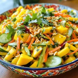 To make Thai mango salad, gather these fresh ingredients: - 2 ripe mangoes, peeled and cut into thin strips (julienned) - 1 cup freshly shredded carrots - 1 red bell pepper, cut into thin slices - 1 cucumber, julienned to match the mango - 1/4 cup fresh cilantro, finely chopped - 1/4 cup roasted peanuts, roughly crushed These colorful ingredients bring life to your salad. The mangoes will add sweetness, while the veggies give it a nice crunch. Now, for the condiments and dressings, you will need: - 2 tablespoons sesame oil - 2 tablespoons fresh lime juice - 1 tablespoon fish sauce (or soy sauce for a vegetarian version) - 1 tablespoon honey or agave syrup - Salt and freshly ground pepper to taste These ingredients create a zesty and savory dressing. The lime juice brightens the flavors, while the fish sauce adds depth. If you like a bit of heat, consider these optional ingredients: - 1 red chili, finely chopped Adding chili will give your salad an extra kick. Adjust the amount based on your spice preference. Enjoy crafting your vibrant Thai mango salad with these fresh, flavorful ingredients! For the complete instructions, check out the Full Recipe. Start by peeling two ripe mangoes. Cut them into thin strips, or julienne them. Next, shred one cup of fresh carrots. Slice one red bell pepper into thin pieces. Finally, julienne one cucumber to match the mango strips. Place all these colorful veggies into a large bowl. In a small bowl, mix two tablespoons of sesame oil with two tablespoons of fresh lime juice. Add one tablespoon of fish sauce. If you prefer a vegetarian version, use soy sauce. Then, stir in one tablespoon of honey or agave syrup. If you like spice, chop one red chili and add it. Whisk until the dressing is smooth and well-mixed. Drizzle the dressing over your salad mixture. Gently toss everything together, so each piece gets coated. Taste the salad and sprinkle with salt and freshly ground pepper. Let it sit for about 10 minutes. This helps all the flavors blend. Just before serving, fold in a quarter cup of chopped cilantro and a quarter cup of crushed roasted peanuts. Toss lightly one last time for a perfect finish. For the full recipe, feel free to check the detailed instructions. To make the best Thai mango salad, you need ripe mangoes. Look for mangoes that yield slightly to pressure. A ripe mango has a sweet scent. Avoid any with dark spots or wrinkles. For the best taste, use Haden or Tommy Atkins mangoes. They are bright, sweet, and juicy. You can add your favorite ingredients to suit your taste. Try adding sliced red onion for a bit of crunch. You can also include avocado for creaminess. Want more spice? Add extra chopped red chili. If you prefer a sweeter flavor, increase the honey. Feel free to mix in other veggies like cabbage or radishes too. Serve your Thai mango salad in a large bowl or on individual plates. This salad looks great with vibrant colors. For a fun twist, use glass bowls to show off the layers. Garnish with additional cilantro and crushed peanuts for extra flair. Pair it with grilled meats or seafood for a complete meal. You can also enjoy it with rice for a filling option. Check out the Full Recipe for more details! {{image_4}} You can easily make this salad vegetarian or vegan. Just swap the fish sauce for soy sauce. This keeps the flavor strong without any animal products. You can also replace honey with agave syrup for sweetness. These changes make the dish suitable for everyone. Want to make the salad heartier? Adding protein is a great idea. Grilled shrimp or chicken works well and brings extra flavor. For a plant-based option, try chickpeas or tofu. Just toss them in with the other ingredients. This adds texture and makes the salad a full meal. You can switch out ingredients based on what’s in season. In summer, try adding juicy tomatoes or corn. In fall, consider diced apples or pears for a sweet twist. These swaps keep the salad fresh and exciting throughout the year. Each season brings new flavors to explore. For the full recipe, check out the details above. After enjoying your Thai mango salad, store leftovers in an airtight container. This keeps it fresh and tasty. Place it in the fridge right away. It stays good for about two days. If you notice the mango getting too soft, eat it sooner. To keep your salad fresh, avoid adding the dressing until you are ready to eat. The dressing can make the salad soggy. Store the dressing separately in a small jar. When you're ready to serve, pour the dressing over the salad and toss. This keeps all the ingredients crisp and vibrant. I don't recommend freezing Thai mango salad. Freezing changes the texture of the mango and cucumber. They can become mushy and lose their fresh crunch. If you have extra ingredients, consider freezing the mango or other veggies separately. You can use them in smoothies or other dishes later. For the best taste, enjoy your salad fresh! The best mango for salad is the Ataulfo mango. It is small, sweet, and creamy. This mango has a thin skin and is easy to peel. You could also use Haden or Tommy Atkins mangoes. They are larger and have a firmer texture. Choose ripe mangoes that give slightly when pressed. Ripe mangoes add a nice sweetness to your salad. Yes, you can make Thai mango salad ahead of time. However, it is best to prepare the salad without the dressing first. Keep the salad in the fridge for up to four hours. When ready to serve, mix in the dressing. This keeps the mango and veggies fresh and crunchy. If you add the dressing too early, the salad may get soggy. Thai mango salad is full of vitamins and nutrients. Mangoes are high in vitamin C, which boosts your immune system. Carrots provide beta-carotene for good vision. Peppers add antioxidants that help fight disease. This salad is low in calories but high in fiber. Eating it can help with digestion. It is also refreshing and hydrating, making it a great summer dish. For a detailed recipe, check the Full Recipe. In this article, we explored how to create a delicious Thai mango salad. We covered fresh ingredients, condiments, and optional spices. You learned step-by-step how to prepare vegetables, make dressings, and combine flavors. We shared tips on choosing the best mango and customizing your dish. You also discovered various adaptations, storage methods, and answers to common questions. Thai mango salad is fun, healthy, and easy. Enjoy your cooking!