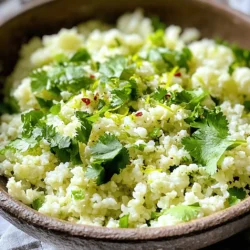 To make cilantro lime cauliflower rice, you need these simple ingredients: - Cauliflower - Olive oil - Garlic - Lime (zest and juice) - Fresh cilantro - Salt and pepper - Optional spices (cumin, chili flakes) These ingredients come together to create a fresh and zesty side dish. Cauliflower is the star here, acting as a low-carb base. It’s light and pairs well with many meals. You can easily swap some ingredients for your needs: - Alternative oils: Use avocado oil or coconut oil instead of olive oil. - Fresh herbs vs. dried: If you don’t have fresh cilantro, dried works too, but use less. - Low-sodium options: For a healthier choice, opt for low-sodium salt or skip it entirely. These swaps let you customize the dish while keeping it flavorful. For the full recipe, check out the detailed instructions. - Ricing the cauliflower: Begin by removing the outer leaves and stem from the cauliflower. Cut it into quarters. Use a box grater or food processor to rice the cauliflower until it looks like small grains. This step gives the dish its name and texture. - Preparing garlic and seasoning: Take one clove of garlic and finely mince it. Gather your lime, fresh cilantro, and any optional spices like cumin or chili flakes. Having everything ready makes cooking smooth and fun. - Heating the oil and sautéing garlic: In a large skillet, add two tablespoons of extra virgin olive oil. Heat it over medium heat. Once hot, add the minced garlic and sauté for about 30 seconds. Stir often to avoid burning. You want it fragrant, not brown. This brings out a lovely flavor. - Sautéing riced cauliflower: Carefully add the riced cauliflower into the skillet. Cook for 5 to 7 minutes while stirring occasionally. Aim for a tender texture but keep a little crunch. The cauliflower should remain bright white—overcooking will make it mushy. - Incorporating lime and cilantro: Once cooked, take the skillet off the heat. Stir in the zest and juice of one fresh lime along with the finely chopped cilantro. If using, add the cumin and chili flakes. Mix everything well to blend the flavors together. - Seasoning the dish: Taste your cauliflower rice. Season it with salt and freshly cracked black pepper to your liking. Adjust the seasoning to make it pop with flavor. - Serving suggestions: Transfer the zesty cauliflower rice to a serving bowl. Enjoy it right away as a bright side dish. You can also use it as a healthy base for grilled proteins or stews. For the full recipe, check out the detailed instructions to make this dish shine on your table! To sauté without burning, keep the heat at medium. Adding the garlic first is key. Cook it for about 30 seconds, stirring often. This gives it flavor without bitterness. When adding the riced cauliflower, stir every few minutes. Aim for about 5-7 minutes of cooking. You want tender rice with a slight crunch. If it turns brown, it cooks too long. For extra taste, consider some add-ins. You can try adding a pinch of cumin for warmth. Red chili flakes give heat if you like spice. Fresh lime juice and zest are must-haves for brightness. Balancing flavors is important. Taste as you go, and adjust salt and pepper to your liking. This will make every bite pop. Garnishing makes your dish more appealing. Try sprinkling extra cilantro on top. A lime wedge adds color and freshness. Serve the cauliflower rice in a shallow bowl for a nice look. You can pair it with grilled chicken or fish for a colorful plate. This makes it not just tasty, but beautiful too. For the full recipe, check out the details above. {{image_4}} Cilantro lime cauliflower rice is a great choice for many diets. It is both vegan and gluten-free. You can enjoy it without worry. For low-carb eaters, this dish fits perfectly. Cauliflower is a great substitute for rice. It gives you the texture you crave without all those carbs. You can easily switch up the flavor. Adding fruits like pineapple or mango brightens the dish. The sweetness of these fruits balances the lime nicely. You can also try different herbs like parsley or mint. Each herb adds its own twist, making it fun to experiment. This dish pairs well with proteins. Grilled chicken, shrimp, or tofu can make it a complete meal. You can also mix it into bowls or salads for added texture. It makes a colorful base for your favorite toppings. Think of it as a canvas for your culinary creativity! To keep your cilantro lime cauliflower rice fresh, place it in an airtight container. Make sure it cools to room temperature before sealing. Store it in the fridge for up to four days. For longer storage, you can freeze it. Use a freezer-safe container or a zip-top bag. Squeeze out as much air as possible before sealing. In the fridge, your cauliflower rice lasts about four days. If you freeze it, it can stay good for about three months. Always check for signs of spoilage. Look for an off smell, discoloration, or mushiness. If you see any of these, it’s best to throw it away. When you’re ready to enjoy your leftovers, reheating is easy. The best way is in a skillet over medium heat. Add a splash of water or a drizzle of olive oil to keep it moist. Stir it often for even heating. You can also use the microwave. Heat in short bursts, stirring in between, until hot. This helps maintain the texture and flavor, keeping your dish just as tasty as before. For the full recipe, check out the zesty cilantro lime cauliflower rice. Cilantro lime cauliflower rice is a fresh, tasty side dish. It uses riced cauliflower, which is simply cauliflower grated into small bits. This dish shines with a bright flavor from lime juice and zest. Fresh cilantro adds a lovely herbal note, making it fragrant. You cook it quickly with garlic and olive oil, keeping it light yet flavorful. Optional spices like cumin and chili flakes can add more depth and a little heat. This dish fits well with many meals. For the full recipe, check the details above. Yes, you can make this dish ahead of time. Prepare the cauliflower rice and store it in the fridge. It lasts about three days when sealed in an airtight container. You can also cook it the day before serving. Just reheat it gently in a skillet, adding a splash of lime juice for freshness. This makes it great for meal prep. You can quickly serve it with your main dishes. To change the spice level, adjust the optional spices. If you like heat, add more red chili flakes. For a milder option, skip them altogether. You can also add other spices like paprika or cayenne for different flavors. If you want a richer taste, try adding cumin. Start with a little and taste as you go. This way, you can find your perfect balance. This blog post covered a tasty recipe for Cilantro Lime Cauliflower Rice. We explored the ingredients, how to prepare them, and steps for cooking. I shared tips to improve your cooking techniques and flavor. You can also make easy variations and meal prep tips. In the end, this dish offers flexibility for different diets and flavors. Enjoy experimenting with it!