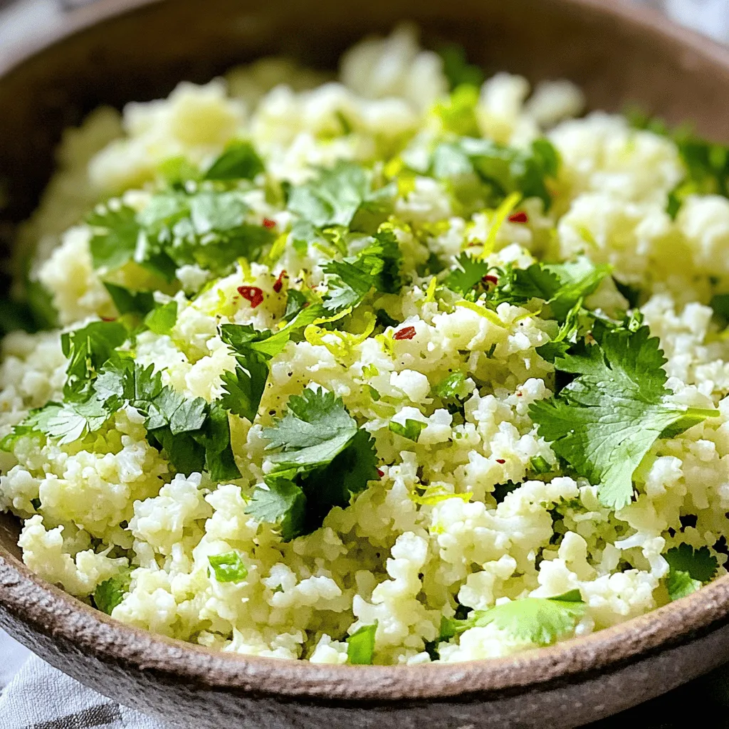 To make cilantro lime cauliflower rice, you need these simple ingredients: - Cauliflower - Olive oil - Garlic - Lime (zest and juice) - Fresh cilantro - Salt and pepper - Optional spices (cumin, chili flakes) These ingredients come together to create a fresh and zesty side dish. Cauliflower is the star here, acting as a low-carb base. It’s light and pairs well with many meals. You can easily swap some ingredients for your needs: - Alternative oils: Use avocado oil or coconut oil instead of olive oil. - Fresh herbs vs. dried: If you don’t have fresh cilantro, dried works too, but use less. - Low-sodium options: For a healthier choice, opt for low-sodium salt or skip it entirely. These swaps let you customize the dish while keeping it flavorful. For the full recipe, check out the detailed instructions. - Ricing the cauliflower: Begin by removing the outer leaves and stem from the cauliflower. Cut it into quarters. Use a box grater or food processor to rice the cauliflower until it looks like small grains. This step gives the dish its name and texture. - Preparing garlic and seasoning: Take one clove of garlic and finely mince it. Gather your lime, fresh cilantro, and any optional spices like cumin or chili flakes. Having everything ready makes cooking smooth and fun. - Heating the oil and sautéing garlic: In a large skillet, add two tablespoons of extra virgin olive oil. Heat it over medium heat. Once hot, add the minced garlic and sauté for about 30 seconds. Stir often to avoid burning. You want it fragrant, not brown. This brings out a lovely flavor. - Sautéing riced cauliflower: Carefully add the riced cauliflower into the skillet. Cook for 5 to 7 minutes while stirring occasionally. Aim for a tender texture but keep a little crunch. The cauliflower should remain bright white—overcooking will make it mushy. - Incorporating lime and cilantro: Once cooked, take the skillet off the heat. Stir in the zest and juice of one fresh lime along with the finely chopped cilantro. If using, add the cumin and chili flakes. Mix everything well to blend the flavors together. - Seasoning the dish: Taste your cauliflower rice. Season it with salt and freshly cracked black pepper to your liking. Adjust the seasoning to make it pop with flavor. - Serving suggestions: Transfer the zesty cauliflower rice to a serving bowl. Enjoy it right away as a bright side dish. You can also use it as a healthy base for grilled proteins or stews. For the full recipe, check out the detailed instructions to make this dish shine on your table! To sauté without burning, keep the heat at medium. Adding the garlic first is key. Cook it for about 30 seconds, stirring often. This gives it flavor without bitterness. When adding the riced cauliflower, stir every few minutes. Aim for about 5-7 minutes of cooking. You want tender rice with a slight crunch. If it turns brown, it cooks too long. For extra taste, consider some add-ins. You can try adding a pinch of cumin for warmth. Red chili flakes give heat if you like spice. Fresh lime juice and zest are must-haves for brightness. Balancing flavors is important. Taste as you go, and adjust salt and pepper to your liking. This will make every bite pop. Garnishing makes your dish more appealing. Try sprinkling extra cilantro on top. A lime wedge adds color and freshness. Serve the cauliflower rice in a shallow bowl for a nice look. You can pair it with grilled chicken or fish for a colorful plate. This makes it not just tasty, but beautiful too. For the full recipe, check out the details above. {{image_4}} Cilantro lime cauliflower rice is a great choice for many diets. It is both vegan and gluten-free. You can enjoy it without worry. For low-carb eaters, this dish fits perfectly. Cauliflower is a great substitute for rice. It gives you the texture you crave without all those carbs. You can easily switch up the flavor. Adding fruits like pineapple or mango brightens the dish. The sweetness of these fruits balances the lime nicely. You can also try different herbs like parsley or mint. Each herb adds its own twist, making it fun to experiment. This dish pairs well with proteins. Grilled chicken, shrimp, or tofu can make it a complete meal. You can also mix it into bowls or salads for added texture. It makes a colorful base for your favorite toppings. Think of it as a canvas for your culinary creativity! To keep your cilantro lime cauliflower rice fresh, place it in an airtight container. Make sure it cools to room temperature before sealing. Store it in the fridge for up to four days. For longer storage, you can freeze it. Use a freezer-safe container or a zip-top bag. Squeeze out as much air as possible before sealing. In the fridge, your cauliflower rice lasts about four days. If you freeze it, it can stay good for about three months. Always check for signs of spoilage. Look for an off smell, discoloration, or mushiness. If you see any of these, it’s best to throw it away. When you’re ready to enjoy your leftovers, reheating is easy. The best way is in a skillet over medium heat. Add a splash of water or a drizzle of olive oil to keep it moist. Stir it often for even heating. You can also use the microwave. Heat in short bursts, stirring in between, until hot. This helps maintain the texture and flavor, keeping your dish just as tasty as before. For the full recipe, check out the zesty cilantro lime cauliflower rice. Cilantro lime cauliflower rice is a fresh, tasty side dish. It uses riced cauliflower, which is simply cauliflower grated into small bits. This dish shines with a bright flavor from lime juice and zest. Fresh cilantro adds a lovely herbal note, making it fragrant. You cook it quickly with garlic and olive oil, keeping it light yet flavorful. Optional spices like cumin and chili flakes can add more depth and a little heat. This dish fits well with many meals. For the full recipe, check the details above. Yes, you can make this dish ahead of time. Prepare the cauliflower rice and store it in the fridge. It lasts about three days when sealed in an airtight container. You can also cook it the day before serving. Just reheat it gently in a skillet, adding a splash of lime juice for freshness. This makes it great for meal prep. You can quickly serve it with your main dishes. To change the spice level, adjust the optional spices. If you like heat, add more red chili flakes. For a milder option, skip them altogether. You can also add other spices like paprika or cayenne for different flavors. If you want a richer taste, try adding cumin. Start with a little and taste as you go. This way, you can find your perfect balance. This blog post covered a tasty recipe for Cilantro Lime Cauliflower Rice. We explored the ingredients, how to prepare them, and steps for cooking. I shared tips to improve your cooking techniques and flavor. You can also make easy variations and meal prep tips. In the end, this dish offers flexibility for different diets and flavors. Enjoy experimenting with it!