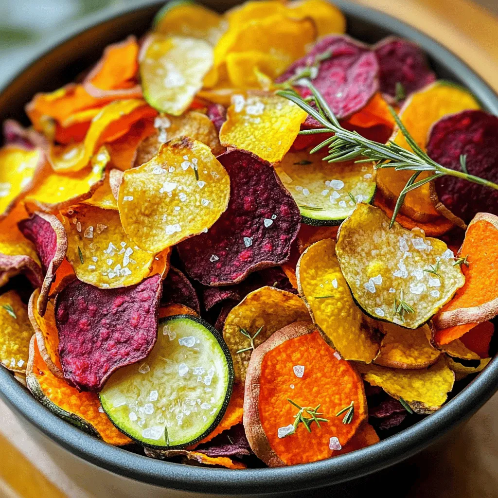 - 1 large carrot, peeled and thinly sliced - 1 medium sweet potato, peeled and thinly sliced - 1 medium beet, peeled and thinly sliced - 1 medium zucchini, sliced into thin rounds I love using fresh vegetables for my air fryer veggie chips. Carrots add a nice crunch and sweetness. Sweet potatoes bring a rich flavor and vibrant color. Beets provide earthiness and a stunning hue. Zucchini keeps the chips light and airy. Thin slices ensure they cook evenly. - 2 tablespoons olive oil - 1 teaspoon garlic powder - 1 teaspoon smoked paprika - Sea salt and freshly cracked black pepper to taste Seasoning is key! Olive oil helps the spices stick to the veggies. Garlic powder adds a savory taste. Smoked paprika gives a hint of smokiness that I adore. Sea salt and black pepper enhance all the flavors. - Fresh herbs (such as rosemary or thyme) for garnish Garnishes can elevate your chips. Fresh herbs add a burst of aroma and flavor. I recommend rosemary or thyme for a fresh touch. You can skip the garnish, but I think it makes a nice presentation. Now that you have the ingredients, let’s get ready for a tasty snack! For the full recipe, check out the detailed steps. Cleaning and Peeling Start by washing the carrot, sweet potato, and beet under cold water. Use a peeler to remove the skins. This step helps remove dirt and makes your chips taste fresh. Slicing Techniques Slice all veggies into thin rounds, about 1/8 inch thick. I like using a mandoline or a sharp knife. Thin slices cook evenly, giving you that perfect crispiness. Mixing Ingredients In a large bowl, add the sliced veggies. Drizzle with two tablespoons of olive oil. Sprinkle in one teaspoon of garlic powder, one teaspoon of smoked paprika, sea salt, and black pepper. Ensuring Even Coating Toss the vegetables gently. Make sure every slice gets a nice coating of oil and spices. This step is key for great flavor and crunch. Preheating the Air Fryer Set your air fryer to 375°F (190°C). Let it preheat for about 3-5 minutes. This helps to create that crispy texture. Air Frying Process Place the seasoned veggie slices in the air fryer basket. Make sure to lay them out in a single layer. Avoid overcrowding. You may need to work in batches for the best results. Monitoring Cooking Time Air fry the chips for 10-15 minutes. Shake the basket halfway through cooking. Keep an eye on them, especially the thinner slices, as they can cook faster than the others. Enjoy the smell as they crisp up! To make the best veggie chips, slice your vegetables thin. Thin slices cook evenly and crisp up perfectly. Aim for about 1/8 inch thick for the best results. Use a mandoline or a sharp knife for this task. Place the veggie slices in the air fryer basket without stacking them. Proper air fryer placement is key. When air can circulate freely, your chips will turn out crispier. You can change the flavor of your chips easily. Try adding different spices like chili powder or cumin. These can add a nice kick. Also, mix different vegetables for a variety of flavors and colors. Carrots, zucchini, and sweet potatoes work well together. Experiment with herbs too. Fresh rosemary or thyme can elevate your chips. Just toss them in before air frying for a burst of flavor. Avoid overcrowding the air fryer. Cooking in batches ensures even cooking. If you stack the chips, some may stay soggy. Timing is also important. Different vegetables have different cooking times. For example, sweet potatoes may take longer than zucchini. Keep an eye on them, especially the thinner slices. Shake the basket halfway through to help them cook evenly. For the full recipe, check the Crispy Air Fryer Veggie Chips section. Enjoy making this tasty snack! {{image_4}} Using seasonal veggies keeps your chips fresh and tasty. In spring, you can use young carrots and asparagus. They add a sweet crunch. Try adding radishes for a nice peppery kick. In fall, root vegetables shine. Sweet potatoes and beets are great. They bring sweetness and color. Butternut squash also makes a wonderful chip. Each season offers new flavors to explore. To spice things up, try a spicy variation. Mix chili powder with your regular seasonings. This will give your chips a nice heat. If you love bold flavors, add cayenne pepper too. For a herbed option, use dried herbs like oregano or thyme. These add a lovely aroma. You can also mix fresh herbs into your chips after cooking. This gives a bright finish. Pair your veggie chips with tasty dips. Hummus is a classic choice. It’s creamy and rich. You can also serve them with tzatziki for a cooling effect. For creative plating, arrange chips in a colorful pattern. Use a big white plate to make the colors pop. Add some fresh herbs or a sprinkle of sea salt on top. This makes your snack look as good as it tastes. - Airtight Containers: Store your veggie chips in an airtight container. This keeps them fresh and crunchy. Use a glass jar or a plastic container with a tight lid. Avoid bags that let air in. - Refrigeration Tips: If you live in a humid area, consider refrigerating the chips. This helps prevent moisture from making them soggy. Just let them cool before sealing them in a container. - Keeping Chips Crispy: To reheat, use the air fryer. Heat it to 350°F (175°C) for about 3-5 minutes. This brings back their crunch without making them soft. - Microwave vs. Oven Method: The microwave can make them chewy. If you use it, heat them for short bursts. The oven is better but takes longer. Set it to 350°F (175°C) and check every few minutes. - When to Discard: Eat them within a week for the best taste. If they lose their crunch, it's time to throw them away. - Signs of Staleness: If your chips feel soft or have an off smell, discard them. Fresh veggie chips should be crispy and fragrant. For a detailed guide on making these delicious snacks, check the Full Recipe. It takes about 30 minutes to make air fryer veggie chips. This includes 10 minutes for prep and around 15 minutes for cooking. Preheating the air fryer takes about 3 to 5 minutes. You can use frozen vegetables, but they may not be as crispy. Frozen veggies have more moisture, which can affect how they cook. If using frozen, adjust the cooking time. Check them at 12 minutes to see if they are crispy. If the veggie chips are not crispy, there are a few fixes. First, make sure your slices are thin. Thicker slices won’t crisp up well. Second, avoid overcrowding the air fryer. This keeps the hot air flowing. Lastly, try cooking them a bit longer. Just keep an eye on them to prevent burning. For the full recipe, check out the Crispy Air Fryer Veggie Chips. Making air fryer veggie chips is easy and fun. We covered key ingredients like carrots, sweet potatoes, and tasty seasonings. I shared step-by-step instructions to prepare, season, and cook these healthy snacks. You can customize flavors and serve them creatively. Remember to store them properly to keep them fresh. With a few simple tips, you'll enjoy perfect, crispy veggie chips anytime. Dive into this healthy snack, and enjoy exploring all the flavors and variations you can create!