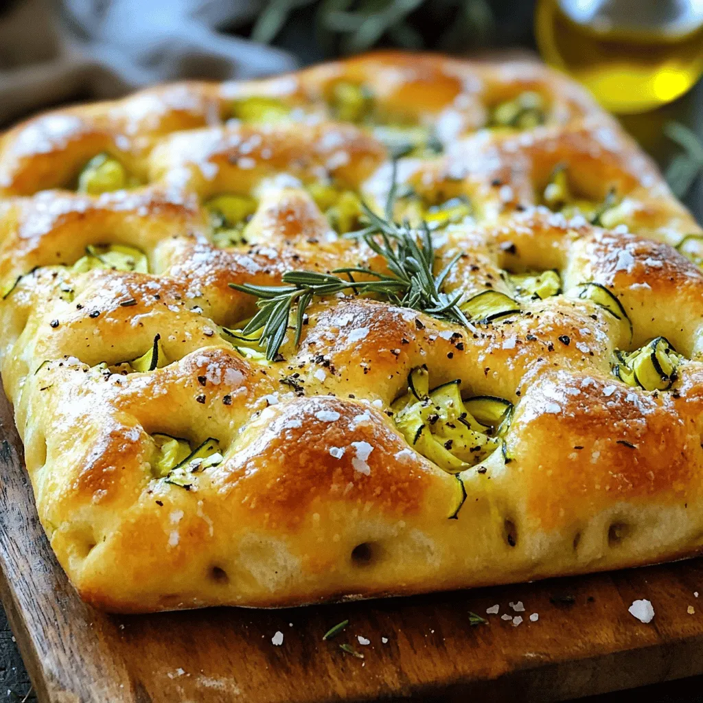 To make a delicious Zucchini Herb Focaccia, you'll need some key ingredients. Here’s what you should gather: - 2 cups all-purpose flour - 1 cup grated zucchini (squeeze out excess moisture) - 1 cup warm water (approximately 110°F/43°C) - 2 teaspoons active dry yeast - 1 tablespoon honey - 1/4 cup olive oil (plus extra for drizzling) - 1 teaspoon salt These ingredients form the base of your focaccia. The flour gives structure, while the zucchini adds moisture and flavor. Herbs bring life to this focaccia. You will need: - 1 tablespoon fresh rosemary, finely chopped - 1 tablespoon fresh thyme, finely chopped - Sea salt (for topping) - Cracked black pepper (for topping) Rosemary and thyme enhance the taste, making each bite fragrant and fresh. The sea salt and pepper add a nice crunch and zest. Want to kick it up a notch? Consider these optional ingredients: - Additional herbs like oregano or basil - Sliced olives or sun-dried tomatoes - Grated cheese like Parmesan or mozzarella These options let you customize your focaccia. Add what you love to make it your own. For the complete recipe, check out the full recipe. To start, you need to activate the yeast. Take a small bowl and mix warm water, active dry yeast, and honey. This mixture is key. Let it sit for about 5 to 10 minutes. You want it to look frothy and bubbly. This shows that the yeast is alive and ready to work its magic. Next, grab a large mixing bowl. In it, whisk together all-purpose flour, salt, grated zucchini, fresh rosemary, and thyme. Make sure to mix well. This helps distribute the herbs evenly. After that, pour in the frothy yeast mixture and olive oil. Use a spoon or spatula to stir until a shaggy dough forms. You will see the zucchini and herbs mixed in nicely. Now, it’s time to knead the dough. Lightly flour a clean surface and turn the dough out onto it. Use your hands to knead for about 5 to 7 minutes. If the dough is sticky, add a bit of flour as you work. You want it to become smooth and elastic. Once kneaded, shape it into a ball. Place it in a greased bowl and turn it to coat with oil. Cover the bowl with a damp cloth. Let it rise in a warm area for about 1 hour. You will notice it has doubled in size. This step is crucial for a light and airy focaccia. For more details, you can check the Full Recipe for Zucchini Herb Focaccia. To get the perfect dough for your zucchini herb focaccia, focus on the moisture. Make sure to squeeze out excess water from the grated zucchini. This step keeps the dough from becoming too wet. When mixing your ingredients, the dough should feel sticky but manageable. If it’s too dry, add a splash of warm water. If too wet, sprinkle in a bit more flour. You want a smooth texture that holds its shape. Preheat your oven to 425°F (220°C) before baking. An even temperature ensures your focaccia rises well and bakes evenly. Use an oven thermometer if you can, as some ovens can be off. Place your baking sheet in the middle of the oven for consistent heat. This position helps the focaccia brown nicely without burning the bottom. When it’s time to serve, add a drizzle of olive oil on top. It enhances the look and flavor. Sprinkle some fresh herbs for color. Serve the focaccia on a wooden cutting board for a rustic touch. Cut it into squares for easy sharing. This presentation makes it look inviting and appealing to your guests. For the full recipe, check the main article. {{image_4}} You can switch up the herbs in your focaccia. Try using basil, oregano, or parsley. These herbs add fresh flavors and can change the taste. Mix and match to find your favorite blend. You can even use dried herbs if fresh ones are not available. Just remember to use less of them, as dried herbs are stronger. Adding more veggies can make your focaccia even better. Chopped sun-dried tomatoes, olives, or bell peppers work well. These veggies add color and taste, making your bread unique. Cheese is another great option. Feta, mozzarella, or parmesan gives a nice creamy texture. Just sprinkle some on top before baking for a cheesy delight. For a gluten-free version, you can use gluten-free flour blends. These blends often contain rice flour, tapioca, or almond flour. Just make sure the blend has xanthan gum to help it rise. Follow the same steps as the original recipe for the best results. You can still enjoy tasty focaccia without gluten! For the full recipe, check the section above. To keep your zucchini herb focaccia fresh, store it in an airtight container. You can use a resealable bag too. Make sure it cools completely before sealing. This way, it stays moist and tasty. If you have a lot left, slice it into pieces for easier storage. When you’re ready to enjoy your focaccia again, reheating is key. Preheat your oven to 350°F (175°C). Place the focaccia on a baking sheet. Heat for about 10 minutes or until warm. This method keeps the crust nice and crispy. You can also microwave it for about 15-20 seconds, but it may get soft. If you want to store focaccia for a longer time, freezing works well. Wrap the cooled focaccia tightly in plastic wrap, then place it in a freezer bag. Label it with the date. It can last for about three months in the freezer. When you’re ready to eat, thaw it in the fridge overnight. After that, reheat it as mentioned above. Enjoy your homemade delight even after some time! For the full recipe, check out the full recipe link provided. You can tell focaccia is done by its golden color. The crust should look crisp and firm. A good way to check is to tap the bottom. If it sounds hollow, it is ready. The aroma will also fill your kitchen, making it hard to resist! Yes, you can use whole wheat flour. It gives a nutty flavor and adds fiber. I recommend mixing half whole wheat with half all-purpose flour. This mix helps with texture and keeps it light. Whole wheat flour absorbs more liquid, so adjust your water a bit. To boost flavor, try adding more herbs. Oregano, basil, or even garlic powder work great. You can also mix in cheese like feta or parmesan for a savory kick. Don’t forget to drizzle flavored oils like garlic oil before serving! For more details, check the Full Recipe. Zucchini herb focaccia is a fun and tasty dish. We covered key ingredients, simple steps, and useful tips. Variations let you explore flavors with ease. Storing leftovers and reheating keeps your focaccia delicious. Remember, practice makes perfect. Enjoy creating your own, and don't be afraid to customize!