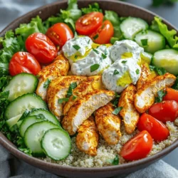 - 1 pound boneless, skinless chicken breast - 2 tablespoons extra virgin olive oil - 1 tablespoon ground cumin - 1 tablespoon smoked paprika - 1 teaspoon ground turmeric - 1 teaspoon garlic powder - 1 teaspoon ground cinnamon - Salt and freshly cracked black pepper - 1 cup cooked quinoa or brown rice - 1 cup cherry tomatoes, halved - 1 cucumber, diced - 1 cup fresh lettuce, shredded - ¼ cup creamy hummus - ¼ cup refreshing tzatziki sauce - Fresh parsley for garnish I love using fresh ingredients to make this meal shine. For the chicken, I prefer boneless and skinless breasts. They cook quickly and stay juicy. Olive oil brings a lovely richness to the chicken. The spices—like cumin and smoked paprika—add warmth and depth of flavor. Turmeric, garlic powder, and cinnamon round out the spice mix. Each one adds a unique taste that makes the chicken special. Don't forget to season well with salt and black pepper for balance. For serving, I recommend quinoa or brown rice as the base. They are filling and healthy. Fresh veggies like cherry tomatoes and cucumber bring crunch and color. Shredded lettuce adds a nice texture. Lastly, creamy hummus and tzatziki sauce brighten up the bowl. Fresh parsley on top adds a pop of color. Each bite is a blend of flavors and textures that makes this meal delightful. For the full recipe, check out the detailed instructions. Enjoy cooking! First, grab a large mixing bowl. Add the sliced chicken breasts to the bowl. Drizzle in the olive oil. Sprinkle the ground cumin, smoked paprika, turmeric, garlic powder, ground cinnamon, and salt and pepper over the chicken. Mix everything well using your hands or a spoon. Make sure the chicken pieces are fully coated in the spice blend. This step is key for flavor. Next, heat a large skillet over medium-high heat. When the skillet is hot, add the marinated chicken strips. Lay them in a single layer for even cooking. Sauté the chicken for about 7-10 minutes. Stir it occasionally to cook it evenly. You’ll know it’s done when the chicken is golden brown and no longer pink in the center. This juicy chicken will be the star of your bowl. While the chicken cooks, prepare your serving bowls. Start with a layer of cooked quinoa or brown rice as the base in each bowl. Once the chicken is perfectly cooked, remove it from the skillet. Portion the sautéed chicken over the quinoa or rice. Next, add the halved cherry tomatoes, diced cucumber, and shredded lettuce on top of the chicken for a fresh crunch. To finish, add a generous dollop of creamy hummus and refreshing tzatziki sauce on each bowl. Sprinkle freshly chopped parsley for a vibrant touch. This is where your easy chicken shawarma bowls come to life! For the full recipe, check out the details above. To make your chicken shawarma flavorful, marinate the chicken first. Mix the chicken with olive oil and spices. Let it sit for at least 30 minutes. This allows the spices to soak in. For cooking, use a hot skillet. This helps achieve a nice golden-brown color. Cook until the chicken is no longer pink inside. This should take about 7-10 minutes. Stir the chicken occasionally for even cooking. For a lovely bowl, arrange your ingredients neatly. Start with the base of quinoa or rice. Then, layer the cooked chicken on top. Add halved cherry tomatoes and diced cucumber next. Finish with shredded lettuce for crunch. To make it pop, add a dollop of creamy hummus and tzatziki sauce. Fresh parsley on top adds a nice touch. You can even serve lemon wedges on the side. This gives a fresh zest when squeezed over the dish. If you have leftovers, store them in airtight containers. This keeps the chicken and veggies fresh. You can keep them in the fridge for up to three days. When reheating, use a skillet over low heat. This helps retain flavor and keeps the chicken juicy. Avoid using the microwave, as it can dry out the chicken. Enjoy your easy chicken shawarma bowls anytime! For the full recipe, check out the link provided. {{image_4}} You can change the main protein in this dish. Try using beef or tofu instead of chicken. Beef adds a rich taste, while tofu is great for a vegetarian option. If you want a different base, consider couscous or salad greens. Couscous has a fluffy texture, while salad greens add a fresh crunch. To boost the flavor, add spices like coriander or cayenne pepper. These spices bring warmth and depth to your meal. You can also try optional toppings like feta cheese or olives. Feta adds creaminess, and olives give a briny flavor that pairs well with the dish. If you need a gluten-free option, use quinoa or rice as your base. Both are naturally gluten-free and hearty. For a vegetarian adaptation, just swap out the chicken for chickpeas. They are packed with protein and will fill you up nicely. For the full recipe, check out the [Full Recipe]. Leftovers from your chicken shawarma bowls last about three to four days. To store them, place the chicken and veggies in an airtight container. This keeps them fresh and safe to eat. Make sure to let the meal cool before sealing the container. This helps avoid moisture buildup, which can spoil your food faster. To freeze chicken shawarma, let the meal cool completely. You can freeze the chicken and veggies together or separately. Use freezer-safe bags or containers. This prevents freezer burn. For best results, consume within three months. When you’re ready to eat, thaw the meal overnight in the fridge. This keeps the chicken juicy and the veggies crisp. Reheat chicken shawarma bowls in the microwave or skillet. If using a microwave, heat in short bursts. Stir between each burst to ensure even heating. If you prefer a skillet, warm the chicken on medium heat for about five minutes. Add a splash of water to maintain moisture. This keeps your chicken tender and your veggies fresh. Enjoy your tasty meal! To make chicken shawarma at home, start with boneless chicken. Mix olive oil and spices in a bowl. Coat the chicken well and let it marinate for at least 30 minutes. Heat a skillet on medium-high and cook the chicken until it’s golden brown and cooked through. Serve it over a base of quinoa or rice, topped with veggies and sauces. For the detailed steps, check the Full Recipe. Yes, you can use chicken thighs instead of breasts. Thighs have more fat, making them juicier. Adjust cooking time slightly, as thighs may take longer to cook. The flavor will be rich and delicious, perfect for your shawarma bowls. You can serve chicken shawarma bowls with a variety of sides. Fresh pita bread is a great choice. You might also like roasted vegetables or a side salad. Pickles and olives add a nice tang, too. They all pair well with the flavors of the dish. To make this recipe gluten-free, simply use quinoa or rice as your base. Ensure your sauces, like tzatziki and hummus, are gluten-free. Most store-bought versions are, but always check the labels. This way, you can enjoy the dish without worries. The best sides for a chicken shawarma bowl include fresh vegetables like cucumbers and tomatoes. You can also serve it with a tangy salad or a side of hummus. Consider adding a light yogurt sauce for extra creaminess. These sides enhance the meal's flavor and freshness. This blog post covered how to make delicious chicken shawarma bowls. We discussed key ingredients like chicken, spices, and fresh veggies. I shared step-by-step instructions to prepare the chicken and assemble the bowls. You learned helpful tips for presentation and meal prep. Variations show you can swap ingredients or adapt for diets. Remember to store leftovers properly, so you can enjoy them later. With these steps, you can create tasty meals. Enjoy your cooking adventure and impress your family with these easy dishes!