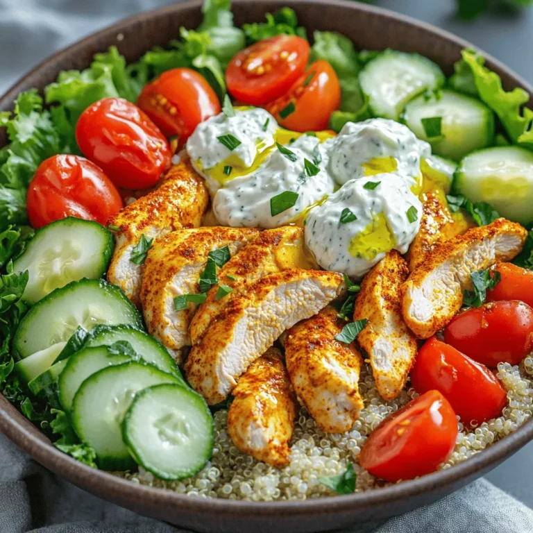- 1 pound boneless, skinless chicken breast - 2 tablespoons extra virgin olive oil - 1 tablespoon ground cumin - 1 tablespoon smoked paprika - 1 teaspoon ground turmeric - 1 teaspoon garlic powder - 1 teaspoon ground cinnamon - Salt and freshly cracked black pepper - 1 cup cooked quinoa or brown rice - 1 cup cherry tomatoes, halved - 1 cucumber, diced - 1 cup fresh lettuce, shredded - ¼ cup creamy hummus - ¼ cup refreshing tzatziki sauce - Fresh parsley for garnish I love using fresh ingredients to make this meal shine. For the chicken, I prefer boneless and skinless breasts. They cook quickly and stay juicy. Olive oil brings a lovely richness to the chicken. The spices—like cumin and smoked paprika—add warmth and depth of flavor. Turmeric, garlic powder, and cinnamon round out the spice mix. Each one adds a unique taste that makes the chicken special. Don't forget to season well with salt and black pepper for balance. For serving, I recommend quinoa or brown rice as the base. They are filling and healthy. Fresh veggies like cherry tomatoes and cucumber bring crunch and color. Shredded lettuce adds a nice texture. Lastly, creamy hummus and tzatziki sauce brighten up the bowl. Fresh parsley on top adds a pop of color. Each bite is a blend of flavors and textures that makes this meal delightful. For the full recipe, check out the detailed instructions. Enjoy cooking! First, grab a large mixing bowl. Add the sliced chicken breasts to the bowl. Drizzle in the olive oil. Sprinkle the ground cumin, smoked paprika, turmeric, garlic powder, ground cinnamon, and salt and pepper over the chicken. Mix everything well using your hands or a spoon. Make sure the chicken pieces are fully coated in the spice blend. This step is key for flavor. Next, heat a large skillet over medium-high heat. When the skillet is hot, add the marinated chicken strips. Lay them in a single layer for even cooking. Sauté the chicken for about 7-10 minutes. Stir it occasionally to cook it evenly. You’ll know it’s done when the chicken is golden brown and no longer pink in the center. This juicy chicken will be the star of your bowl. While the chicken cooks, prepare your serving bowls. Start with a layer of cooked quinoa or brown rice as the base in each bowl. Once the chicken is perfectly cooked, remove it from the skillet. Portion the sautéed chicken over the quinoa or rice. Next, add the halved cherry tomatoes, diced cucumber, and shredded lettuce on top of the chicken for a fresh crunch. To finish, add a generous dollop of creamy hummus and refreshing tzatziki sauce on each bowl. Sprinkle freshly chopped parsley for a vibrant touch. This is where your easy chicken shawarma bowls come to life! For the full recipe, check out the details above. To make your chicken shawarma flavorful, marinate the chicken first. Mix the chicken with olive oil and spices. Let it sit for at least 30 minutes. This allows the spices to soak in. For cooking, use a hot skillet. This helps achieve a nice golden-brown color. Cook until the chicken is no longer pink inside. This should take about 7-10 minutes. Stir the chicken occasionally for even cooking. For a lovely bowl, arrange your ingredients neatly. Start with the base of quinoa or rice. Then, layer the cooked chicken on top. Add halved cherry tomatoes and diced cucumber next. Finish with shredded lettuce for crunch. To make it pop, add a dollop of creamy hummus and tzatziki sauce. Fresh parsley on top adds a nice touch. You can even serve lemon wedges on the side. This gives a fresh zest when squeezed over the dish. If you have leftovers, store them in airtight containers. This keeps the chicken and veggies fresh. You can keep them in the fridge for up to three days. When reheating, use a skillet over low heat. This helps retain flavor and keeps the chicken juicy. Avoid using the microwave, as it can dry out the chicken. Enjoy your easy chicken shawarma bowls anytime! For the full recipe, check out the link provided. {{image_4}} You can change the main protein in this dish. Try using beef or tofu instead of chicken. Beef adds a rich taste, while tofu is great for a vegetarian option. If you want a different base, consider couscous or salad greens. Couscous has a fluffy texture, while salad greens add a fresh crunch. To boost the flavor, add spices like coriander or cayenne pepper. These spices bring warmth and depth to your meal. You can also try optional toppings like feta cheese or olives. Feta adds creaminess, and olives give a briny flavor that pairs well with the dish. If you need a gluten-free option, use quinoa or rice as your base. Both are naturally gluten-free and hearty. For a vegetarian adaptation, just swap out the chicken for chickpeas. They are packed with protein and will fill you up nicely. For the full recipe, check out the [Full Recipe]. Leftovers from your chicken shawarma bowls last about three to four days. To store them, place the chicken and veggies in an airtight container. This keeps them fresh and safe to eat. Make sure to let the meal cool before sealing the container. This helps avoid moisture buildup, which can spoil your food faster. To freeze chicken shawarma, let the meal cool completely. You can freeze the chicken and veggies together or separately. Use freezer-safe bags or containers. This prevents freezer burn. For best results, consume within three months. When you’re ready to eat, thaw the meal overnight in the fridge. This keeps the chicken juicy and the veggies crisp. Reheat chicken shawarma bowls in the microwave or skillet. If using a microwave, heat in short bursts. Stir between each burst to ensure even heating. If you prefer a skillet, warm the chicken on medium heat for about five minutes. Add a splash of water to maintain moisture. This keeps your chicken tender and your veggies fresh. Enjoy your tasty meal! To make chicken shawarma at home, start with boneless chicken. Mix olive oil and spices in a bowl. Coat the chicken well and let it marinate for at least 30 minutes. Heat a skillet on medium-high and cook the chicken until it’s golden brown and cooked through. Serve it over a base of quinoa or rice, topped with veggies and sauces. For the detailed steps, check the Full Recipe. Yes, you can use chicken thighs instead of breasts. Thighs have more fat, making them juicier. Adjust cooking time slightly, as thighs may take longer to cook. The flavor will be rich and delicious, perfect for your shawarma bowls. You can serve chicken shawarma bowls with a variety of sides. Fresh pita bread is a great choice. You might also like roasted vegetables or a side salad. Pickles and olives add a nice tang, too. They all pair well with the flavors of the dish. To make this recipe gluten-free, simply use quinoa or rice as your base. Ensure your sauces, like tzatziki and hummus, are gluten-free. Most store-bought versions are, but always check the labels. This way, you can enjoy the dish without worries. The best sides for a chicken shawarma bowl include fresh vegetables like cucumbers and tomatoes. You can also serve it with a tangy salad or a side of hummus. Consider adding a light yogurt sauce for extra creaminess. These sides enhance the meal's flavor and freshness. This blog post covered how to make delicious chicken shawarma bowls. We discussed key ingredients like chicken, spices, and fresh veggies. I shared step-by-step instructions to prepare the chicken and assemble the bowls. You learned helpful tips for presentation and meal prep. Variations show you can swap ingredients or adapt for diets. Remember to store leftovers properly, so you can enjoy them later. With these steps, you can create tasty meals. Enjoy your cooking adventure and impress your family with these easy dishes!