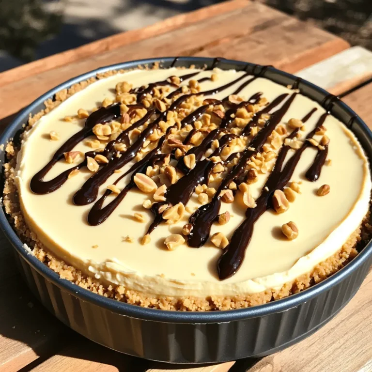 - 1 ½ cups graham cracker crumbs - ½ cup unsalted butter, melted - 1 cup creamy peanut butter - 8 oz cream cheese, softened - 1 cup powdered sugar - 1 teaspoon vanilla extract - 1 cup heavy whipping cream - ¼ cup chocolate syrup (for drizzling) - Chopped peanuts (for garnish) You can add fun toppings to change up your cheesecake. Some ideas include: - Sliced bananas or strawberries - Caramel sauce or chocolate chips - Crushed cookies or candies If you have dietary needs, don't worry! Here are some options: - Use gluten-free graham crackers for a gluten-free crust. - Swap cream cheese for a vegan cream cheese. - Use coconut cream instead of heavy whipping cream for a dairy-free option. These swaps keep the dessert delicious while meeting different needs. You can find everything you need in most grocery stores. For the full recipe, check out the [Full Recipe]. Start by mixing graham cracker crumbs with melted butter. In a medium bowl, pour in 1 ½ cups of crumbs and ½ cup of melted butter. Stir until it looks like wet sand. This step is key for a tasty crust. Next, press this mix firmly into the bottom of a 9-inch springform pan. Make sure to pack it down well. A solid crust keeps it from crumbling later. Place the crust in the fridge while you make the filling. For the filling, beat together 1 cup of creamy peanut butter and 8 oz of softened cream cheese. Use an electric mixer on medium speed. Mix until there are no lumps. Then, add in 1 cup of powdered sugar and 1 teaspoon of vanilla extract. Keep mixing until it’s creamy and smooth. This mixture is rich and delicious, perfect for your cheesecake. Now it’s time for the whipped cream. In a separate bowl, whip 1 cup of heavy cream until it forms stiff peaks. This will take about 2-3 minutes. Be careful not to overbeat it, or you’ll make butter. Once whipped, gently fold the whipped cream into the peanut butter mix. Use a rubber spatula for this step. Be gentle to keep the light texture of the cream. Pour the creamy filling over your chilled crust. Use a spatula to smooth the top evenly. Next, cover the cheesecake with plastic wrap and refrigerate for at least 4 hours. For best results, chill it overnight. This time helps the cheesecake set perfectly. When ready to serve, drizzle chocolate syrup on top and sprinkle chopped peanuts for a nice touch. Enjoy your easy and creamy treat! For the complete recipe, check the Full Recipe section. To get that smooth and creamy texture, start with softened cream cheese. Cold cream cheese clumps together and won’t blend well. Let it sit at room temperature for about 30 minutes. This small step makes a big difference! When whipping the cream, aim for stiff peaks. Use a chilled bowl and beaters. This helps the cream whip faster. Watch closely; it only takes 2-3 minutes. Stop as soon as peaks form. Overwhipping can turn the cream into butter, and we don’t want that! Serving the cheesecake right can make it look even more delicious. Add a dollop of whipped cream on each slice. Drizzle chocolate syrup on top for a sweet touch. It not only adds flavor but also looks lovely on the plate. Garnish your cheesecake with chopped peanuts. They add a nice crunch and make the dessert look fancy. Arrange the peanuts neatly for a great visual effect. One common mistake is overwhipping the cream. This can ruin the light and fluffy texture. Always beat just until stiff peaks form. Another mistake is not chilling the cheesecake long enough. It needs at least 4 hours in the fridge to set properly. For the best results, chill overnight. This waiting time makes it easier to slice and enhances the flavors. {{image_4}} You can make your no-bake peanut butter cheesecake even more fun. Add chocolate or caramel swirls for a sweet twist. Simply drizzle your favorite syrup into the filling before mixing. Then, swirl it gently with a knife. This creates a beautiful marbled look. You can also play with flavored extracts. Try adding almond or coconut extract to change the taste. Just a little can add a new layer of flavor. Adjust the amount based on how strong you want it. If you need gluten-free options, use gluten-free graham crackers. They work just as well and keep the crust tasty. For a low-sugar version, use sugar substitutes like stevia or erythritol. This way, you can enjoy a sweet treat without the extra sugar. Want a vegan cheesecake? Swap the cream cheese for a dairy-free version. You can also use coconut cream instead of heavy cream. This keeps the cheesecake creamy and rich without any animal products. Get creative with your toppings! Add fresh fruits like strawberries or blueberries for a pop of color. You can also sprinkle nuts for a nice crunch. Chopped peanuts work great, but feel free to try almonds or walnuts. For a fun twist, use different drizzles. Instead of chocolate syrup, try berry sauces or salted caramel. These can really change the flavor and make your cheesecake special. Each topping adds a unique touch to your dessert. For the full instructions, check out the Full Recipe. To keep your no-bake peanut butter cheesecake fresh, store it in the fridge. Wrap it tightly with plastic wrap. You can also use an airtight container. This will stop it from drying out and keep it tasty. If you want to save it for longer, you can freeze it. Cut it into slices, wrap each slice in plastic wrap, and place them in a freezer-safe bag. Be sure to label the bag with the date. This way, you won’t forget how long it has been in the freezer. When stored properly in the fridge, your cheesecake will stay fresh for about five days. Just check for any changes in smell or texture. If it starts to smell off or get a weird color, it’s time to toss it. For frozen cheesecake, it can last up to two months. However, for the best taste, try to eat it within one month. If it has ice crystals or looks dry, that’s a sign it’s not good anymore. Enjoy your cheesecake while it’s still fresh and delicious! Yes! This cheesecake is great for making ahead. I recommend chilling it for at least 4 hours. However, if you can, let it chill overnight. This helps the flavors blend well. Store it in the fridge, covered. If you have leftovers, keep them in an airtight container. They can last up to 4 days. To slice this cheesecake neatly, use a sharp knife. Dip the knife in hot water and wipe it dry before each cut. This helps you get clean edges. I like to cut the cheesecake into wedges for serving. Serve each slice with a dollop of whipped cream for a nice touch. To make a dairy-free version, swap the cream cheese for a vegan cream cheese. Use coconut cream instead of heavy cream. For the butter, you can use coconut oil or dairy-free margarine. These substitutes will help keep the creamy texture without the dairy. Absolutely! If you use crunchy peanut butter, the cheesecake will have a fun texture. The bits of peanuts add a nice crunch. However, it may slightly change the creaminess. If you love peanut chunks, go for it! Just remember to mix it well with the cream cheese. This cheesecake recipe shines with simple ingredients and steps. You learned how to make a delicious peanut butter cheesecake with a graham cracker crust. Don’t forget the tips for texture and presentation to impress everyone. Also, try the variations for unique flavors or dietary needs. Store leftovers properly to maintain freshness. Follow these steps and enjoy a tasty treat that everyone will love! Your baking journey just got a whole lot sweeter!