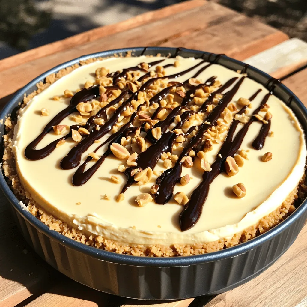 - 1 ½ cups graham cracker crumbs - ½ cup unsalted butter, melted - 1 cup creamy peanut butter - 8 oz cream cheese, softened - 1 cup powdered sugar - 1 teaspoon vanilla extract - 1 cup heavy whipping cream - ¼ cup chocolate syrup (for drizzling) - Chopped peanuts (for garnish) You can add fun toppings to change up your cheesecake. Some ideas include: - Sliced bananas or strawberries - Caramel sauce or chocolate chips - Crushed cookies or candies If you have dietary needs, don't worry! Here are some options: - Use gluten-free graham crackers for a gluten-free crust. - Swap cream cheese for a vegan cream cheese. - Use coconut cream instead of heavy whipping cream for a dairy-free option. These swaps keep the dessert delicious while meeting different needs. You can find everything you need in most grocery stores. For the full recipe, check out the [Full Recipe]. Start by mixing graham cracker crumbs with melted butter. In a medium bowl, pour in 1 ½ cups of crumbs and ½ cup of melted butter. Stir until it looks like wet sand. This step is key for a tasty crust. Next, press this mix firmly into the bottom of a 9-inch springform pan. Make sure to pack it down well. A solid crust keeps it from crumbling later. Place the crust in the fridge while you make the filling. For the filling, beat together 1 cup of creamy peanut butter and 8 oz of softened cream cheese. Use an electric mixer on medium speed. Mix until there are no lumps. Then, add in 1 cup of powdered sugar and 1 teaspoon of vanilla extract. Keep mixing until it’s creamy and smooth. This mixture is rich and delicious, perfect for your cheesecake. Now it’s time for the whipped cream. In a separate bowl, whip 1 cup of heavy cream until it forms stiff peaks. This will take about 2-3 minutes. Be careful not to overbeat it, or you’ll make butter. Once whipped, gently fold the whipped cream into the peanut butter mix. Use a rubber spatula for this step. Be gentle to keep the light texture of the cream. Pour the creamy filling over your chilled crust. Use a spatula to smooth the top evenly. Next, cover the cheesecake with plastic wrap and refrigerate for at least 4 hours. For best results, chill it overnight. This time helps the cheesecake set perfectly. When ready to serve, drizzle chocolate syrup on top and sprinkle chopped peanuts for a nice touch. Enjoy your easy and creamy treat! For the complete recipe, check the Full Recipe section. To get that smooth and creamy texture, start with softened cream cheese. Cold cream cheese clumps together and won’t blend well. Let it sit at room temperature for about 30 minutes. This small step makes a big difference! When whipping the cream, aim for stiff peaks. Use a chilled bowl and beaters. This helps the cream whip faster. Watch closely; it only takes 2-3 minutes. Stop as soon as peaks form. Overwhipping can turn the cream into butter, and we don’t want that! Serving the cheesecake right can make it look even more delicious. Add a dollop of whipped cream on each slice. Drizzle chocolate syrup on top for a sweet touch. It not only adds flavor but also looks lovely on the plate. Garnish your cheesecake with chopped peanuts. They add a nice crunch and make the dessert look fancy. Arrange the peanuts neatly for a great visual effect. One common mistake is overwhipping the cream. This can ruin the light and fluffy texture. Always beat just until stiff peaks form. Another mistake is not chilling the cheesecake long enough. It needs at least 4 hours in the fridge to set properly. For the best results, chill overnight. This waiting time makes it easier to slice and enhances the flavors. {{image_4}} You can make your no-bake peanut butter cheesecake even more fun. Add chocolate or caramel swirls for a sweet twist. Simply drizzle your favorite syrup into the filling before mixing. Then, swirl it gently with a knife. This creates a beautiful marbled look. You can also play with flavored extracts. Try adding almond or coconut extract to change the taste. Just a little can add a new layer of flavor. Adjust the amount based on how strong you want it. If you need gluten-free options, use gluten-free graham crackers. They work just as well and keep the crust tasty. For a low-sugar version, use sugar substitutes like stevia or erythritol. This way, you can enjoy a sweet treat without the extra sugar. Want a vegan cheesecake? Swap the cream cheese for a dairy-free version. You can also use coconut cream instead of heavy cream. This keeps the cheesecake creamy and rich without any animal products. Get creative with your toppings! Add fresh fruits like strawberries or blueberries for a pop of color. You can also sprinkle nuts for a nice crunch. Chopped peanuts work great, but feel free to try almonds or walnuts. For a fun twist, use different drizzles. Instead of chocolate syrup, try berry sauces or salted caramel. These can really change the flavor and make your cheesecake special. Each topping adds a unique touch to your dessert. For the full instructions, check out the Full Recipe. To keep your no-bake peanut butter cheesecake fresh, store it in the fridge. Wrap it tightly with plastic wrap. You can also use an airtight container. This will stop it from drying out and keep it tasty. If you want to save it for longer, you can freeze it. Cut it into slices, wrap each slice in plastic wrap, and place them in a freezer-safe bag. Be sure to label the bag with the date. This way, you won’t forget how long it has been in the freezer. When stored properly in the fridge, your cheesecake will stay fresh for about five days. Just check for any changes in smell or texture. If it starts to smell off or get a weird color, it’s time to toss it. For frozen cheesecake, it can last up to two months. However, for the best taste, try to eat it within one month. If it has ice crystals or looks dry, that’s a sign it’s not good anymore. Enjoy your cheesecake while it’s still fresh and delicious! Yes! This cheesecake is great for making ahead. I recommend chilling it for at least 4 hours. However, if you can, let it chill overnight. This helps the flavors blend well. Store it in the fridge, covered. If you have leftovers, keep them in an airtight container. They can last up to 4 days. To slice this cheesecake neatly, use a sharp knife. Dip the knife in hot water and wipe it dry before each cut. This helps you get clean edges. I like to cut the cheesecake into wedges for serving. Serve each slice with a dollop of whipped cream for a nice touch. To make a dairy-free version, swap the cream cheese for a vegan cream cheese. Use coconut cream instead of heavy cream. For the butter, you can use coconut oil or dairy-free margarine. These substitutes will help keep the creamy texture without the dairy. Absolutely! If you use crunchy peanut butter, the cheesecake will have a fun texture. The bits of peanuts add a nice crunch. However, it may slightly change the creaminess. If you love peanut chunks, go for it! Just remember to mix it well with the cream cheese. This cheesecake recipe shines with simple ingredients and steps. You learned how to make a delicious peanut butter cheesecake with a graham cracker crust. Don’t forget the tips for texture and presentation to impress everyone. Also, try the variations for unique flavors or dietary needs. Store leftovers properly to maintain freshness. Follow these steps and enjoy a tasty treat that everyone will love! Your baking journey just got a whole lot sweeter!