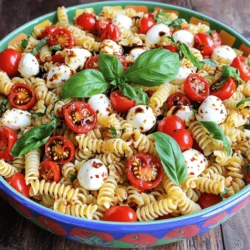 - 8 oz. rotini or fusilli pasta - 1 pint cherry tomatoes, halved - 8 oz. fresh mozzarella balls, halved The foundation of this dish is the pasta. I love rotini or fusilli because they hold the dressing well. The cherry tomatoes add sweetness and color. Fresh mozzarella balls bring a creamy texture that pairs perfectly with the other ingredients. - Fresh basil leaves, roughly torn - Extra virgin olive oil - Balsamic glaze Fresh basil adds a bright aroma and flavor. I use extra virgin olive oil for a rich taste. Balsamic glaze gives a sweet and tangy kick that elevates the salad. - Garlic powder - Red pepper flakes - Salt and freshly cracked black pepper These add-ins let you customize the salad. Garlic powder gives depth, while red pepper flakes add a touch of heat. Salt and freshly cracked black pepper enhance all the flavors. You can adjust these to suit your taste. For the full recipe, check out the details above. To start, bring a large pot of salted water to a boil. This helps flavor the pasta. Add 8 oz. of rotini or fusilli pasta. Cook it for 8-10 minutes. The goal is al dente, which means it should still have a bit of bite. Once the pasta is done, drain it in a colander. Rinse it under cold water to stop cooking. Let it cool completely before using. Next, let’s make the dressing. In a small bowl, mix 3 tablespoons of extra virgin olive oil and 2 tablespoons of balsamic glaze. If you want more flavor, add 1 teaspoon of garlic powder and ¼ teaspoon of red pepper flakes. Season with salt and pepper. Whisk everything until it's smooth. This step is key because it blends the flavors well. Now, it’s time to mix everything. In a large bowl, add the cooled pasta, 1 pint of halved cherry tomatoes, and 8 oz. of halved fresh mozzarella balls. Toss in 1 cup of roughly torn fresh basil leaves. Make sure each ingredient is evenly distributed. This way, you get a bite of everything in each scoop. Drizzle your prepared dressing over the pasta mixture. Use a large spoon or spatula to gently toss everything together. You want to coat all the ingredients evenly with the dressing. This makes every bite flavorful. Once mixed, cover the bowl with plastic wrap or a lid. Let the salad chill in the fridge for about 30 minutes. Chilling helps the flavors blend together nicely. Before serving, give it a final gentle toss. Adjust the seasoning if needed. You can find the full recipe above if you want to see all the details again. To cook pasta just right, use a big pot. Bring salted water to a boil. Add your pasta and check the time on the package. Aim for al dente, which means it should be firm but cooked through. Usually, that takes about 8 to 10 minutes. After cooking, drain it and rinse with cold water to stop the cooking. This step keeps your pasta from getting too soft. To enhance flavors, you need the right seasonings. I love using fresh basil leaves, olive oil, and balsamic glaze. They bring the dish to life. If you want a bit more kick, add garlic powder and red pepper flakes. A pinch of salt and pepper brightens everything up. For gatherings, serve your salad in a bright, big bowl. This draws attention and makes it look tasty. You can add extra basil leaves on top for a pop of color. A drizzle of balsamic glaze makes it even more appealing. People eat with their eyes first! Feel free to get creative! You can add in grilled chicken, shrimp, or even beans for protein. If you want to keep it vegan, swap mozzarella for avocado or a vegan cheese. For a gluten-free version, use gluten-free pasta. These changes let you make the salad your own while keeping it fresh and delicious. {{image_4}} You can switch up your Easy Caprese Pasta Salad by adding seasonal vegetables. In spring, try fresh peas or asparagus. In fall, add roasted pumpkin or butternut squash. These veggies bring new flavors and colors. You can also incorporate fruits for summer freshness. Think of juicy peaches or watermelon cubes. These fruits add a sweet twist that brightens your salad. If you want to make this dish heartier, consider adding protein. Options like grilled chicken or shrimp work great. Just cook them separately and mix them in. You can also use beans, such as chickpeas or black beans. They add a nice texture and flavor. Balancing flavors with protein can make your salad more filling and satisfying. You can give your salad a regional flair. Use local ingredients to make it unique to your area. For a classic Italian touch, add olives or artichokes. You can also adapt the recipe to different cuisines. For a Mexican twist, include corn and avocado. These changes keep the dish fun and exciting. Each variation tells a new story through flavors. To keep your Easy Caprese Pasta Salad fresh, store it in the fridge. Use an airtight container. This helps keep moisture in and air out. Make sure the salad is cool before sealing it. If you have a lot left, divide it into smaller containers. This makes it easy to grab a quick snack later. Your pasta salad will taste best for 3 to 5 days in the fridge. After that, it may lose some flavor and texture. Look for signs that it has gone bad. If you see any mold or an odd smell, throw it away. A change in color can be a sign too. When you are ready to enjoy leftovers, refresh them! Take the salad out of the fridge and let it sit for a few minutes. If it looks dry, add a splash of olive oil or balsamic glaze. Toss it gently to mix the dressing back in. This brings back the salad's yummy flavor. Enjoy every bite! You can use any pasta shape you like. I recommend rotini or fusilli. These shapes hold the sauce well, making each bite full of flavor. Penne also works great if you want a different texture. The key is to choose a pasta that cooks evenly and has a fun shape. Yes, you can! This salad is perfect for meal prep. Make it a few hours before serving. The flavors blend better when it sits. Just remember to keep it in the fridge until you're ready to eat. If you're making it a day ahead, hold off on adding fresh basil until just before serving. This keeps it fresh and vibrant. You can easily change the dressing to suit your taste. For a creamier option, mix in some Greek yogurt or sour cream. If you like more tang, add lemon juice or extra balsamic. Fresh herbs like parsley or oregano can also give your dressing a nice twist. Feel free to play around with the flavors until you find your favorite! Absolutely! To make this salad vegan, simply swap the mozzarella for vegan cheese or omit it altogether. You can add more nuts or seeds for texture. For the dressing, use a vegan balsamic glaze and skip any dairy products. There are many tasty options to keep it plant-based without losing flavor. Caprese Pasta Salad can last in the fridge for about three days. Store it in an airtight container to keep it fresh. If you see any moisture or it starts to smell off, it's best to toss it. Always check for signs of spoilage before eating leftovers. In this blog post, we explored the delightful Caprese Pasta Salad. We began with key ingredients, like rotini, cherry tomatoes, and mozzarella. Next, I shared step-by-step instructions to make it easy for you. You learned how to perfect flavors, present it well, and customize your dish. Remember, this salad is versatile and can be adjusted for different tastes. It’s a bright, fresh dish for any gathering. Enjoy your cooking and have fun experimenting with flavors!