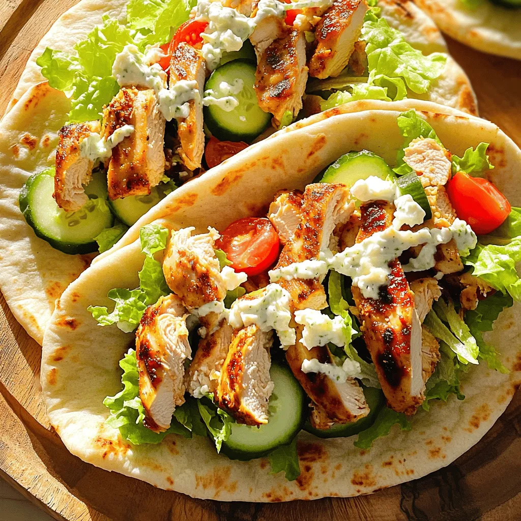 - Chicken breast - Olive oil - Greek yogurt - Fresh lemon juice - Garlic - Dried oregano These main ingredients create a base for your chicken gyros. Chicken breast is the star of the show. It cooks quickly and stays juicy. Olive oil adds richness and helps the marinade stick. Greek yogurt brings a creamy touch and tangy flavor. Fresh lemon juice brightens the dish. Garlic gives a punch of flavor, and dried oregano adds an earthy note. - Crumbled feta cheese - Tzatziki sauce - Pita breads You can enhance your gyros with optional ingredients. Crumbled feta cheese provides a salty bite. Tzatziki sauce adds a cool, creamy element. Pita breads are essential for wrapping up all the tasty fillings. If you have these on hand, use them! - Romaine lettuce - Tomato - Cucumber Finally, let's talk about toppings. Romaine lettuce adds a crunch and freshness. Diced tomato brings color and sweetness. Thin cucumber slices add a refreshing crunch. These toppings make your gyros vibrant and full of flavor. For the full recipe, check out the [Full Recipe]. To start, grab a large mixing bowl. In this bowl, whisk together these ingredients: - 3 tablespoons olive oil - 2 tablespoons Greek yogurt - 1 tablespoon fresh lemon juice - 2 cloves garlic, finely minced - 1 teaspoon dried oregano - ½ teaspoon smoked paprika - Salt and freshly ground black pepper to taste This mixture is your flavorful marinade. It will make your chicken taste amazing. Once combined, add 1 lb of thinly sliced chicken breast. Make sure every piece is coated well. Cover the bowl with plastic wrap. Place it in the fridge for at least 30 minutes. If you have time, let it marinate for up to 2 hours. This step helps the flavors blend nicely. Next, heat a non-stick skillet or grill over medium-high heat. You want it hot before adding the chicken. Once ready, add your marinated chicken. Cook it for about 6-8 minutes. Flip the chicken pieces often. You want them golden brown on the outside and cooked through. The chicken should reach an internal temperature of 165°F (75°C). While the chicken cooks, warm your pita bread. Take a separate dry skillet and heat it over medium heat. Warm each pita for about 1-2 minutes on each side. This makes them soft and easy to fold. Once the chicken is done, it’s time to assemble your gyros. Place a generous portion of the cooked chicken on each warmed pita. Now, it’s time to add your toppings: - 1 cup Romaine lettuce, shredded - 1 ripe tomato, diced - ½ cucumber, thinly sliced - Crumbled feta cheese (optional) Finish by drizzling tzatziki sauce over your toppings. This adds a creamy and fresh flavor. To wrap your gyros, fold the pita in half or roll it up tightly. Enjoy your tasty chicken gyros warm. For an extra touch, serve with more tzatziki on the side. You’ll love this easy chicken gyros recipe! To make your chicken gyros flavorful, marinate the chicken well. Use a mix of olive oil, Greek yogurt, lemon juice, garlic, oregano, and spices. This blend adds depth to your meat. For the best flavor, marinate for at least 30 minutes. If you have time, let it sit for two hours. This longer time helps the flavors soak in deeply. You can cook your chicken gyros in different ways. Grilling gives a smoky taste. If you prefer indoor cooking, use a skillet. Both methods work well. When cooking, aim for the chicken to reach 165°F (75°C) inside. This ensures it is safe to eat. Watch the chicken closely. Cook it until golden brown on the outside and fully cooked inside. To enhance your meal, think about what to serve with your gyros. Fresh sides like Greek salad or roasted veggies pair well. For presentation, stack the filled pita on a plate. Add a sprinkle of herbs on top for color. You can also serve extra tzatziki on the side for dipping. This adds a fun touch and keeps your meal exciting. For the complete recipe, check the Full Recipe section. {{image_4}} You can easily customize your gyros to match your taste. If you want a vegetarian option, use plant-based proteins like tofu or tempeh. These options soak up the marinade well and give you a great texture. You can also try seitan for a meatier bite. For flavor, don't hesitate to mix herbs and spices. Try adding cumin, coriander, or even chili flakes for heat. Each spice brings its own twist. Experiment with your favorites and make your meal unique. Tzatziki is a classic, but there are many other sauces you can try. A garlic sauce adds a bold kick, while a yogurt-based ranch can give a creamy touch. You can make a simple tahini sauce by mixing tahini, lemon juice, and water. This sauce adds a nice nutty flavor. If you're up for it, making your own sauces can be fun. Blend yogurt, garlic, and dill for a fresh dip. Or mix sour cream with lime and cilantro for a tangy twist. Homemade sauces can elevate your gyros! Gyros can be served in different ways. You can wrap them in pita, which is traditional and fun to eat. Or you can serve them in bowls with rice or salad for a lighter option. Open-faced gyros let you showcase the toppings. Lay the chicken on the pita and pile on the veggies and sauce. Each style offers a different experience. Choose what fits your mood or the occasion! To keep your chicken gyros fresh, store leftovers in airtight containers. Glass or plastic containers work well. Make sure the gyros are cool before sealing them tight. This helps prevent moisture, which can make them soggy. If you keep them in the fridge, they last for about three days. To reheat your chicken gyros, use the oven. Preheat it to 350°F (175°C). Place the gyros on a baking sheet. Cover them with foil to keep moisture in. Heat for about 10-15 minutes. If you want a quicker method, use the microwave. Heat for 1-2 minutes on medium power. Check to ensure the chicken is hot without being dry. You can freeze cooked chicken gyros for later. Wrap each gyro tightly in plastic wrap. Then, place them in a freezer bag. They can stay in the freezer for up to three months. When ready to enjoy, thaw them overnight in the fridge. Reheat using the oven or microwave as mentioned above. This keeps the flavors intact and the chicken juicy. To marinate chicken for gyros, mix olive oil, Greek yogurt, lemon juice, garlic, oregano, and spices. This blend gives great flavor. Aim to marinate for at least 30 minutes. For the best taste, let it sit for up to 2 hours. This time lets the chicken soak up all the yummy flavors. Yes, you can prepare chicken gyros ahead of time. Marinate the chicken and store it in the fridge. You can cook it the next day. You can also slice the veggies and store them. This will save time when you’re ready to eat. Just warm the pita bread before serving. Great toppings for chicken gyros include: - Romaine lettuce - Diced tomatoes - Sliced cucumbers - Crumbled feta cheese - Tzatziki sauce Feel free to add your favorites like olives or red onions. Get creative! You can mix and match toppings to find your perfect combo. This blog post covered key ingredients and steps to make tasty chicken gyros. You learned about marinades, cooking tips, and how to assemble your dish. Don't forget toppings like lettuce and tomato to add flavor. Try different sauces and serving styles to keep it interesting. When storing leftovers, choose the best methods to maintain freshness. Enjoy the process and customize your gyros to match your taste. With these tips, you'll create delicious meals that impress. Get cooking and savor every bite!