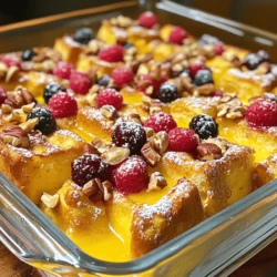For this delightful dish, you will need the following key items: - 1 loaf of brioche bread, cut into bite-sized cubes - 6 large eggs, preferably organic - 2 cups whole milk, at room temperature - 1 cup heavy cream, at room temperature - ½ cup pure maple syrup, plus extra for serving - 2 teaspoons pure vanilla extract - 1 teaspoon ground cinnamon - ½ teaspoon ground nutmeg - ¼ teaspoon flaky sea salt These ingredients work together to create a rich and creamy base. The brioche offers a soft texture, while the eggs and cream add richness. The maple syrup and spices bring out warm flavors that everyone loves. To make your casserole even more fun, consider adding these toppings: - 1 cup mixed berries (such as blueberries, sliced strawberries, and raspberries) - ½ cup chopped nuts (walnuts or pecans, lightly toasted for extra flavor) - Powdered sugar for dusting (optional, for a sweet finish) Mixing in berries and nuts adds color and texture. Plus, they give a lovely burst of flavor in every bite. Feel free to get creative with optional add-ons for extra flavor! You might try sliced bananas, chocolate chips, or even a sprinkle of coconut for a fun twist. For the full recipe, refer to the details provided earlier. Start by greasing your baking dish well. Use butter for a rich flavor or non-stick spray for easy cleanup. Make sure to cover all sides of the dish so nothing sticks. This step is very important. If the dish is not greased properly, your casserole may cling to the sides. If you prefer, you can also line the dish with parchment paper. This method helps with easy lifting when serving. Just let the paper hang over the edges a bit. Next, we need to mix the custard. In a large bowl, add your eggs, whole milk, and heavy cream. You want these ingredients at room temperature. This helps them combine better, creating a smooth mixture. Whisk the ingredients vigorously for about one minute. You want to break the eggs up completely. Then, add the maple syrup, vanilla extract, ground cinnamon, nutmeg, and flaky sea salt. Keep whisking until everything is well blended. Now, it's time to assemble the casserole. Start by layering the cubed brioche bread in the greased baking dish. Make sure to spread it out evenly. This allows for even soaking. Next, scatter the mixed berries and chopped nuts over the bread. These toppings add flavor and texture. Finally, carefully pour the custard mixture over the brioche. Make sure every piece is soaked. You can use a spatula to gently press down the bread. Cover the baking dish tightly with aluminum foil. This helps the flavors meld together. Once covered, refrigerate the dish for at least 30 minutes. You can also leave it overnight for even better flavor. When ready to bake, preheat your oven to 350°F (175°C). Remove the foil and place the dish in the oven. Bake for 30 to 35 minutes. Look for a golden top and a set center. If the casserole wobbles slightly, it's done. If it jiggles too much, give it a few more minutes. After baking, let it cool for a few minutes before slicing. A dusting of powdered sugar can add a nice touch. Enjoy your Baked French Toast Casserole Delight! For the full recipe, check the link. To make the best baked French toast casserole, start with the right bread. I love using brioche because it has a soft texture and rich flavor. You can also try challah or even sourdough for a twist. Each type of bread gives a different taste and feel. Soaking time is key. Let the bread sit in the egg mixture for at least 30 minutes. This allows the bread to absorb all the flavors. If you soak it overnight, it tastes even better. The longer it sits, the more creamy and custardy it becomes. Pair this casserole with fresh fruit or a side of yogurt. Berries and whipped cream make it special. You can serve it warm with a drizzle of maple syrup. For a fun twist, try adding nuts or chocolate chips on top before baking. Present your casserole by cutting it into squares and dusting with powdered sugar. Add a sprig of mint for a pop of color. This makes it look fancy for any breakfast table. If your casserole is undercooked, bake it a little longer. Check for a golden top and a firm center. If it's overcooked, the edges may be dry. To fix this, try covering it with foil while baking. Even baking is essential. Make sure your oven is preheated and at the right temperature. Rotate the dish halfway through baking for uniform heat. This helps avoid any cold spots and ensures every bite is delicious. {{image_4}} You can add spices to boost the flavor. Cinnamon is a classic choice. Nutmeg adds warmth too. Try a pinch of cardamom for something unique. For a fruity twist, use seasonal fruits. Apples and pears in the fall taste amazing. In summer, add peaches or cherries for a fresh touch. If you need a gluten-free option, use gluten-free bread. Many brands offer tasty choices that work well. For a vegan version, swap eggs for a flaxseed mixture. Use almond or oat milk instead of whole milk. Coconut cream also adds a rich flavor. You can serve this dish in fun ways. Make individual servings in ramekins for a personal touch. Mini casseroles are great for brunch parties. For a twist, try adding savory ingredients. Cheese and herbs can make it a hearty meal. You can also serve it with a side of bacon or sausage for balance. To keep your baked French toast casserole fresh, store it in the fridge. Place the leftover casserole in an airtight container. It will stay good for about three to four days. Keep an eye on it for any signs of spoilage. If it starts to smell or look off, it's best to toss it. You can freeze the baked casserole for longer storage. First, let it cool completely. Then, wrap it tightly in plastic wrap or aluminum foil. Place it in a freezer-safe bag or container. This helps to avoid freezer burn. It can stay in the freezer for up to three months. When you're ready to enjoy it again, remove it from the freezer. Thaw it overnight in the fridge. Once thawed, reheat it in the oven at 350°F (175°C) until it's warm throughout, about 20-30 minutes. If you're in a hurry, you can reheat it in the microwave, but the oven gives you a better texture. For the full recipe, check out the details above! You can prepare this dish the night before. First, assemble the casserole as I outlined in the Full Recipe. Cover it tightly with foil or plastic wrap, and place it in the fridge. This allows the bread to soak up the custard mix. When you are ready to bake, just pop it in the oven. Bake it right from the fridge, but add a few extra minutes to the baking time. This makes mornings easy and lets you enjoy breakfast with less fuss. Yes, you can use various types of bread! Each type changes the taste and texture. For example, using sourdough gives a tangy flavor. Challah is sweet and soft, while whole grain adds a nutty taste. Just remember, drier bread works best. It soaks up the custard well. Experiment and find your favorite! To check if it’s done, insert a knife in the center. It should come out clean. The edges may puff up, and the top should be golden brown. This usually takes about 30-35 minutes at 350°F (175°C). If it wobbles too much, give it a few more minutes in the oven. Absolutely! To make a dairy-free version, replace milk and cream with almond milk or oat milk. Use dairy-free butter for greasing the pan. For the eggs, consider using a flaxseed mix or a store-bought egg replacer. This way, you can enjoy all the flavors without dairy! This blog post covered how to make a delicious baked French toast casserole. We discussed the essential ingredients and helpful tips to perfect your dish. You learned step-by-step instructions to prepare, bake, and serve it well. Remember, small changes can enhance flavor and fit dietary needs. Whether you enjoy it sweet or savory, this casserole is versatile. With these insights, you can create something special any time. Enjoy making and sharing this treat with friends and family!
