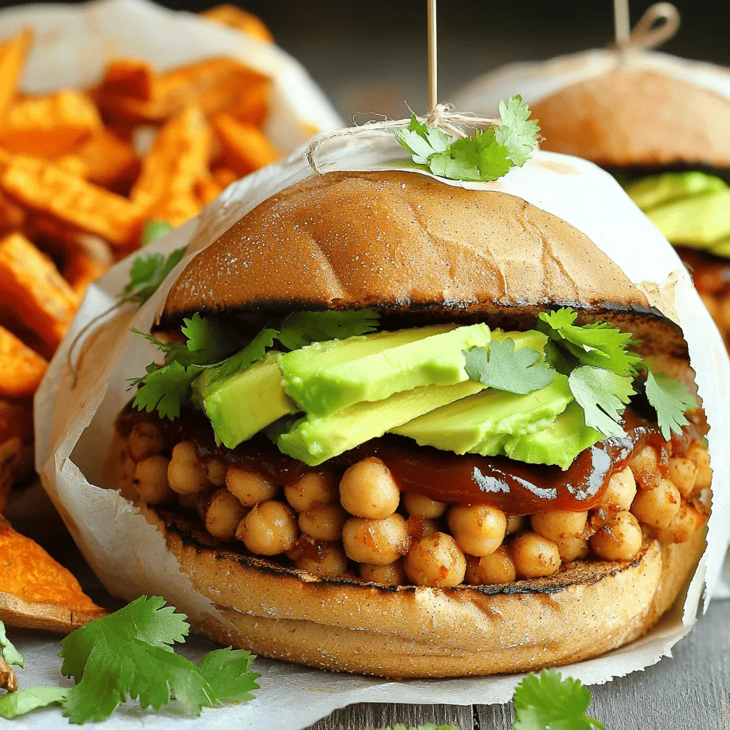 To make these Vegan BBQ Chickpea Sandwiches, gather these simple ingredients: - Canned Chickpeas - Vegan BBQ Sauce - Olive Oil - Red Onion - Garlic - Spices - Whole-Grain Burger Buns - Avocado - Garnish Options Canned chickpeas are great for this recipe. They save time and add protein. The vegan BBQ sauce gives the chickpeas a rich, smoky flavor. Olive oil helps cook the onions and garlic, adding depth. Red onion adds a slight sweetness, while garlic gives a nice kick. For spices, use smoked paprika and cumin. They bring warmth and character to the dish. Whole-grain burger buns are perfect for holding all these tasty fillings. Sliced avocado adds creaminess and nutrition. You can also choose garnish options like fresh cilantro or parsley for added color and flavor. Check out the Full Recipe for detailed steps! Start by heating olive oil in a medium skillet over medium heat. Once the oil shimmers, add the diced red onion and minced garlic. Sauté them for 3 to 4 minutes. You want the onion soft and clear. Stir often to prevent burning. Next, add the drained and rinsed chickpeas to the skillet. Use a fork or potato masher to lightly mash them. Leave some whole for texture. This mix will be the base of our sandwich. Now, mix in the smoked paprika, ground cumin, and a pinch of sea salt and black pepper. Cook this blend for another 3 minutes. Stir frequently to let the spices bloom and their flavors meld. Pour the vegan BBQ sauce over the chickpea mixture. Stir well to combine everything. Make sure each chickpea is coated with that rich flavor. Allow the mixture to simmer for about 5 minutes. This helps the flavors deepen and thicken a bit. You’ll know it’s ready when it’s heated through and smells amazing. While the mixture simmers, toast your whole-grain burger buns. You can use a toaster or a skillet. Aim for a light golden brown on each side for extra crunch. To assemble, scoop a generous portion of the BBQ chickpea mix onto the bottom half of each bun. Add slices of creamy avocado on top. For a fresh touch, sprinkle with cilantro leaves. Finally, cap each sandwich with the top bun and enjoy! For a detailed guide, check the Full Recipe. Ensuring Flavor Infusion To make your chickpeas taste great, start by sautéing onions and garlic. This releases their natural sweetness. Add spices like smoked paprika and cumin next. They bring warmth and depth. Mix them well with chickpeas and BBQ sauce. Let everything simmer. This allows the flavors to blend nicely. Achieving Ideal Texture For the best texture, mash the chickpeas lightly. Leave some whole for a bit of bite. This gives your sandwich a nice mix of creamy and chunky. Simmer the mixture until thick. This helps the chickpeas soak up the BBQ sauce well. Pairing with Side Dishes These sandwiches taste great with sides! Try crispy sweet potato fries for crunch. A tangy coleslaw adds a refreshing kick. Both sides balance the rich flavors of the chickpeas. Presentation Tips For a fun look, wrap each sandwich in parchment paper. Secure it with twine for a picnic vibe. You can also serve them on a wooden board for a rustic feel. A sprinkle of fresh cilantro on top makes it pop! {{image_4}} You can change the flavor of your vegan BBQ chickpea sandwiches by using different sauces. A homemade BBQ sauce can add a fresh twist. To make it, mix together: - 1 cup tomato sauce - 1/4 cup apple cider vinegar - 1/4 cup maple syrup - 1 tablespoon smoked paprika - 1 teaspoon garlic powder - Sea salt to taste This sauce has a sweet and tangy taste that pairs well with chickpeas. You can also try other flavor profiles. For a spicy kick, add some hot sauce or cayenne pepper. If you want an Asian flair, use teriyaki sauce instead of BBQ sauce. Toppings can make your sandwich even better. Try adding fresh vegetables and herbs. Some great options include: - Sliced tomatoes - Shredded lettuce - Pickled jalapeños - Fresh basil or parsley You can also add unique additions to stand out. Some ideas are: - Crunchy coleslaw for texture - Sliced radishes for a peppery bite - A drizzle of tahini for creaminess Mix and match these toppings to create your perfect sandwich. The options are endless! To keep your Vegan BBQ chickpea sandwiches fresh, follow these steps: - Refrigeration Guidelines: Place leftovers in an airtight container. Store them in the fridge for up to 3 days. Make sure they cool down first to avoid condensation. - Freezing the Mixture: You can freeze the chickpea mixture for up to a month. Just place it in a freezer-safe container. When ready to eat, thaw it overnight in the fridge before reheating. To enjoy your leftovers, reheating is key. Use these methods: - Best Methods to Reheat: The microwave is quick and easy. Heat in short bursts, stirring in between. If you want a crispy texture, use a skillet. Heat over medium heat until warm, stirring occasionally. This helps revive the flavors and texture. Yes, you can use dried chickpeas. First, soak them overnight in water. This helps soften them. After soaking, drain and rinse the chickpeas. Then, cook them in boiling water for about 1-1.5 hours until tender. You can also use a pressure cooker for faster results. Just follow the instructions for cooking dried chickpeas. This recipe can be gluten-free. Choose gluten-free burger buns instead of whole-grain buns. Many brands offer tasty gluten-free options. Always check labels to ensure they are safe for your diet. To add heat, you can try several options. Start with adding red pepper flakes while cooking. You can also mix in some diced jalapeños for a fresh kick. If you love hot sauce, drizzle some on top before serving. Adjust the spice to your taste for the best flavor. This blog post covered how to make delicious BBQ chickpea sandwiches. We explored ingredients, step-by-step instructions, and tips for perfect results. I shared variations to keep your meals fresh and fun. Finally, I provided storage tips to save leftovers. Enjoy these tasty sandwiches with friends or family. They are easy to make and full of flavor. You’ll impress everyone with your cooking skills!