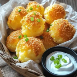 - 2 cups leftover mashed potatoes, chilled - 1 cup sharp cheddar cheese, shredded - 1/2 cup Parmesan cheese, grated - 2 large eggs - 1/2 cup breadcrumbs, plus extra for coating - 1/4 cup green onions, finely chopped - 1 teaspoon garlic powder - Salt and pepper, to taste - Oil spray for frying The main ingredients for Cheesy Mashed Potato Puffs include chilled mashed potatoes. Using leftovers keeps the dish quick and tasty. Sharp cheddar cheese adds a rich flavor, while Parmesan cheese gives a nice touch. For the additional ingredients, you need two large eggs. Eggs help bind everything together. Breadcrumbs add crunch, and the green onions provide a fresh taste. Seasoning is key to make these puffs pop. Garlic powder gives a savory note. Salt and pepper enhance the flavors. A light spray of oil helps achieve a crispy exterior when baking. You can find the full recipe for these delightful puffs online. - Preheat oven to 400°F (200°C). - Line a baking sheet with parchment paper. To start, it is crucial to preheat your oven. This step ensures the puffs cook evenly. You want them crispy on the outside. Lining the baking sheet with parchment paper helps prevent sticking. - Combine mashed potatoes, cheeses, eggs, and seasonings. - Thoroughly mix until cohesive. In a large bowl, add the chilled mashed potatoes. Then, mix in the sharp cheddar cheese and Parmesan cheese. Crack in the eggs, and sprinkle in the garlic powder, salt, and pepper. Use a spatula or your hands to blend everything well. The goal is a smooth mixture that holds together. - Form the mixture into golf ball-sized puffs. - Roll puffs in breadcrumbs for coating. Grab a handful of the potato mixture and shape it into a ball about the size of a golf ball. Make sure the puffs are compact so they hold their shape while baking. Once shaped, roll each puff in breadcrumbs. This creates a nice, crunchy outer layer. - Arrange puffs on the baking sheet. - Lightly spray with oil before baking. - Bake for 20-25 minutes until golden brown. Place the puffs on the prepared baking sheet, leaving space between them. Lightly spray the tops with oil. This helps them turn golden and crispy. Bake in the preheated oven for about 20-25 minutes. You want them to be golden brown and crispy. When they are done, let them cool for a few minutes before serving. For the full recipe, check out the section above. Enjoy your cheesy mashed potato puffs! To make the best cheesy mashed potato puffs, start with chilled mashed potatoes. Cold potatoes help the puffs keep their shape. When shaping, pack the mixture tightly. This keeps them from falling apart while baking. Serve your puffs with a side of sour cream or a spicy dipping sauce. It adds a nice punch. For a charming look, place them in a rustic basket. Lining it with parchment paper adds a nice touch too. Baking time can change based on your oven type. Keep an eye on the puffs as they bake. If you want a faster option, try using an air fryer. It cooks them quickly and keeps them crispy. {{image_4}} You can easily change the flavor of these cheesy mashed potato puffs. Try adding different cheeses like mozzarella or Gouda. Each cheese gives a unique taste and texture. You can also mix in cooked bacon bits for a savory crunch. Fresh herbs, like chives or parsley, add freshness and color. These small changes can make a big difference in flavor. If you want to switch things up, consider using sweet potatoes instead of regular potatoes. Sweet potatoes give a slightly sweeter taste and bright color. For those who need a gluten-free option, swap regular breadcrumbs for gluten-free breadcrumbs. This way, everyone can enjoy these tasty puffs without worry. Making these puffs vegan is simple. Use plant-based cheese and egg substitutes like flaxseed meal or applesauce. This method keeps the flavor while meeting dietary needs. If you want to lower calories, reduce cheese and oil in your recipe. You can still enjoy cheesy mashed potato puffs with fewer calories. For the full recipe, check out the [Full Recipe]. Store leftover puffs in an airtight container. This keeps them fresh and tasty. You can keep them in the fridge for up to 3 days. Just make sure they are sealed well. This way, they won’t dry out. You can freeze unbaked puffs for up to 2 months. This is great for meal prep. When you are ready to eat them, simply pull them from the freezer. Just bake them directly from frozen. It’s that easy! To reheat leftovers, bake or air fry them until warm and crispy. This helps keep that nice crunch. Avoid microwaving if you want the best texture. Microwaving makes them soggy, and we want crispy puffs! Yes, fresh mashed potatoes can be used, but ensure they cool before mixing. This helps the puffs hold their shape. If they are warm, they may turn out too runny. Cooling them gives the eggs a chance to bind the mixture properly. Add hot sauce to the mixture or incorporate jalapeños for heat. Both options add a fun kick. You can start with a small amount and taste the mixture. Adjust the heat level to your liking for a perfect spicy treat. They pair well with salads, soups, or as appetizers at parties. The cheesy flavor complements many dishes. Consider serving them alongside a fresh garden salad or a warm bowl of soup for a complete meal. This recipe can be adjusted for health needs by modifying ingredients and portion sizes. You can use low-fat cheese or reduce the amount of cheese. Portion control is also key if you want to enjoy them more guilt-free. Yes, you can prepare and store the puffs in advance, baking them just before serving. This makes them a great option for parties. Just keep them in the fridge and pop them in the oven when you’re ready to serve. This blog post walks you through making delicious mashed potato puffs. We covered ingredients, instructions, and tips for perfecting texture and flavor. If you want to impress guests or make a tasty snack, this recipe fits the bill. You can customize it to suit your diet. Remember, storing leftovers is simple, so you can enjoy them later. Dive in and enjoy creating your perfect mashed potato puffs!