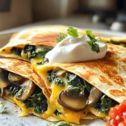For these tasty quesadillas, you will need: - 2 cups fresh spinach, finely chopped - 1 cup mushrooms, sliced (cremini or button varieties recommended) - 1 cup shredded cheese (such as cheddar or a cheese blend of your choice) - 4 large flour tortillas - 1 tablespoon olive oil - 2 cloves garlic, minced - 1 teaspoon ground cumin - Salt and freshly cracked black pepper to taste These ingredients create a rich and creamy filling. The mushrooms add a nice umami flavor, while spinach gives a fresh taste. The cheese binds everything together and melts beautifully. To enhance your meal, consider these extras: - Sour cream - Salsa Dipping your quesadillas in sour cream or salsa adds a cool contrast. This makes each bite even more enjoyable. Here’s a quick look at the nutrition for one serving of the quesadillas: - Calories: 350 - Protein: 15g - Carbohydrates: 30g - Fat: 20g - Fiber: 3g These quesadillas are a good source of protein and fiber. They fit nicely into a balanced diet. Enjoy this tasty dish guilt-free! Start by washing your fresh spinach. Use about 2 cups and chop it finely. This makes it easier to mix into your quesadilla. Next, take 1 cup of mushrooms. You can use cremini or button mushrooms. Slice them evenly so they cook well. Now, grab 2 cloves of garlic and mince them. This will add a nice flavor to the dish. In a large skillet, heat 1 tablespoon of olive oil over medium heat. Once the oil is hot, add the minced garlic. Sauté it for about 30 seconds. You want it fragrant but not burnt. Next, add the sliced mushrooms to the skillet. Cook them for 5 to 7 minutes. Stir them occasionally until they are tender and have golden edges. Then, toss in the chopped spinach. Add 1 teaspoon of ground cumin, salt, and freshly cracked black pepper to taste. Cook this mixture for another 2 to 3 minutes. The spinach should wilt and become tender. Once done, remove the skillet from the heat and let the mixture cool slightly. Now it’s time to assemble your quesadillas! Heat a clean, dry skillet over medium heat. Place one large tortilla in the skillet. On one half of the tortilla, add a generous portion of the mushroom and spinach mixture. Then, sprinkle 1 cup of shredded cheese over the top. Fold the tortilla in half to cover the filling. Cook this folded quesadilla for about 2 to 3 minutes. You want it golden brown and the cheese to melt. Carefully flip it over and cook for another 2 to 3 minutes. Once cooked, remove the quesadilla from the pan. Repeat this process for the remaining tortillas and filling. Cut each quesadilla into wedges and serve hot. For a tasty touch, pair them with sour cream and salsa on the side. Check out the Full Recipe for more details on this delicious dish! To get that gooey, melted cheese, choose a good cheese. I like cheddar or a blend. Use shredded cheese rather than blocks for quick melting. Layer your cheese on the filling before folding the tortilla. The heat from the veggies helps melt the cheese as you cook. A crispy quesadilla starts with the right heat. Use medium heat to cook your quesadillas. If the heat is too low, they can become soggy. Brush a little olive oil on the tortilla before cooking. This gives a nice, golden crust. Flip the quesadilla carefully to keep it intact. You’ll need a few simple tools for these quesadillas: - Large skillet for cooking - Spatula for flipping - Sharp knife for cutting - Cutting board for prep - Mixing bowl for your filling These tools make cooking easy and fun. For the full recipe, check out the main article. {{image_4}} You can change the cheese to add more flavor. Cheddar is great, but try Monterey Jack for a mild taste. Pepper Jack adds a nice kick if you love spice. Also, consider using a blend of cheeses for depth. Mozzarella offers a stringy texture that melts beautifully. Want to make it heartier? Add cooked chicken or shrimp for protein. Black beans are a healthy choice too. You can also mix in bell peppers, onions, or even corn for extra crunch. Just make sure to sauté them well before adding them to the quesadilla. For a gluten-free option, use corn tortillas instead of flour. They hold up well and taste great. If you want a vegan version, swap out the cheese for a dairy-free cheese. You can also use avocado or cashew cream for a creamy touch. This way, everyone can enjoy these tasty quesadillas. For the full recipe, check out the [Full Recipe]. To store your leftover quesadillas, let them cool first. Place them in an airtight container. You can keep them in the fridge for up to three days. This way, they stay fresh and tasty. When you’re ready to eat, you can reheat quesadillas easily. Use a skillet over medium heat. Place the quesadilla in the pan and cook for about 2-3 minutes on each side. This will help the cheese melt again and make the tortilla crispy. You can also use a microwave if you're short on time. Just heat for about 30 seconds, but the texture may not be as good. To freeze quesadillas, wrap each one in plastic wrap tightly. Then, place them in a freezer-safe bag. You can store them in the freezer for up to three months. When you want to eat them, thaw them overnight in the fridge. Then, follow the reheating instructions to enjoy a quick and easy meal. For best results, do not freeze quesadillas with fresh toppings like sour cream or salsa. You can add those later! For the full recipe, check out the Mushroom and Spinach Quesadillas section. Yes, you can make these quesadillas ahead of time. Just cook them fully, then let them cool. Store them in an airtight container in the fridge. When you are ready to eat, reheat them in a skillet or microwave. This keeps the flavors fresh and the cheese melty. I recommend using large flour tortillas. They are soft and easy to fold. Corn tortillas are another option, but they can break easily. If you want a gluten-free choice, look for gluten-free flour tortillas. They work well and hold up nicely in this recipe. To boost the flavor, add spices like smoked paprika or chili powder. You can also mix in fresh herbs, such as cilantro or parsley. A squeeze of lime juice adds a zesty touch. Don’t forget to use high-quality cheese for a rich taste. For the full recipe, check out the complete guide. In this blog post, I shared how to make delicious mushroom and spinach quesadillas. We discussed key and optional ingredients, plus nutritional values. I provided step-by-step instructions and handy tips for the perfect cheese melt and crispy texture. You can explore fun variations, from cheese choices to gluten-free options. Lastly, I covered how to store and reheat leftovers. Enjoy making these quesadillas! They are easy, tasty, and great for meals any time.