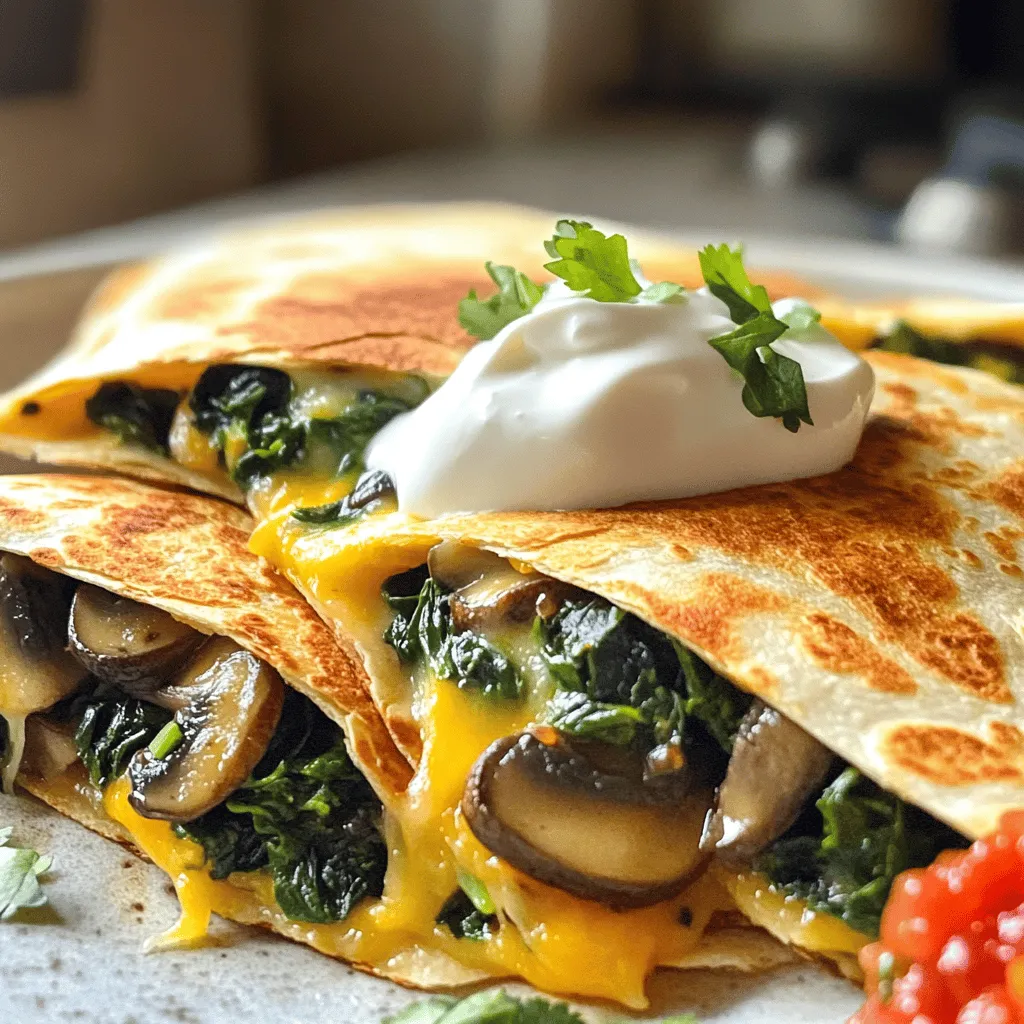 For these tasty quesadillas, you will need: - 2 cups fresh spinach, finely chopped - 1 cup mushrooms, sliced (cremini or button varieties recommended) - 1 cup shredded cheese (such as cheddar or a cheese blend of your choice) - 4 large flour tortillas - 1 tablespoon olive oil - 2 cloves garlic, minced - 1 teaspoon ground cumin - Salt and freshly cracked black pepper to taste These ingredients create a rich and creamy filling. The mushrooms add a nice umami flavor, while spinach gives a fresh taste. The cheese binds everything together and melts beautifully. To enhance your meal, consider these extras: - Sour cream - Salsa Dipping your quesadillas in sour cream or salsa adds a cool contrast. This makes each bite even more enjoyable. Here’s a quick look at the nutrition for one serving of the quesadillas: - Calories: 350 - Protein: 15g - Carbohydrates: 30g - Fat: 20g - Fiber: 3g These quesadillas are a good source of protein and fiber. They fit nicely into a balanced diet. Enjoy this tasty dish guilt-free! Start by washing your fresh spinach. Use about 2 cups and chop it finely. This makes it easier to mix into your quesadilla. Next, take 1 cup of mushrooms. You can use cremini or button mushrooms. Slice them evenly so they cook well. Now, grab 2 cloves of garlic and mince them. This will add a nice flavor to the dish. In a large skillet, heat 1 tablespoon of olive oil over medium heat. Once the oil is hot, add the minced garlic. Sauté it for about 30 seconds. You want it fragrant but not burnt. Next, add the sliced mushrooms to the skillet. Cook them for 5 to 7 minutes. Stir them occasionally until they are tender and have golden edges. Then, toss in the chopped spinach. Add 1 teaspoon of ground cumin, salt, and freshly cracked black pepper to taste. Cook this mixture for another 2 to 3 minutes. The spinach should wilt and become tender. Once done, remove the skillet from the heat and let the mixture cool slightly. Now it’s time to assemble your quesadillas! Heat a clean, dry skillet over medium heat. Place one large tortilla in the skillet. On one half of the tortilla, add a generous portion of the mushroom and spinach mixture. Then, sprinkle 1 cup of shredded cheese over the top. Fold the tortilla in half to cover the filling. Cook this folded quesadilla for about 2 to 3 minutes. You want it golden brown and the cheese to melt. Carefully flip it over and cook for another 2 to 3 minutes. Once cooked, remove the quesadilla from the pan. Repeat this process for the remaining tortillas and filling. Cut each quesadilla into wedges and serve hot. For a tasty touch, pair them with sour cream and salsa on the side. Check out the Full Recipe for more details on this delicious dish! To get that gooey, melted cheese, choose a good cheese. I like cheddar or a blend. Use shredded cheese rather than blocks for quick melting. Layer your cheese on the filling before folding the tortilla. The heat from the veggies helps melt the cheese as you cook. A crispy quesadilla starts with the right heat. Use medium heat to cook your quesadillas. If the heat is too low, they can become soggy. Brush a little olive oil on the tortilla before cooking. This gives a nice, golden crust. Flip the quesadilla carefully to keep it intact. You’ll need a few simple tools for these quesadillas: - Large skillet for cooking - Spatula for flipping - Sharp knife for cutting - Cutting board for prep - Mixing bowl for your filling These tools make cooking easy and fun. For the full recipe, check out the main article. {{image_4}} You can change the cheese to add more flavor. Cheddar is great, but try Monterey Jack for a mild taste. Pepper Jack adds a nice kick if you love spice. Also, consider using a blend of cheeses for depth. Mozzarella offers a stringy texture that melts beautifully. Want to make it heartier? Add cooked chicken or shrimp for protein. Black beans are a healthy choice too. You can also mix in bell peppers, onions, or even corn for extra crunch. Just make sure to sauté them well before adding them to the quesadilla. For a gluten-free option, use corn tortillas instead of flour. They hold up well and taste great. If you want a vegan version, swap out the cheese for a dairy-free cheese. You can also use avocado or cashew cream for a creamy touch. This way, everyone can enjoy these tasty quesadillas. For the full recipe, check out the [Full Recipe]. To store your leftover quesadillas, let them cool first. Place them in an airtight container. You can keep them in the fridge for up to three days. This way, they stay fresh and tasty. When you’re ready to eat, you can reheat quesadillas easily. Use a skillet over medium heat. Place the quesadilla in the pan and cook for about 2-3 minutes on each side. This will help the cheese melt again and make the tortilla crispy. You can also use a microwave if you're short on time. Just heat for about 30 seconds, but the texture may not be as good. To freeze quesadillas, wrap each one in plastic wrap tightly. Then, place them in a freezer-safe bag. You can store them in the freezer for up to three months. When you want to eat them, thaw them overnight in the fridge. Then, follow the reheating instructions to enjoy a quick and easy meal. For best results, do not freeze quesadillas with fresh toppings like sour cream or salsa. You can add those later! For the full recipe, check out the Mushroom and Spinach Quesadillas section. Yes, you can make these quesadillas ahead of time. Just cook them fully, then let them cool. Store them in an airtight container in the fridge. When you are ready to eat, reheat them in a skillet or microwave. This keeps the flavors fresh and the cheese melty. I recommend using large flour tortillas. They are soft and easy to fold. Corn tortillas are another option, but they can break easily. If you want a gluten-free choice, look for gluten-free flour tortillas. They work well and hold up nicely in this recipe. To boost the flavor, add spices like smoked paprika or chili powder. You can also mix in fresh herbs, such as cilantro or parsley. A squeeze of lime juice adds a zesty touch. Don’t forget to use high-quality cheese for a rich taste. For the full recipe, check out the complete guide. In this blog post, I shared how to make delicious mushroom and spinach quesadillas. We discussed key and optional ingredients, plus nutritional values. I provided step-by-step instructions and handy tips for the perfect cheese melt and crispy texture. You can explore fun variations, from cheese choices to gluten-free options. Lastly, I covered how to store and reheat leftovers. Enjoy making these quesadillas! They are easy, tasty, and great for meals any time.