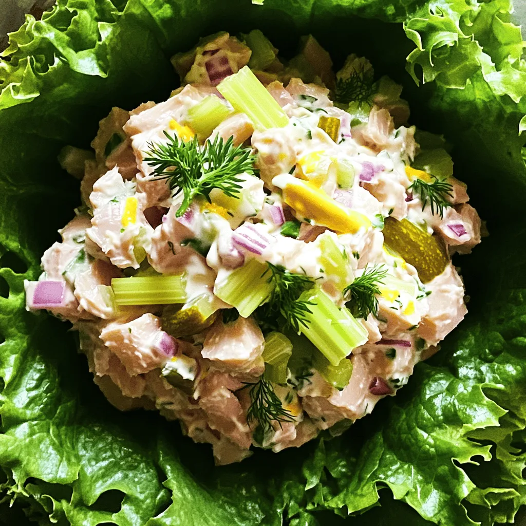 - 2 cans of tuna in water - 1/4 cup creamy mayonnaise - 1 tablespoon tangy Dijon mustard - 1/4 cup celery, finely chopped - 1/4 cup red onion, finely chopped - 1/4 cup dill pickles, finely chopped (or relish) - 1 tablespoon freshly squeezed lemon juice - Salt and pepper to taste - Fresh lettuce leaves, for serving Gathering the right ingredients is the first step to making a tasty tuna salad. I love using two cans of tuna in water. This will give you a nice base. Creamy mayonnaise adds richness. The tangy Dijon mustard brings a bit of zest that makes the salad shine. For crunch, I chop up celery. It adds a great texture. A little red onion provides sweetness and bite. Dill pickles or relish give a tangy twist. I always squeeze fresh lemon juice into the mix. It brightens the flavors and makes everything pop! Don't forget to season with salt and pepper. These small touches make a big difference. Finally, I like to serve my tuna salad on fresh lettuce leaves. It’s crisp and refreshing! For more details, check out the Full Recipe. - Combine tuna, mayonnaise, and Dijon mustard. - Mix until smooth. In a large bowl, start by adding the drained tuna. You want to break it up a bit. Then, add the creamy mayonnaise and tangy Dijon mustard. Use a fork to mix these ingredients well. The goal is to have a smooth base that blends all the flavors together. - Fold in celery, red onion, and dill pickles. Next, take your finely chopped celery, red onion, and dill pickles. Gently fold them into the tuna mixture. This adds a nice crunch and enhances the flavor. Make sure everything is evenly mixed so each bite has a bit of everything. - Add lemon juice, salt, and pepper. - Refrigerate for 15 minutes. Drizzle some freshly squeezed lemon juice into the mix. Then, sprinkle in salt and pepper to taste. Stir it all together. This step is key for brightening the flavors. Once seasoned, cover the bowl with plastic wrap. Place it in the fridge for about 15 minutes. This time allows the flavors to meld beautifully. When you're ready, you can serve it in fresh lettuce leaves or use it as a filling for sandwiches. Enjoy your zesty tuna delight salad! For the full recipe, refer to the earlier section. To boost the taste of your tuna salad, add fresh herbs like parsley or dill. These herbs bring a bright touch to the mix. You can chop them finely and fold them in just before serving. This step makes a big difference and adds depth to the salad. You can serve tuna salad in fresh lettuce leaves for a light meal. This method makes it fun to eat and easy to handle. You can also use the salad as a tasty filling for sandwiches. Just spread it on your favorite bread and enjoy! To cut down on prep time, use pre-chopped veggies. Many stores sell finely chopped celery and onion. You can also choose canned ingredients. For instance, you can use canned pickles or even pre-made sauces. This can help you whip up your meal in no time. Check out the Full Recipe for more details on how to make it quick and easy! {{image_4}} For a Mediterranean spin, add some olives and feta cheese. The briny olives bring a nice saltiness that pairs well with the tuna. Feta cheese adds a creamy texture and a tangy flavor. It's a simple way to elevate your salad. Just chop up a handful of olives and crumble some feta into your mix. Stir gently to combine. This twist makes your dish fresh and fun. If you like heat, consider a spicy option. Add chopped jalapeños or a dash of hot sauce. These ingredients bring warmth and depth to the salad. Start with a small amount, then taste as you go. You can always add more if you want extra kick. This variation is perfect for those who enjoy bold flavors. For a lighter salad, swap Greek yogurt for mayonnaise. Greek yogurt gives a creamy texture with fewer calories. It also adds protein and tanginess. Use the same amount of yogurt as mayonnaise for a direct swap. Your salad will still be tasty and satisfying, but with a healthy twist. This option is great for those watching their diet without losing flavor. Feel free to explore these variations to make your tuna salad unique and exciting! Want to see the full recipe? Check out the Zesty Tuna Delight Salad. Store your tuna salad in an airtight container. This keeps it fresh longer. Make sure to seal the lid tightly. Proper storage helps prevent any strong smells from spreading. Your tuna salad is safe to eat for 3-5 days in the refrigerator. After that, it may spoil. Always check for any off smells or changes in texture before eating. If it looks or smells strange, it’s best to toss it. Freezing tuna salad is not recommended. The texture can change when thawed. Mayonnaise can separate, making it watery. It’s best to enjoy your tuna salad fresh for the best taste. For quick meals, make a new batch instead! Tuna salad stays fresh in the fridge for about 3 to 5 days. Store it in an airtight container. Always check for any off smells or changes in texture before eating it. Yes, you can make tuna salad ahead of time. It’s great for meal prep. Just keep it in the fridge until you’re ready to serve. The flavors blend well after sitting for a bit, making it even tastier! Tuna salad pairs well with many sides. Here are some ideas: - Fresh lettuce leaves for a light wrap - Crispy crackers for crunch - Sliced cucumbers for a refreshing bite - Toasted bread for a sandwich - Fresh fruit for a sweet contrast For a full recipe on preparing this dish, check the Zesty Tuna Delight Salad. This tuna salad recipe is simple and tasty. You only need a few ingredients and steps. Mix tuna with mayo and mustard, then add veggies for crunch. Chill the mix for flavor. You can serve it in lettuce or as a sandwich. Consider adding herbs or spicy elements for a twist. It’s easy to store, and you can enjoy it for days. Give it a try, and I bet you will love it!