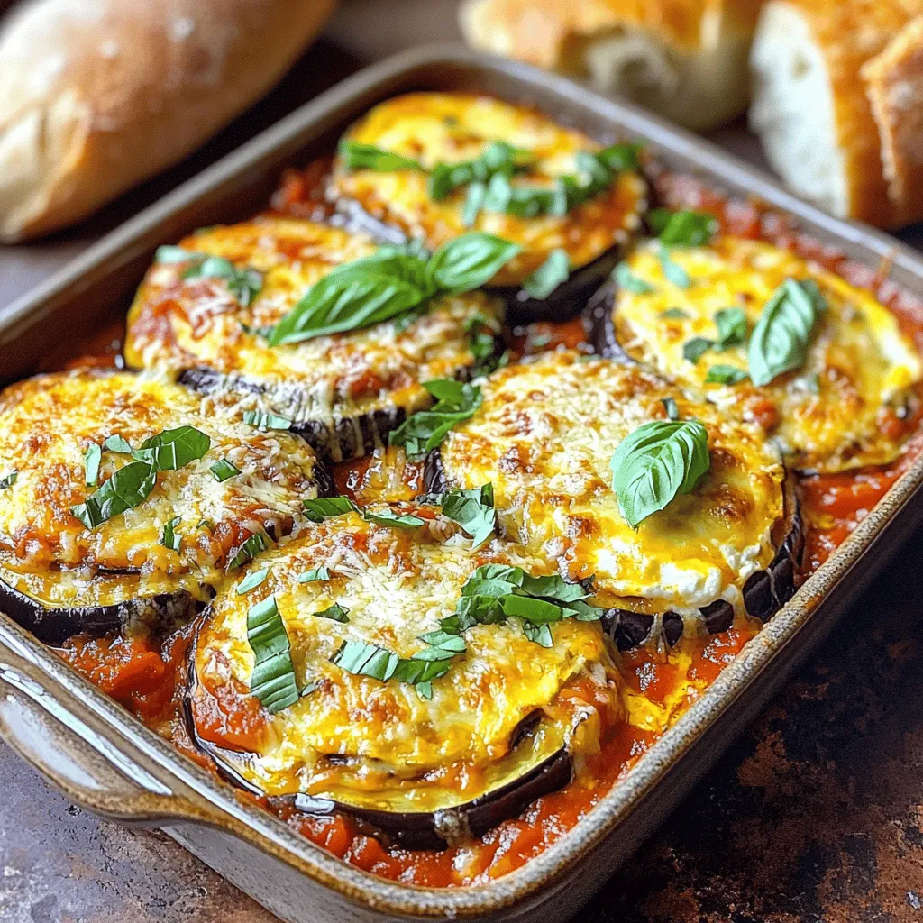 - 2 large eggplants, cut into 1/4-inch thick rounds - 1 teaspoon salt - 2 cups marinara sauce - 1 ½ cups ricotta cheese - 2 cups shredded mozzarella cheese - 1 cup grated Parmesan cheese - 1 teaspoon dried oregano - 1 teaspoon garlic powder - Fresh basil leaves, for garnish - Olive oil spray or 2 tablespoons olive oil for drizzling Why do we salt eggplant? Salting eggplant is key. It helps pull out water and any bitterness. This makes the eggplant taste better and feel less soggy. You’ll notice a big difference in flavor. If you want low-fat options, try low-fat ricotta or mozzarella cheese. They work well in this dish while keeping it light. You can still enjoy a creamy texture and great taste. Now, let’s talk marinara sauce. Homemade sauce is always amazing, but store-bought works too. If you don’t have time to make it, grab a good jar from the store. Just check the label for quality ingredients. You want the best flavor for your dish. For the full recipe, check the link above. It'll guide you through the whole cooking process. First, preheat your oven to 375°F (190°C). Next, line two baking sheets with parchment paper. This step keeps the eggplant from sticking. Take your eggplants and cut them into 1/4-inch thick rounds. Sprinkle 1 teaspoon of salt over the slices. This will draw out moisture and bitterness. Arrange the salted slices in a colander and let them rest for about 30 minutes. After the waiting time, rinse each slice under cold water. This removes the salt. Pat them dry with paper towels. It’s key to dry them well to avoid sogginess. Now, place the dried slices on the baking sheets in one layer. Lightly spray with olive oil or brush it on. Bake the slices for 25-30 minutes. Flip them halfway through to ensure they brown well. While the eggplant bakes, mix the ricotta cheese, dried oregano, and garlic powder in a bowl. Stir until well combined. Once the eggplant is ready, it’s time to assemble. Spread a layer of marinara sauce in a medium baking dish. Next, add half of the baked eggplant slices over the sauce. Dollop half of the ricotta mixture on top of the eggplant. Spread it evenly. Then, sprinkle a layer of shredded mozzarella and grated Parmesan cheese. Repeat this layering. Start with more marinara, then the remaining eggplant, ricotta, mozzarella, and Parmesan. It’s important to cover the dish tightly with aluminum foil. This keeps the moisture in while it bakes. Bake the covered dish for 25 minutes. After this, remove the foil. Continue baking for another 15 minutes. Look for bubbling cheese and a golden crust. This shows it’s ready. Let the dish cool for about 10 minutes before serving. Garnish with fresh basil leaves. This adds flavor and color to your meal. For the full recipe, check the complete guide above. To make the best Baked Eggplant Parmesan, drying eggplants is key. After salting, rinse and dry each slice well. This step removes moisture and helps prevent sogginess. A dry eggplant fries and bakes better. Enhancing flavor is easy with herbs and spices. I use oregano and garlic powder. You can also add fresh basil or thyme for a fragrant touch. These herbs lift the dish, making every bite a delight. Baked Eggplant Parmesan shines with simple sides. I love pairing it with a crisp green salad. A side of crusty bread also works well. The bread soaks up the sauce, adding more joy to each bite. For presentation, serve it hot from the oven. A sprinkle of fresh basil on top makes it pop. Use a colorful plate to enhance the dish's appeal. One big mistake is overcooking the eggplant. Keep an eye on it while baking. You want it golden and tender, not mushy. Another misstep is skipping the salting process. Salting draws out bitterness and moisture. Without this step, your dish may lack flavor. Always remember to salt your eggplants before cooking. For the full recipe, check the detailed instructions provided above. {{image_4}} You can switch up the cheese in your Baked Eggplant Parmesan for different tastes. For vegan options, try using cashew cheese or almond cheese. These options melt well and add a rich flavor. If you prefer, mix different cheeses like gouda or provolone for a unique twist. Blending cheeses can create a special flavor that surprises your taste buds. Want to make your dish heartier? Add protein! Ground turkey or Italian sausage works great in the layers. Just cook it first and mix it with your marinara sauce. If you prefer a vegetarian option, lentils or chickpeas can add protein too. They work well with the eggplant and keep the meal filling. You can easily change the flavor of your dish by adding herbs or other ingredients. Fresh basil, thyme, or parsley can brighten the taste. You can also mix in spinach for extra nutrition. When it comes to marinara sauce, feel free to try different kinds. A spicy arrabbiata or a smooth pesto can make your dish stand out. Store your Baked Eggplant Parmesan in airtight containers. Glass or plastic containers work well. Make sure the dish cools down before sealing. Place it in the fridge within two hours of cooking. This keeps it fresh and safe to eat later. To reheat, use the oven for best results. Preheat the oven to 350°F (175°C). Place the dish in an oven-safe container. Cover it with foil to keep the moisture. Bake for about 20 minutes or until hot all the way through. For a quick option, you can use the microwave. Heat in short bursts of one minute, stirring in between. However, the oven keeps the texture better. You can freeze Baked Eggplant Parmesan before or after baking. If freezing before baking, wrap it tightly in plastic wrap, then foil. This keeps out air and prevents freezer burn. To freeze after baking, let it cool first, then follow the same wrapping method. When you are ready to enjoy, thaw it in the fridge overnight. Bake it at 350°F (175°C) until heated through, which usually takes 30-40 minutes. Avoid freezing more than three months for best quality. To stop eggplant from being bitter, use the salting method. First, slice the eggplant into rounds. Sprinkle salt on both sides of each slice. This step helps draw out moisture and bitterness. Let the salted slices sit in a colander for about 30 minutes. Rinse the slices well with cold water afterward. Pat them dry with paper towels. This method makes your eggplant taste sweet and delicious in your Baked Eggplant Parmesan. Yes, you can make Baked Eggplant Parmesan ahead. First, prepare the dish as directed in the Full Recipe. After assembling it, cover tightly with foil. Store it in the fridge for up to 24 hours. When ready, bake it straight from the fridge. Add about 10 extra minutes to the baking time. This way, you enjoy a hot meal with ease. If you want a change, try using pesto or alfredo sauce instead of marinara. Pesto adds a fresh, herbaceous flavor. Alfredo gives a creamy, rich taste. You can even blend marinara with these sauces for a mixed flavor. Just make sure whatever sauce you choose works well with the eggplant. Baked Eggplant Parmesan can be gluten-free. Check the marinara sauce for gluten. Use gluten-free breadcrumbs if you want a crunchy layer. Double-check your cheese brands, too. Most cheeses are gluten-free, but it’s good to verify. Enjoy this dish without worry while keeping it gluten-free! Baked Eggplant Parmesan offers a tasty and healthy dish for any meal. We covered key ingredients, like eggplant and cheeses, along with tips for preparing and baking. Avoiding common mistakes will help you create a perfect dish. Remember to get creative with variations, like different cheeses or added proteins. Store leftovers properly, and enjoy them later. With these steps, your meal will impress family and friends. Try this recipe, and enjoy a delicious, homemade meal.