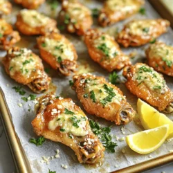 - 2 pounds chicken wings - 4 tablespoons unsalted butter, melted - 5 cloves garlic, finely minced - 1/2 cup freshly grated Parmesan cheese - 1 tablespoon olive oil - 1 teaspoon garlic powder - Optional: Lemon wedges for a refreshing twist - Fresh parsley, chopped for garnish Garlic Parmesan Chicken Wings are a crowd favorite. To make these tasty wings, you will need some key ingredients. First, chicken wings are a must. I usually get about two pounds. They provide a great base for flavor. Next, the butter gives the wings a rich taste. Melt four tablespoons of unsalted butter. This adds a nice depth to the dish. Garlic is key, too. You need five cloves, finely minced for that punchy flavor. For seasoning, freshly grated Parmesan cheese is a star. Half a cup brings a savory element that pairs well with the garlic. Olive oil is important, too. A tablespoon keeps the wings moist while they bake. Lastly, add one teaspoon of garlic powder for extra flavor. If you want to take it up a notch, consider some optional ingredients. Lemon wedges add a bright, fresh twist. Fresh parsley, chopped, makes for a pretty garnish. It adds color and a bit of freshness. To see how to bring this all together, check out the Full Recipe. Start by preheating your oven to 425°F (220°C). This temperature helps the wings get crispy. While it heats, line a large baking sheet with parchment paper. This step makes cleanup easy and keeps your wings from sticking. In a big mixing bowl, add 2 pounds of chicken wings. Pour in 1 tablespoon of olive oil, 1 teaspoon of garlic powder, and 1 teaspoon of onion powder. Then, add salt and freshly cracked black pepper to taste. Use your hands or a spoon to mix well. Make sure every wing gets a good coat of the seasoning. Now, arrange the seasoned wings in a single layer on the baking sheet. Do not crowd them. Bake the wings in your preheated oven for about 35-40 minutes. Flip the wings halfway through cooking. This helps them cook evenly and become golden and crispy. For the full recipe, refer to the earlier section. To start, melt 4 tablespoons of unsalted butter in a small saucepan. Place the pan on medium heat. Stir the butter gently as it melts. This helps it melt evenly and prevents burning. Once melted, take it off the heat. Next, add 5 cloves of finely minced garlic to the melted butter. Stir it well. Cook for 1-2 minutes until the garlic smells great. Then, add 1/2 cup of freshly grated Parmesan cheese. Mix it all together until the cheese melts into the sauce. Now, you want to ensure your sauce is smooth and creamy. Stir in 1 tablespoon of chopped parsley for color and taste. If the sauce feels too thick, add a teaspoon of olive oil to loosen it. Your garlic Parmesan sauce is now ready to coat those wings from the Full Recipe! {{image_4}} To get crispy wings, start by preheating your oven to 425°F (220°C). The high heat helps them crisp up nicely. Use a wire rack on your baking sheet. This allows air to flow around the wings, making them crispy on all sides. Bake the wings for 35-40 minutes, flipping them halfway. This ensures even cooking and a golden finish. For great flavor, don’t just stick to the basic recipe. You can add more garlic powder or onion powder for extra taste. Try mixing in some smoked paprika or cayenne pepper for a spicy kick. If you love herbs, add dried oregano or thyme. These little changes can make a big difference in flavor. When serving your wings, place them on a nice platter. Garnish with fresh parsley for a pop of color. You can add lemon wedges on the side. This allows guests to squeeze fresh lemon juice over the wings for added brightness. For an extra touch, serve with dipping sauces like ranch or blue cheese. Enjoy your garlic Parmesan chicken wings! You can cook garlic Parmesan chicken wings in two main ways: air frying or oven baking. - Air Fryer: This method gives you crispy wings with less oil. Set your air fryer to 400°F (200°C). Cook the wings for about 25-30 minutes, shaking the basket halfway through. You’ll love how quick and easy it is! - Oven Baking: For oven baking, preheat to 425°F (220°C). Bake your wings for 35-40 minutes, flipping them once. This method works great for larger batches. Both methods give tasty results. Choose what suits your kitchen and time best! You can mix up the flavors of your garlic Parmesan chicken wings. Try these fun ideas: - Buffalo Sauce: Add a kick by tossing the wings in spicy buffalo sauce after cooking. - Honey BBQ: Drizzle honey BBQ sauce over the wings for a sweet twist. - Lemon Pepper: Mix lemon zest with pepper and toss with the wings for a fresh taste. These flavor combinations let you create your perfect wing experience! If you need gluten-free or dairy-free options, I have you covered! - Gluten-Free: Make sure to check your seasoning blends. Some contain gluten. Use certified gluten-free sauces to keep it safe. - Dairy-Free: Swap the butter for olive oil or a dairy-free butter alternative. Use nutritional yeast instead of Parmesan for a cheesy flavor without dairy. These tips let everyone enjoy garlic Parmesan chicken wings, no matter their diet! To store leftover wings, place them in an airtight container. Make sure they cool first. Store them in the fridge for up to three days. For longer storage, freeze them for up to two months. When reheating, the oven is best. Preheat your oven to 350°F (175°C). Place the wings on a baking sheet. Heat for about 10-15 minutes until hot. This keeps the wings crispy. Yes, you can prepare the wings ahead of time. You can season the wings and store them in the fridge. Just cover them tightly with plastic wrap. This can be done a day in advance. You can also bake the wings ahead of time. After baking, let them cool. Store them in an airtight container in the fridge. When ready to serve, just reheat them in the oven. Garlic Parmesan chicken wings pair well with many sides. Here are some tasty options: - Celery sticks with ranch or blue cheese dressing - Crispy fries or sweet potato fries - A fresh garden salad - Grilled corn on the cob - Garlic bread to soak up extra sauce These sides make a great addition to your meal. Enjoy your wings with these tasty choices! You learned how to make tasty Garlic Parmesan Chicken Wings. We covered essential ingredients, including chicken, butter, and garlic. I also shared tips for cooking and garnishing your wings. Don't forget, you can use an air fryer or try different flavors. Enjoy making these wings for parties or family dinners. Your kitchen will smell great, and your wings will impress everyone. Now, get ready to savor every crunchy bite!