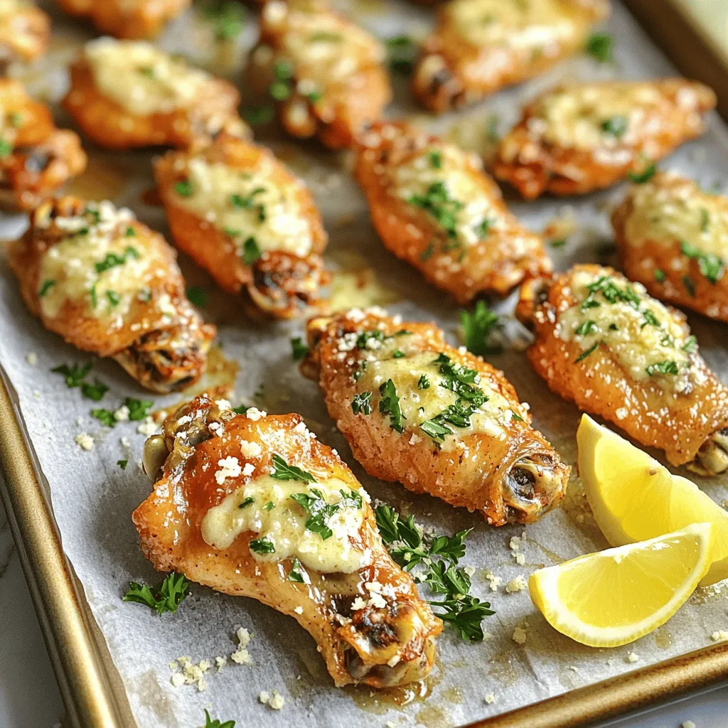 - 2 pounds chicken wings - 4 tablespoons unsalted butter, melted - 5 cloves garlic, finely minced - 1/2 cup freshly grated Parmesan cheese - 1 tablespoon olive oil - 1 teaspoon garlic powder - Optional: Lemon wedges for a refreshing twist - Fresh parsley, chopped for garnish Garlic Parmesan Chicken Wings are a crowd favorite. To make these tasty wings, you will need some key ingredients. First, chicken wings are a must. I usually get about two pounds. They provide a great base for flavor. Next, the butter gives the wings a rich taste. Melt four tablespoons of unsalted butter. This adds a nice depth to the dish. Garlic is key, too. You need five cloves, finely minced for that punchy flavor. For seasoning, freshly grated Parmesan cheese is a star. Half a cup brings a savory element that pairs well with the garlic. Olive oil is important, too. A tablespoon keeps the wings moist while they bake. Lastly, add one teaspoon of garlic powder for extra flavor. If you want to take it up a notch, consider some optional ingredients. Lemon wedges add a bright, fresh twist. Fresh parsley, chopped, makes for a pretty garnish. It adds color and a bit of freshness. To see how to bring this all together, check out the Full Recipe. Start by preheating your oven to 425°F (220°C). This temperature helps the wings get crispy. While it heats, line a large baking sheet with parchment paper. This step makes cleanup easy and keeps your wings from sticking. In a big mixing bowl, add 2 pounds of chicken wings. Pour in 1 tablespoon of olive oil, 1 teaspoon of garlic powder, and 1 teaspoon of onion powder. Then, add salt and freshly cracked black pepper to taste. Use your hands or a spoon to mix well. Make sure every wing gets a good coat of the seasoning. Now, arrange the seasoned wings in a single layer on the baking sheet. Do not crowd them. Bake the wings in your preheated oven for about 35-40 minutes. Flip the wings halfway through cooking. This helps them cook evenly and become golden and crispy. For the full recipe, refer to the earlier section. To start, melt 4 tablespoons of unsalted butter in a small saucepan. Place the pan on medium heat. Stir the butter gently as it melts. This helps it melt evenly and prevents burning. Once melted, take it off the heat. Next, add 5 cloves of finely minced garlic to the melted butter. Stir it well. Cook for 1-2 minutes until the garlic smells great. Then, add 1/2 cup of freshly grated Parmesan cheese. Mix it all together until the cheese melts into the sauce. Now, you want to ensure your sauce is smooth and creamy. Stir in 1 tablespoon of chopped parsley for color and taste. If the sauce feels too thick, add a teaspoon of olive oil to loosen it. Your garlic Parmesan sauce is now ready to coat those wings from the Full Recipe! {{image_4}} To get crispy wings, start by preheating your oven to 425°F (220°C). The high heat helps them crisp up nicely. Use a wire rack on your baking sheet. This allows air to flow around the wings, making them crispy on all sides. Bake the wings for 35-40 minutes, flipping them halfway. This ensures even cooking and a golden finish. For great flavor, don’t just stick to the basic recipe. You can add more garlic powder or onion powder for extra taste. Try mixing in some smoked paprika or cayenne pepper for a spicy kick. If you love herbs, add dried oregano or thyme. These little changes can make a big difference in flavor. When serving your wings, place them on a nice platter. Garnish with fresh parsley for a pop of color. You can add lemon wedges on the side. This allows guests to squeeze fresh lemon juice over the wings for added brightness. For an extra touch, serve with dipping sauces like ranch or blue cheese. Enjoy your garlic Parmesan chicken wings! You can cook garlic Parmesan chicken wings in two main ways: air frying or oven baking. - Air Fryer: This method gives you crispy wings with less oil. Set your air fryer to 400°F (200°C). Cook the wings for about 25-30 minutes, shaking the basket halfway through. You’ll love how quick and easy it is! - Oven Baking: For oven baking, preheat to 425°F (220°C). Bake your wings for 35-40 minutes, flipping them once. This method works great for larger batches. Both methods give tasty results. Choose what suits your kitchen and time best! You can mix up the flavors of your garlic Parmesan chicken wings. Try these fun ideas: - Buffalo Sauce: Add a kick by tossing the wings in spicy buffalo sauce after cooking. - Honey BBQ: Drizzle honey BBQ sauce over the wings for a sweet twist. - Lemon Pepper: Mix lemon zest with pepper and toss with the wings for a fresh taste. These flavor combinations let you create your perfect wing experience! If you need gluten-free or dairy-free options, I have you covered! - Gluten-Free: Make sure to check your seasoning blends. Some contain gluten. Use certified gluten-free sauces to keep it safe. - Dairy-Free: Swap the butter for olive oil or a dairy-free butter alternative. Use nutritional yeast instead of Parmesan for a cheesy flavor without dairy. These tips let everyone enjoy garlic Parmesan chicken wings, no matter their diet! To store leftover wings, place them in an airtight container. Make sure they cool first. Store them in the fridge for up to three days. For longer storage, freeze them for up to two months. When reheating, the oven is best. Preheat your oven to 350°F (175°C). Place the wings on a baking sheet. Heat for about 10-15 minutes until hot. This keeps the wings crispy. Yes, you can prepare the wings ahead of time. You can season the wings and store them in the fridge. Just cover them tightly with plastic wrap. This can be done a day in advance. You can also bake the wings ahead of time. After baking, let them cool. Store them in an airtight container in the fridge. When ready to serve, just reheat them in the oven. Garlic Parmesan chicken wings pair well with many sides. Here are some tasty options: - Celery sticks with ranch or blue cheese dressing - Crispy fries or sweet potato fries - A fresh garden salad - Grilled corn on the cob - Garlic bread to soak up extra sauce These sides make a great addition to your meal. Enjoy your wings with these tasty choices! You learned how to make tasty Garlic Parmesan Chicken Wings. We covered essential ingredients, including chicken, butter, and garlic. I also shared tips for cooking and garnishing your wings. Don't forget, you can use an air fryer or try different flavors. Enjoy making these wings for parties or family dinners. Your kitchen will smell great, and your wings will impress everyone. Now, get ready to savor every crunchy bite!