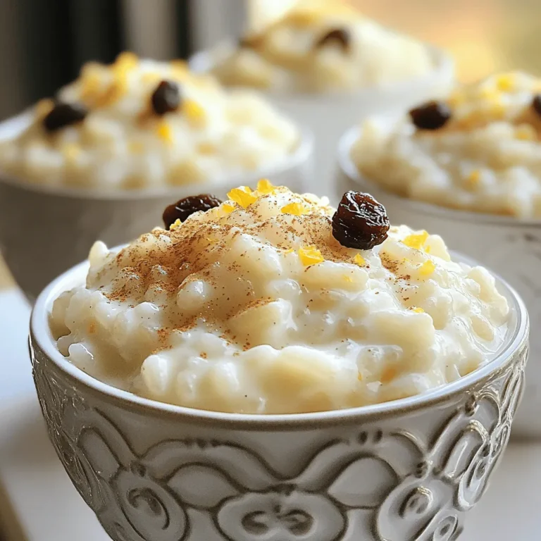 - 1 cup jasmine or arborio rice - 4 cups whole milk - 1/2 cup granulated sugar - 1/4 teaspoon salt To make the best rice pudding, you need quality ingredients. Jasmine or arborio rice gives a nice texture. Whole milk adds creaminess and richness. Sugar sweetens the dish perfectly. The salt balances the flavors. - 1 tablespoon pure vanilla extract - 1/2 teaspoon ground cinnamon - Zest of 1 lemon Flavor enhancers kick the taste up a notch! Pure vanilla extract gives warmth. Ground cinnamon adds a lovely spice. Lemon zest brings a bright note that lifts the dessert. - 2 large egg yolks - 1/4 cup raisins (optional) Egg yolks make the pudding extra rich and creamy. If you like, you can add raisins for sweetness and texture. They also add a touch of chewiness, making each bite special. For the complete recipe, check out the Full Recipe. Enjoy creating this classic dish! - Rinse and drain the rice Start by rinsing the rice. Place it in a bowl and cover it with cold water. Swirl the rice with your hand. Continue rinsing until the water is clear. This step helps remove excess starch. Drain the rice well in a colander. - Prepare the milk mixture In a medium saucepan, mix whole milk, sugar, and salt. Set the heat to medium. Stir the mixture gently to dissolve the sugar. Bring this mixture to a gentle simmer. Be careful not to let it boil. - Add rinsed rice to the simmering mixture Once the milk mixture simmers, add the rinsed rice. Stir it in gently. Lower the heat to maintain a gentle simmer. Cook the rice for about 20 to 25 minutes. Stir often to keep the rice from sticking. You want the rice to be tender and creamy. - Whisk and temper the egg yolks While the rice cooks, take a small bowl. Whisk the egg yolks until smooth. This will help make the pudding rich. Set the bowl aside for later use. - Combine all components and thicken the mixture After the rice is cooked, slowly add some hot rice mixture to the egg yolks. Whisk constantly to avoid curdling. This step is key to a smooth pudding. Gradually pour this mixture back into the saucepan. Stir continuously for about 5 more minutes. This will help thicken the rice pudding. - Serve warm or chill for later Once thickened, remove the pot from heat. Stir in vanilla extract, cinnamon, lemon zest, and raisins if you like. Let the rice pudding cool slightly before serving. You can enjoy it warm or chill it in the fridge for later. For the full recipe, follow the detailed instructions above to create this creamy delight. To make perfect rice pudding, the type of rice matters. I recommend using jasmine or arborio rice. These types yield a creamy texture. Jasmine rice adds a floral note, while arborio gives a rich creaminess. Cook the rice for about 20 to 25 minutes. This timing ensures the rice is tender and the pudding becomes creamy. Stirring frequently is essential. It prevents the rice from sticking to the pot. This action also helps release starch, which thickens the pudding. For an eye-catching presentation, use individual bowls or cups. This makes each serving special. Top with a light sprinkle of cinnamon and a few raisins. This adds color and flavor. You can pair rice pudding with fresh fruit or a scoop of ice cream. Berries or sliced bananas work well. They add a fresh taste to the creamy dessert. One common mistake is curdling the egg yolks. This happens if you add them to the hot mixture too quickly. Always temper the yolks first. Slowly mix in a bit of the hot rice pudding. This keeps them smooth. Another mistake is overcooking the rice. If you cook it too long, it can become mushy. Keep an eye on the cooking time. The rice should be tender but still hold its shape. For the full recipe, check out the detailed instructions above! Enjoy your creamy rice pudding! {{image_4}} You can add a twist to rice pudding by using spices. Nutmeg and cardamom bring warmth and depth. Just a pinch can change the whole dish. You can also swap whole milk for coconut milk. This gives a tropical vibe and a unique flavor. For a fun crunch, try adding toasted nuts. Almonds or pistachios work great. You can even add chocolate chips for a sweet surprise. If you want to change the fruit, swap raisins for dried apricots or cranberries. Each option adds its own special touch. Make rice pudding vegan by using almond milk or oat milk. You can skip the eggs, too. For gluten-free needs, choose gluten-free grains like quinoa or rice. These swaps keep the creamy texture while fitting different diets. Check out the Full Recipe to explore these variations and create your perfect bowl of rice pudding! To keep your rice pudding fresh, use a tight container. Glass or plastic containers work well. Make sure the pudding cools a bit before sealing it. This step helps avoid condensation. Store the pudding in the fridge. If you want to keep it longer, you can freeze it. Use an airtight container or freezer bag. Leave a little space at the top since it will expand. When reheating, do it slowly. You can use a saucepan on low heat. Stir often to keep it creamy. If it seems dry, add a splash of milk. You can also use the microwave. Heat in short bursts, stirring in between. Serve it warm, but you can chill it too. Top with a sprinkle of cinnamon for extra flavor. Rice pudding lasts about 3 to 5 days in the fridge. Always check for any off smells or changes in texture. If it looks dry or has an odd color, it's best to throw it out. Enjoy your creamy delight with confidence! To make rice pudding creamier, use more milk. You can also cook it longer. Stir often to prevent sticking. Adding a bit of butter at the end can help too. Experiment with different types of milk. Creamy options like whole milk or even coconut milk work well. Yes, you can make rice pudding ahead of time. Store it in an airtight container in the fridge. It keeps well for about three days. When ready to eat, reheat it gently on the stove. Add a splash of milk to restore the creamy texture. Rice pudding can be enjoyed hot or cold. Many people like it warm right after cooking. Others prefer it chilled for a refreshing dessert. Try both ways to see what you like best. A sprinkle of cinnamon or fresh fruit makes it even better. Rice pudding is sweet and creamy. It usually has milk, sugar, and spices. Rice porridge is often savory and made with water or broth. The texture is different too. Porridge is thinner, while pudding is thick and rich. Access the complete recipe for creamy vanilla rice pudding. You learned how to make classic rice pudding with simple steps and key ingredients. We discussed cooking methods, tips for creamy texture, and fun variations. By following this guide, you'll avoid common mistakes and enjoy delicious rice pudding. Remember, you can customize it to fit your taste or diet. Keep experimenting with flavors and storage tips to enjoy this treat anytime. Now, go ahead and make your own perfect rice pudding!