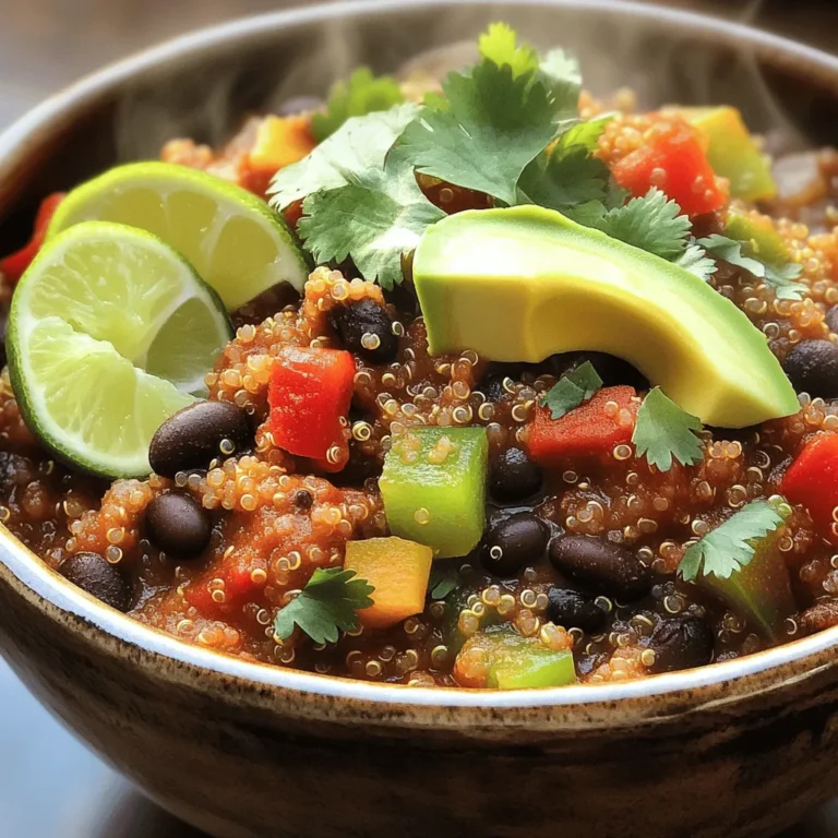 - 1 cup quinoa, thoroughly rinsed - 2 cans (15 oz each) black beans, well-drained and rinsed - 1 can (14 oz) diced tomatoes, including the juices - 1 red bell pepper, finely diced - 1 green bell pepper, finely diced - 1 medium onion, chopped - 3 garlic cloves, minced - 2 cups vegetable broth - 1 tablespoon olive oil - 1 tablespoon chili powder - 1 teaspoon ground cumin - 1 teaspoon smoked paprika - Salt and pepper, to taste - Optional toppings: creamy avocado slices, fresh cilantro leaves, lime wedges Using fresh ingredients gives your dish great flavor. Canned beans and tomatoes are good options too. They save time and still taste good. If you want to switch the quinoa, try using rice or farro. Both cook well and add a nice texture. For black beans, you can use pinto beans or kidney beans. They all taste great and work well in chili. If you prefer less spice, reduce the chili powder. You could also add a bit of sugar to balance the heat. For a more vibrant flavor, try adding fresh herbs like oregano or basil. Garnish your chili with creamy avocado slices. They add a rich taste and texture. Fresh cilantro leaves brighten the dish and add freshness. Lime wedges give a zesty kick when squeezed on top. Pair your chili with warm corn bread or tortilla chips. They complement the dish and add a nice crunch. Enjoy your meal with a simple side salad for extra greens and freshness. To start, heat a large pot over medium heat. Add one tablespoon of olive oil. Once hot, toss in one chopped onion. Sauté it for about five minutes. You want the onion to turn soft and fragrant. Next, mince three garlic cloves and add them to the pot. Cook for one more minute. This step lets the garlic release its flavor. Now, it's time for the bell peppers. Use one red and one green bell pepper, finely diced. Add them to the pot and sauté for three to four minutes. Stir often until they soften a bit. This adds color and taste to your chili. Now that your base is ready, it’s time to add the main ingredients. Pour in one cup of rinsed quinoa and two cans of black beans. Make sure you drain and rinse the beans well before adding. Next, add one can of diced tomatoes, including the juices. Then, pour in two cups of vegetable broth. Sprinkle in one tablespoon of chili powder, one teaspoon of ground cumin, and one teaspoon of smoked paprika. Mix everything well to combine the flavors. To ensure your spices mix evenly, stir the pot for a minute. This helps each bite taste amazing. Bring the mix to a rolling boil. Once it starts boiling, lower the heat to a simmer. Cover the pot with a lid and let it cook for 20 to 25 minutes. This time allows the quinoa to cook fully and absorb most of the liquid. You’ll know your chili is ready when the quinoa blooms and the mixture looks thick. Taste it and add salt and pepper as needed. This step is key to making your chili taste just right. Now, you can serve your delicious quinoa and black bean chili. Enjoy it with toppings like creamy avocado, fresh cilantro, or zesty lime. For the full recipe, check [Full Recipe]. To make your quinoa and black bean chili stand out, focus on each layer of flavor. Start by sautéing your onions and garlic until they are soft. This step builds a strong base. Next, taste your chili as it cooks. Adjust the spices to suit your taste. If you want more heat, add extra chili powder. If you prefer it milder, hold back on the spice. When you add your vegetables, like bell peppers, let them cook until they soften. This helps release their natural sweetness. Always remember, fresh ingredients pack more flavor than canned ones. Using the right pots and utensils can make a big difference. I recommend a large pot or Dutch oven for this chili. It allows for even cooking and enough space for all the ingredients. A wooden spoon works well for stirring, while measuring cups help you get the right amounts. Good tools lead to better results. To keep your chili fresh, store it in airtight containers. It lasts about five days in the fridge. When you reheat it, do so slowly on the stove. This helps maintain its taste and texture. Stir it often to prevent sticking. If you want to freeze it, let it cool first, then place it in freezer-safe bags. This chili can stay good for up to three months in the freezer. {{image_4}} You can easily make this chili vegan or vegetarian. Both quinoa and black beans are plant-based. To boost flavors, add more veggies like corn, zucchini, or carrots. You can also toss in some fresh spinach or kale for extra nutrients. If you want more protein, try adding tempeh or tofu. Cook them in the pot for a few minutes before adding the other ingredients. This way, they soak up all the flavors. Want it spicy? Add jalapeños or chili flakes to the pot. You can start with a little and taste as you go. If you prefer a mild chili, skip the spicy stuff. Use sweet peppers instead of hot ones. You can also add a bit of honey or sugar if you need to balance the heat. Remember, it’s all about your taste! Let your chili travel the world! You can add chipotle for a smoky flavor. Or try some curry powder for an Indian twist. If you love Italian flavors, toss in some Italian herbs like oregano and basil. You can also add some coconut milk for a tropical vibe. The options are endless, so feel free to get creative! For the full recipe, check out the detailed guide above. Your quinoa and black bean chili can last in the fridge for about 4 to 5 days. To keep it fresh, use airtight containers. Glass or plastic containers work well, but glass is better for reheating. Make sure to let the chili cool down before sealing it. This helps keep moisture in check. To freeze your chili, first cool it completely. Spoon it into freezer-safe bags or containers. Leave some space at the top for expansion. Seal them tightly and label with the date. When you’re ready to eat, thaw overnight in the fridge. Reheat it on the stove or in the microwave. Add a splash of broth to keep it from drying out. For the best flavor and safety, eat your chili within three months if frozen. Over time, the taste can change. You might notice a slight loss in texture and flavor. The spices may fade, and the beans can become grainy. Always trust your senses; if it smells or looks off, throw it away. To reduce the heat in your chili, try a few easy methods. First, use fewer chili powder and spices. You can also add more ingredients like quinoa, beans, or tomatoes to balance the heat. Another option is to stir in some creamy avocado or sour cream. These toppings help cool down the flavors. Yes, you can make this chili in a slow cooker. Start by sautéing the onions and garlic in a pan. Then, add them to the slow cooker with all other ingredients. Cook on low for 6-8 hours or on high for 3-4 hours. Stir occasionally if you can. This method will give you a rich and flavorful chili. This chili pairs well with many sides. You can serve it with warm cornbread or tortilla chips. A simple green salad adds freshness too. For a heartier meal, consider rice or quinoa on the side. These dishes will complement the spicy and savory flavors of the chili. To store leftover chili, let it cool to room temperature first. Then place it in an airtight container. It can last in the fridge for about 3-5 days. If you want to keep it longer, freeze it in a freezer-safe container. This way, it can last for up to 3 months. Reheat it gently on the stove or in the microwave before serving. For full recipe, check the details above. This blog post covers everything you need for a delicious quinoa and black bean chili. We explored key ingredients, offered great substitutions, and shared tips for prepping and cooking. You also learned how to store your chili and adjust flavors to suit your taste. Remember, cooking is fun and allows for creativity. Feel free to experiment with toppings, spice levels, and regional flavors. With the right methods, you can make a tasty chili that your friends and family will love. Enjoy your cooking journey!