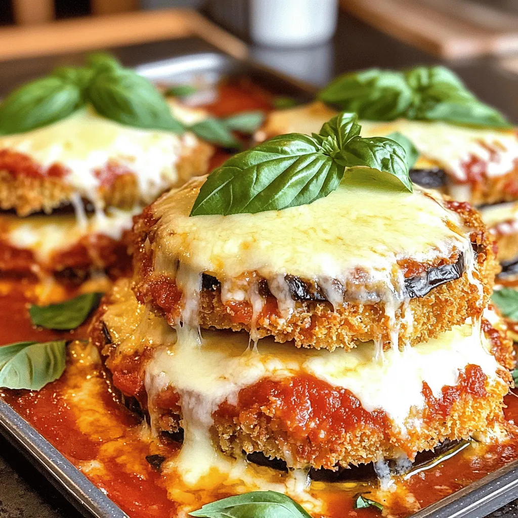 - 2 large eggplants - Marinara sauce options: homemade or store-bought - Cheese selection: mozzarella and Parmesan When making Eggplant Parmesan, the ingredients matter. I love using two large eggplants. They provide the perfect base for this dish. Next, choose your marinara sauce. You can make it from scratch or grab a jar from the store. Both options taste great, but homemade can add a special touch. Now, let’s talk about cheese. You will need mozzarella and Parmesan. Mozzarella gives that gooey texture we all love, while Parmesan adds a nice salty bite. Together, they create a wonderful blend of flavors. - Knife and cutting board - Colander and paper towels - Skillet for frying You also need some tools to make this dish. A knife and cutting board are essential for slicing your eggplants. A colander helps drain the saltwater from the eggplants, while paper towels are great for patting them dry. Lastly, use a skillet for frying the eggplants. Make sure it is large enough to hold a few slices at once. This will help them fry evenly and get that lovely golden color. For the full recipe, refer to the detailed preparation steps to guide you through the cooking process. To start, I slice the eggplants into 1/4-inch rounds. This thickness ensures even cooking. Next, I sprinkle 2 teaspoons of salt over the slices. The salt pulls out extra moisture and bitterness. I place the salted eggplant in a colander and let it drain for about 30 minutes. After waiting, I rinse the slices under cold water. This step removes the salt. Finally, I pat them dry with paper towels to get rid of excess moisture. Now, I set up my breading station. I line up three shallow dishes: one for flour, one for beaten eggs, and one for breadcrumbs mixed with dried oregano and basil. This setup makes breading easy. I take each eggplant slice and dip it into the flour first. I coat both sides well. Then, I move it to the eggs, letting any extra drip off. Finally, I press the slice into the breadcrumb mix, making sure it sticks evenly. For frying, I heat a generous amount of olive oil in a large skillet over medium heat. I add the breaded eggplant in batches, careful not to overcrowd the pan. I cook them for about 3 to 4 minutes on each side. I look for that nice golden brown color. That’s when they are ready. After frying, I place the slices on a plate lined with paper towels to soak up any extra oil. Next, I layer the ingredients in a baking dish. I start with a thin layer of marinara sauce at the bottom. Then, I arrange half of the fried eggplant slices on top. I sprinkle half of the shredded mozzarella and grated Parmesan cheese over the eggplants. I pour more marinara sauce on top to keep it moist. I repeat this process with the remaining fried eggplant, cheese, and sauce. I finish with one last layer of mozzarella to make it gooey and delicious. Now it's time to bake. I preheat the oven to 375°F (190°C). While the oven heats, I cover the baking dish tightly with aluminum foil. I place it in the oven and bake for 25 minutes. After that, I carefully remove the foil and bake for another 15 minutes. I watch for the cheese to bubble and turn golden brown. That’s how I know it’s done! Finding the right thickness for eggplants is key. I recommend slicing them into 1/4-inch rounds. This size allows for even cooking and a tender bite. If the slices are too thick, they can become soggy. For crispy breading, use the right technique. First, coat each slice in flour. Then, dip it in beaten eggs. Finally, cover it with seasoned breadcrumbs. Press down gently to help the crumbs stick. This three-step process ensures a crunchy crust. Adding herbs and spices can boost the taste of your Eggplant Parmesan. I love using dried oregano and basil. They give a lovely Italian flavor. You can also try adding garlic powder or red pepper flakes for a kick. For marinara sauce variations, consider mixing in fresh herbs or a splash of red wine. You can even add sautéed onions or mushrooms for extra depth. These small changes can make a big difference in flavor. When serving Eggplant Parmesan, pair it with fresh sides. A simple green salad or garlic bread works well. You can also serve it with pasta for a heartier meal. For presentation, slice the dish into neat pieces. Arrange them on a vibrant plate. Drizzle a little extra marinara sauce on top. Garnish with fresh basil leaves for a restaurant-worthy touch. These details make your dish look as good as it tastes. {{image_4}} You can switch out some ingredients for different tastes. For a plant-based option, try using vegan cheese. Many brands offer great options that melt well. If you want gluten-free, use almond flour instead of regular flour. You can also find gluten-free breadcrumbs at many stores. This way, everyone can enjoy the dish! You don't have to fry the eggplant if you want a lighter meal. You can bake the eggplant instead. Just brush the slices with olive oil and place them on a baking sheet. Bake them until they are soft and golden. Another great method is using an air fryer. This cooks the eggplant quickly and gives it a nice crisp. Just set it to 375°F and cook for about 12 minutes. Eggplant Parmesan changes from region to region in Italy. In Sicily, they often add layers of ham or salami. In Naples, they might use a spicy marinara sauce for a kick. You can also add seasonal veggies like zucchini or bell peppers. This not only adds flavor but also makes the dish colorful and fun. Feel free to get creative with the layers! To store Eggplant Parmesan, use an airtight container. Place the cooled dish inside and seal it tight. This keeps it fresh in the fridge. It can last about 3 to 5 days. If you plan to eat it later, waiting is best. Just reheat it when you're ready. You can freeze Eggplant Parmesan before or after baking. If freezing before baking, layer it in a dish and cover it well. If freezing after baking, let it cool fully first. Wrap it tightly in plastic wrap and then in foil. This helps keep out air and moisture. To reheat, thaw it overnight in the fridge. If frozen before baking, cook it straight from the freezer. Bake at 375°F (190°C) for about 45 minutes. If previously baked, warm it at 350°F (175°C) until heated through. This keeps the flavors strong and the texture nice. Yes, you can prepare Eggplant Parmesan ahead of time. You can slice and salt the eggplants, then store them in the fridge for up to 24 hours. After frying, assemble the layers in your baking dish. Cover it well and keep it in the fridge. When you're ready to bake, just preheat the oven and follow the normal baking steps. This makes it great for busy days or dinner parties. Salting eggplant helps reduce both moisture and bitterness. Eggplants have a lot of water inside. If you don’t salt them, they can become soggy when cooked. The salt draws out the water, making them firmer. It also helps to remove any bitter taste, leaving you with a sweet and rich flavor in your dish. To make Eggplant Parmesan less greasy, try these tips. First, use a light hand with the oil when frying. If you use too much oil, it will soak in. Also, you can bake the eggplants instead of frying them. Brush them lightly with oil before baking. This way, you can still get a nice texture without all the grease. If you don't have eggplant, you can try other vegetables. Zucchini works well and has a similar texture. You can also use mushrooms or even slices of squash. These options will give you a tasty dish while keeping the spirit of Eggplant Parmesan. You will know your Eggplant Parmesan is done when the cheese is bubbling and golden brown. The edges should also look crispy. A knife inserted in the center should come out hot. If you see lots of sauce bubbling around the sides, it’s ready to enjoy. For detailed preparation steps, you can find the Full Recipe here. It guides you through each step for making the perfect Eggplant Parmesan. This article covered how to make Eggplant Parmesan step-by-step. We looked at ingredients, tools, cooking techniques, and helpful tips. You learned how to pick the best eggplant and enhance flavors with herbs. We explored variations to fit any diet and discussed storage methods for leftovers. In summary, this dish is fun to make and delicious to eat. Enjoy your cooking adventure!