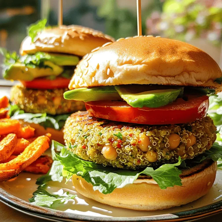 To make a great veggie burger, you need a few key ingredients: - 1 cup cooked quinoa - 1 can (15 oz) chickpeas, drained and rinsed - 1 small onion, finely chopped - 2 cloves garlic, minced - 1 medium carrot, grated - 1/2 bell pepper, finely diced (any color you prefer) - 1/4 cup breadcrumbs (substitute with gluten-free if necessary) - 1 tablespoon tahini These main ingredients create a tasty and hearty base for your veggie burger. The cooked quinoa adds protein and a nice texture. Canned chickpeas bring creaminess and flavor. Fresh vegetables like onion, garlic, carrot, and bell pepper boost nutrition and taste. You can really make these burgers your own with some optional ingredients: - Different beans or lentils - Spices and herbs for flavor - Toppings and condiments Feel free to experiment! You can swap chickpeas for black beans or lentils. Try adding spices like cumin and paprika. For toppings, think about avocado, tomato, or even a spicy sauce. When it comes to health, these veggie burgers pack a punch. - Calories per serving: About 200 calories - Macronutrient breakdown: Each burger has around 10g protein, 5g fat, and 30g carbs These burgers are filling and nutritious. You get a good mix of protein and fiber, making them a great choice for any meal. For the full recipe, check out the Chickpea & Quinoa Veggie Burgers. 1. Start with one can of chickpeas. Drain and rinse them well. 2. Place the chickpeas in a large bowl. Use a fork or a potato masher to mash them. 3. Leave some pieces whole for a nice texture. This adds a bit of crunch. 4. Now, add cooked quinoa, chopped onion, minced garlic, grated carrot, and diced bell pepper. 5. Use a spatula or your hands to mix everything well. It should look colorful and inviting. 6. Next, add breadcrumbs, tahini, soy sauce, cumin, smoked paprika, and a pinch of salt and pepper. 7. Stir until it forms a thick, cohesive dough. If it feels too wet, add more breadcrumbs until firm. 1. Divide the mixture into four even portions. Shape each into a patty. 2. Make sure they are compact. This helps them stay together while cooking. 3. Heat olive oil in a frying pan over medium heat. Wait until it’s hot. 4. Carefully place the patties in the pan. Cook for 4-5 minutes on each side. 5. Look for a golden brown color. This means they are crisp and ready. 1. While the patties cook, toast your whole grain burger buns. Use an oven or skillet. 2. Toast them until they are lightly browned and crispy. 3. Once cooked, place each veggie patty on a bun. 4. Add fresh lettuce, tomato slices, and avocado on top. 5. Feel free to add any other toppings or sauces you like for extra flavor. For the full recipe, check out my detailed guide that includes prep times and serving ideas. Enjoy your homemade veggie burgers! To get the best texture in your veggie burger, focus on the mix. A good blend of ingredients makes a big difference. Aim for a thick, yet slightly sticky consistency. If your mixture feels too wet, add a little more breadcrumbs. This will help bind it together. On the flip side, if it’s too dry, add a splash of water or extra tahini. You want your patties to hold their shape but not be too crumbly. Spices and herbs can really boost the taste of your burger. I love using ground cumin and smoked paprika for a warm flavor. You can also add garlic powder or onion powder if you want more depth. If you need to adjust for dietary needs, swap chickpeas for black beans or lentils. They both work well in this recipe. Use gluten-free breadcrumbs if needed. This way, everyone can enjoy your burger! Serving is just as important as making the burger. Pair your veggie burger with sweet potato fries or a fresh salad. It makes the meal feel special. For garnishing, sprinkle fresh herbs like cilantro or parsley on the plate. This adds color and makes it look appealing. You can also add some avocado slices or pickles on top of your burger for extra flavor and fun. Enjoy the process of making your meal look great! {{image_4}} You can mix up your veggie burger by changing the beans. Black bean burgers are a great option. They have a rich, hearty taste. Just mash cooked black beans and add your veggies and spices. Lentil-based patties are another choice. Lentils cook quickly and give a nice texture. They blend well with spices too. Adding spices can change the whole taste of your burger. Try cumin and coriander for a Middle Eastern flair. If you want a taste of India, add some curry powder. For a kick, use chili powder or cayenne pepper. You can also make them mild by skipping the heat. Balance flavors to match your mood. If you want a vegan burger, skip eggs or dairy. Use ingredients like flaxseed meal mixed with water as a binder. For those needing gluten-free options, swap regular breadcrumbs for gluten-free ones. You can even use crushed oats or ground nuts. These swaps keep your burger delicious and suitable for everyone. For a full recipe on making these versatile veggie burgers, check out the [Full Recipe]. To keep your veggie burgers fresh, store them correctly. First, let the cooked patties cool down. Place them in an airtight container. You can refrigerate them for up to four days. If you want to keep them longer, freezing is a great option. Wrap each patty in plastic wrap. Then, place them in a freezer-safe bag. This way, they can last up to three months. When you want to enjoy your veggie burgers again, reheating is simple. The best method is to use a skillet. Heat a little oil over medium heat. Place the patties in the pan. Cook for about four minutes on each side. You can also use an oven. Preheat it to 350°F (175°C). Place the patties on a baking sheet and heat for 10-15 minutes. This keeps them crispy. Avoid the microwave, as it can make them soggy. Homemade veggie burgers can last for a bit. In the fridge, they stay good for about four days. If you freeze them, they can last up to three months. Just make sure to store them well to keep their flavor and texture. I recommend labeling the bags with the date. This way, you’ll know when to use them. Enjoy your homemade veggie burgers with confidence! To keep your veggie burgers from falling apart, you need good binding. Here are some tips: - Use mashed ingredients: Mashing chickpeas well helps bind the mixture. - Add breadcrumbs: Breadcrumbs give structure and help hold everything together. - Incorporate tahini: This creamy paste adds moisture and helps with binding. - Chill the mixture: Let the mixture sit in the fridge for 30 minutes. It firms up and makes patties easier to shape. These steps ensure your burgers stay intact while cooking. Yes, you can make these burgers in advance! Here’s how: - Prepare the patties: Shape the patties, following the recipe. - Store in the fridge: Wrap them in plastic wrap and keep them in the fridge for up to 2 days. - Freeze for longer storage: Place uncooked patties in a single layer on a baking sheet. Freeze until solid, then transfer to a zip-top bag. They can last up to 3 months. When you’re ready to eat, just cook them from frozen or thaw in the fridge overnight. You can easily adapt these veggie burgers! Here are some ideas: - For gluten-free diets: Use gluten-free breadcrumbs or oats. - For vegan diets: Ensure tahini and soy sauce are vegan. - For nut allergies: Choose seeds or omit tahini. - Add different veggies: Try zucchini, mushrooms, or spinach for added flavor. These options make it easy to enjoy veggie burgers no matter your dietary needs. For the full recipe, check out the Chickpea & Quinoa Veggie Burgers. Homemade veggie burgers can be simple and tasty. We covered key ingredients like quinoa and chickpeas. Customizing with spices or different beans can add unique flavors. I shared tips for perfecting texture and easy cooking. Storing and reheating your burgers helps keep them fresh. Whether you want vegan, gluten-free, or just a twist on flavor, there are options. Enjoy making your own burgers that fit your taste and needs!