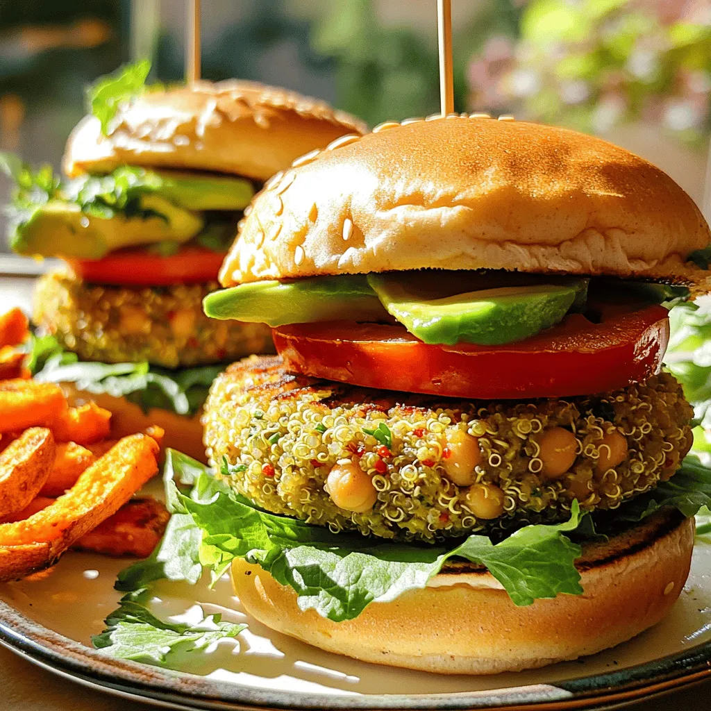 To make a great veggie burger, you need a few key ingredients: - 1 cup cooked quinoa - 1 can (15 oz) chickpeas, drained and rinsed - 1 small onion, finely chopped - 2 cloves garlic, minced - 1 medium carrot, grated - 1/2 bell pepper, finely diced (any color you prefer) - 1/4 cup breadcrumbs (substitute with gluten-free if necessary) - 1 tablespoon tahini These main ingredients create a tasty and hearty base for your veggie burger. The cooked quinoa adds protein and a nice texture. Canned chickpeas bring creaminess and flavor. Fresh vegetables like onion, garlic, carrot, and bell pepper boost nutrition and taste. You can really make these burgers your own with some optional ingredients: - Different beans or lentils - Spices and herbs for flavor - Toppings and condiments Feel free to experiment! You can swap chickpeas for black beans or lentils. Try adding spices like cumin and paprika. For toppings, think about avocado, tomato, or even a spicy sauce. When it comes to health, these veggie burgers pack a punch. - Calories per serving: About 200 calories - Macronutrient breakdown: Each burger has around 10g protein, 5g fat, and 30g carbs These burgers are filling and nutritious. You get a good mix of protein and fiber, making them a great choice for any meal. For the full recipe, check out the Chickpea & Quinoa Veggie Burgers. 1. Start with one can of chickpeas. Drain and rinse them well. 2. Place the chickpeas in a large bowl. Use a fork or a potato masher to mash them. 3. Leave some pieces whole for a nice texture. This adds a bit of crunch. 4. Now, add cooked quinoa, chopped onion, minced garlic, grated carrot, and diced bell pepper. 5. Use a spatula or your hands to mix everything well. It should look colorful and inviting. 6. Next, add breadcrumbs, tahini, soy sauce, cumin, smoked paprika, and a pinch of salt and pepper. 7. Stir until it forms a thick, cohesive dough. If it feels too wet, add more breadcrumbs until firm. 1. Divide the mixture into four even portions. Shape each into a patty. 2. Make sure they are compact. This helps them stay together while cooking. 3. Heat olive oil in a frying pan over medium heat. Wait until it’s hot. 4. Carefully place the patties in the pan. Cook for 4-5 minutes on each side. 5. Look for a golden brown color. This means they are crisp and ready. 1. While the patties cook, toast your whole grain burger buns. Use an oven or skillet. 2. Toast them until they are lightly browned and crispy. 3. Once cooked, place each veggie patty on a bun. 4. Add fresh lettuce, tomato slices, and avocado on top. 5. Feel free to add any other toppings or sauces you like for extra flavor. For the full recipe, check out my detailed guide that includes prep times and serving ideas. Enjoy your homemade veggie burgers! To get the best texture in your veggie burger, focus on the mix. A good blend of ingredients makes a big difference. Aim for a thick, yet slightly sticky consistency. If your mixture feels too wet, add a little more breadcrumbs. This will help bind it together. On the flip side, if it’s too dry, add a splash of water or extra tahini. You want your patties to hold their shape but not be too crumbly. Spices and herbs can really boost the taste of your burger. I love using ground cumin and smoked paprika for a warm flavor. You can also add garlic powder or onion powder if you want more depth. If you need to adjust for dietary needs, swap chickpeas for black beans or lentils. They both work well in this recipe. Use gluten-free breadcrumbs if needed. This way, everyone can enjoy your burger! Serving is just as important as making the burger. Pair your veggie burger with sweet potato fries or a fresh salad. It makes the meal feel special. For garnishing, sprinkle fresh herbs like cilantro or parsley on the plate. This adds color and makes it look appealing. You can also add some avocado slices or pickles on top of your burger for extra flavor and fun. Enjoy the process of making your meal look great! {{image_4}} You can mix up your veggie burger by changing the beans. Black bean burgers are a great option. They have a rich, hearty taste. Just mash cooked black beans and add your veggies and spices. Lentil-based patties are another choice. Lentils cook quickly and give a nice texture. They blend well with spices too. Adding spices can change the whole taste of your burger. Try cumin and coriander for a Middle Eastern flair. If you want a taste of India, add some curry powder. For a kick, use chili powder or cayenne pepper. You can also make them mild by skipping the heat. Balance flavors to match your mood. If you want a vegan burger, skip eggs or dairy. Use ingredients like flaxseed meal mixed with water as a binder. For those needing gluten-free options, swap regular breadcrumbs for gluten-free ones. You can even use crushed oats or ground nuts. These swaps keep your burger delicious and suitable for everyone. For a full recipe on making these versatile veggie burgers, check out the [Full Recipe]. To keep your veggie burgers fresh, store them correctly. First, let the cooked patties cool down. Place them in an airtight container. You can refrigerate them for up to four days. If you want to keep them longer, freezing is a great option. Wrap each patty in plastic wrap. Then, place them in a freezer-safe bag. This way, they can last up to three months. When you want to enjoy your veggie burgers again, reheating is simple. The best method is to use a skillet. Heat a little oil over medium heat. Place the patties in the pan. Cook for about four minutes on each side. You can also use an oven. Preheat it to 350°F (175°C). Place the patties on a baking sheet and heat for 10-15 minutes. This keeps them crispy. Avoid the microwave, as it can make them soggy. Homemade veggie burgers can last for a bit. In the fridge, they stay good for about four days. If you freeze them, they can last up to three months. Just make sure to store them well to keep their flavor and texture. I recommend labeling the bags with the date. This way, you’ll know when to use them. Enjoy your homemade veggie burgers with confidence! To keep your veggie burgers from falling apart, you need good binding. Here are some tips: - Use mashed ingredients: Mashing chickpeas well helps bind the mixture. - Add breadcrumbs: Breadcrumbs give structure and help hold everything together. - Incorporate tahini: This creamy paste adds moisture and helps with binding. - Chill the mixture: Let the mixture sit in the fridge for 30 minutes. It firms up and makes patties easier to shape. These steps ensure your burgers stay intact while cooking. Yes, you can make these burgers in advance! Here’s how: - Prepare the patties: Shape the patties, following the recipe. - Store in the fridge: Wrap them in plastic wrap and keep them in the fridge for up to 2 days. - Freeze for longer storage: Place uncooked patties in a single layer on a baking sheet. Freeze until solid, then transfer to a zip-top bag. They can last up to 3 months. When you’re ready to eat, just cook them from frozen or thaw in the fridge overnight. You can easily adapt these veggie burgers! Here are some ideas: - For gluten-free diets: Use gluten-free breadcrumbs or oats. - For vegan diets: Ensure tahini and soy sauce are vegan. - For nut allergies: Choose seeds or omit tahini. - Add different veggies: Try zucchini, mushrooms, or spinach for added flavor. These options make it easy to enjoy veggie burgers no matter your dietary needs. For the full recipe, check out the Chickpea & Quinoa Veggie Burgers. Homemade veggie burgers can be simple and tasty. We covered key ingredients like quinoa and chickpeas. Customizing with spices or different beans can add unique flavors. I shared tips for perfecting texture and easy cooking. Storing and reheating your burgers helps keep them fresh. Whether you want vegan, gluten-free, or just a twist on flavor, there are options. Enjoy making your own burgers that fit your taste and needs!