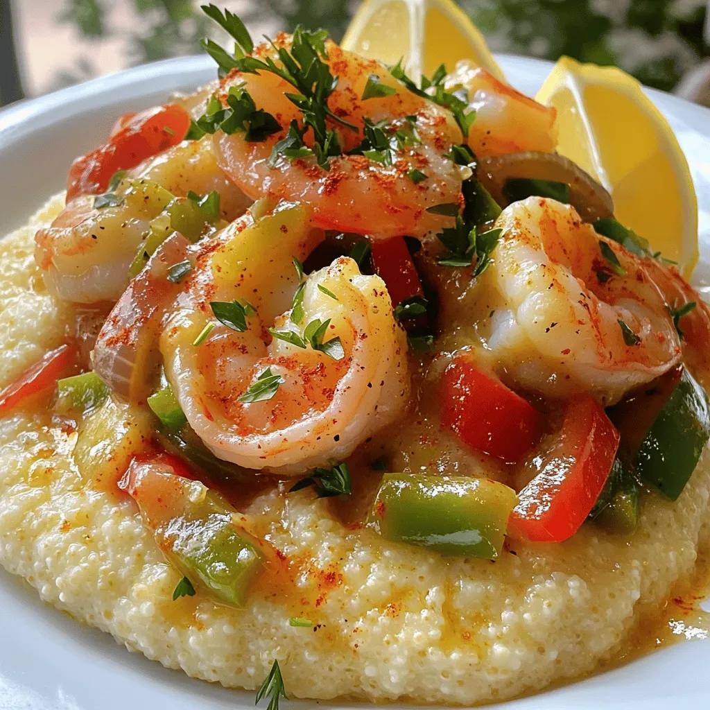 - 1 cup stone-ground grits - 4 cups water or low-sodium chicken broth - 1 pound shrimp, peeled and deveined - 4 slices smoked gouda cheese - 2 tablespoons unsalted butter, divided - 1 tablespoon extra-virgin olive oil - 1/2 cup bell peppers, diced - 1/2 cup onion, finely chopped - 2 cloves garlic, minced - 1 teaspoon smoked paprika - 1/2 teaspoon cayenne pepper - Salt and black pepper, to taste - 2 tablespoons fresh parsley, chopped, for garnish - Lemon wedges, for serving (optional) Shrimp and grits need fresh and quality ingredients. The stone-ground grits give a great texture. I prefer using low-sodium chicken broth. It adds flavor without too much salt. The shrimp should be fresh, peeled, and deveined. Smoked gouda cheese makes the grits creamy and rich. Use unsalted butter for better control over the salt. The olive oil helps sauté the veggies. Bell peppers and onions add sweetness and crunch. Garlic gives a nice aroma and depth. Smoked paprika adds a warm flavor, while cayenne pepper gives a kick. Always season with salt and black pepper to taste. Fresh parsley not only adds color but also freshness. Lemon wedges on the side enhance the dish's flavor, if you like a zing. This recipe is simple and uses common items. For the full recipe, check the section above. - Start by boiling 4 cups of water or broth in a medium saucepan. - Once boiling, whisk in 1 cup of stone-ground grits. Make sure to prevent lumps. - Reduce the heat to low and let it simmer. Stir it every few minutes. Cook for about 20-25 minutes until thick. - After cooking, remove from heat and add 4 slices of smoked gouda cheese. Stir until it melts and becomes creamy. Season with salt and black pepper to taste. Cover to keep warm. - In a large skillet, heat 1 tablespoon of olive oil and 1 tablespoon of butter over medium heat. - When the butter melts, add 1/2 cup of diced bell peppers and 1/2 cup of finely chopped onion. - Sauté for about 3 minutes until the veggies soften and smell great. Stir often to avoid burning. - Add 2 cloves of minced garlic, 1 teaspoon of smoked paprika, and 1/2 teaspoon of cayenne pepper to the skillet. Stir to mix well. - Now, add 1 pound of peeled and deveined shrimp. Cook for about 4-5 minutes. Stir occasionally until shrimp turn pink and opaque. - Taste and adjust seasoning with salt and black pepper as needed. - Stir in the remaining tablespoon of butter with the shrimp mixture. Let it melt and mix in well. - To serve, spoon a generous portion of the cheesy grits onto a plate or shallow bowl. - Top with the shrimp mixture and garnish with 2 tablespoons of chopped parsley. - For extra flavor, serve with lemon wedges on the side to squeeze over the dish. For more detailed directions, check out the Full Recipe. To make great shrimp and grits, start with the right type of grits. I prefer stone-ground grits. They give a nice texture and flavor. Instant grits can work, but they lack that rich taste. For creamy grits, use enough liquid. Four cups of water or low-sodium chicken broth is best. Bring it to a boil first. Then, whisk in the grits slowly. This helps avoid lumps. Keep stirring as it cooks. This should take about 20-25 minutes. When they thicken, add smoked gouda cheese. It melts well and makes them creamy. Season with salt and black pepper to taste. Cooking shrimp can be tricky. Overcooked shrimp become rubbery. To avoid this, cook shrimp for just 4-5 minutes. They should turn vibrant pink and opaque. If they curl tightly, they are likely overcooked. When shrimp are perfect, they feel firm but tender. You'll know they are ready when they look shiny and pink. Taste them to check the seasoning, adding salt and pepper as needed. Pair shrimp and grits with fresh sides. A simple green salad works well. You can also serve cornbread for a classic touch. For a nice presentation, use rustic bowls. Spoon the creamy grits first, then top with shrimp. Add a sprinkle of fresh parsley for color. A drizzle of olive oil adds richness. Lemon wedges on the side give a zesty kick. You can find the Full Recipe for more detailed steps. {{image_4}} The classic shrimp and grits recipe shines with its simple ingredients. Traditional recipes often use just grits, shrimp, and a few seasonings. Modern takes on this dish embrace creativity. You might find recipes that add chorizo or even crab for a twist. Another fun swap is using different cheeses. Try sharp cheddar instead of gouda for a bolder taste. You can even switch the grits for polenta for a unique texture. To boost flavor, consider adding spices like Old Bay or a dash of hot sauce. You can also mix in herbs like thyme or dill for freshness. Different cheeses can change the dish's profile. Parmesan adds a nutty taste, while cream cheese makes it even creamier. Think about adding sautéed mushrooms or spinach for depth. Each ingredient can bring a new layer of flavor. For a gluten-free option, ensure your grits are certified gluten-free. Most stone-ground grits are naturally gluten-free, but check the label. If you're looking for vegetarian alternatives, swap shrimp for sautéed mushrooms or roasted vegetables. You can use plant-based cheese to keep it vegan. These swaps let you enjoy shrimp and grits no matter your diet. After enjoying shrimp and grits, store any leftovers in a sealed container. This helps keep the dish fresh. You can refrigerate it for up to three days. For longer storage, freeze it in an airtight container. Just remember to separate the shrimp and grits if you can. This way, you can reheat each part without losing texture. To reheat, use a microwave or stovetop. If using the microwave, heat it in short intervals. Stir in between to ensure even warming. When using the stovetop, add a splash of water or broth. This helps maintain the creamy texture of the grits. Shrimp and grits last about three days in the fridge. After this, the shrimp may spoil. Look for any off smells or changes in color. If the grits become dry or hard, that's a sign they are no longer good. Always trust your senses; when in doubt, throw it out. To make shrimp and grits from scratch, start with the grits. Boil four cups of water or chicken broth in a medium pot. Slowly whisk in one cup of stone-ground grits. Stir well to avoid lumps. Lower the heat and simmer for about 20-25 minutes. While the grits cook, heat olive oil and butter in a skillet. Sauté diced bell peppers and onions until soft. Then, add garlic and spices before tossing in your shrimp. Cook until they turn pink and opaque. Mix the shrimp with the grits, and enjoy this dish! For more detailed steps, check the Full Recipe. The secret to creamy grits lies in the type of grits you choose. I recommend using stone-ground grits. They have a rich texture and flavor. Always use plenty of liquid, like chicken broth, to cook them. Stir regularly as they cook to prevent lumps. Adding cheese, like smoked gouda, at the end creates a creamy finish. Lastly, don’t rush the cooking process; let them simmer until they reach your desired consistency. Yes, shrimp and grits can be made ahead of time. Cook the grits and shrimp separately. Store them in airtight containers in the fridge. When you are ready to eat, reheat the grits over low heat. Add a splash of water or broth to keep them creamy. For the shrimp, reheat in a skillet over medium heat until warm. This method helps keep both components tasting fresh. If you want to switch things up, consider using other proteins. Chicken works well and absorbs flavors nicely. You can also use sausage for a spicy kick. For a unique twist, try crab or scallops. If you prefer a vegetarian option, sautéed mushrooms or roasted vegetables can make a tasty substitute. Each choice gives you a chance to personalize your dish! Shrimp and grits is a classic dish that combines rich flavors and simple ingredients. We explored the ingredients, preparation steps, and variations. Cooking grits to a creamy texture is key, as is avoiding rubbery shrimp. Remember, presentation elevates this dish from simple to stunning. Feel free to experiment with flavors and ingredients to make it your own. Enjoy this meal with friends and family for a delicious and satisfying experience. Happy cooking!