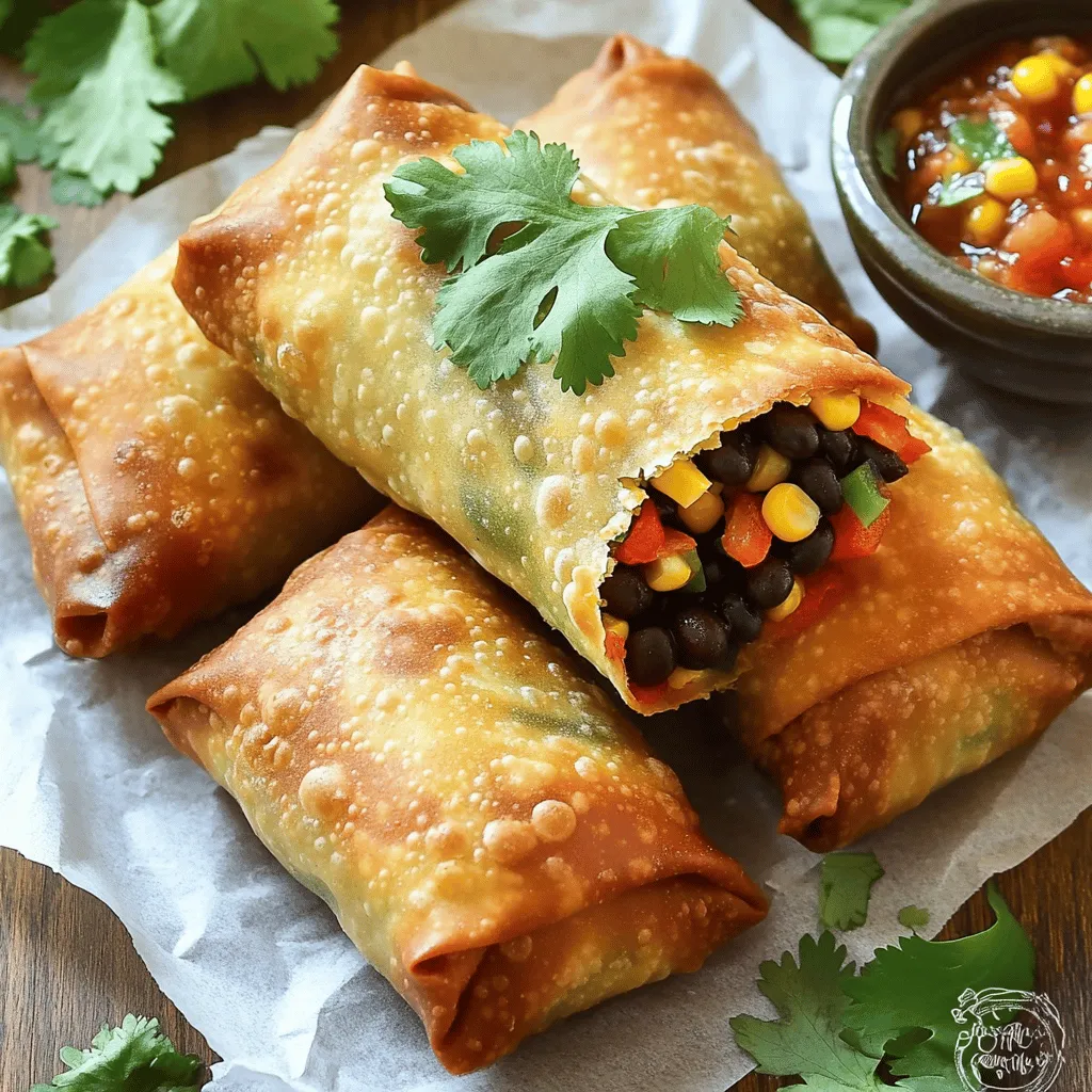 To make Baked Southwest Egg Rolls, you need a few key ingredients that pack a punch of flavor. Here’s the complete list of ingredients: - 1 cup black beans, drained and rinsed - 1 cup corn kernels (can use fresh or frozen) - 1 cup bell pepper, finely diced (a vibrant mix of red and yellow is recommended) - 1 cup shredded cooked chicken (or your favorite plant-based alternative) - 1 teaspoon ground cumin - 1 teaspoon chili powder - 1/2 teaspoon garlic powder - 1/2 teaspoon onion powder - 1/4 teaspoon salt - 1/4 teaspoon freshly ground black pepper - 1 cup shredded cheese (choose between cheddar or a Mexican cheese blend) - 8 large flour tortillas - Olive oil spray These ingredients blend well to create a delicious, crunchy snack. The black beans and corn give it a hearty base. The bell peppers add sweetness and color. You can use chicken or a plant-based option to fit your diet. The spices make it exciting, while the cheese provides creaminess. Flour tortillas wrap everything up nicely. A quick spray of olive oil helps achieve that crunchy texture when baked. For a detailed recipe, check the Full Recipe. First, set your oven to 425°F (220°C). It is important to line your baking sheet with parchment paper. This step helps keep the egg rolls from sticking. In a large bowl, mix the following ingredients: - 1 cup black beans, drained and rinsed - 1 cup corn kernels - 1 cup bell pepper, finely diced - 1 cup shredded cooked chicken - 1 teaspoon ground cumin - 1 teaspoon chili powder - 1/2 teaspoon garlic powder - 1/2 teaspoon onion powder - 1/4 teaspoon salt - 1/4 teaspoon freshly ground black pepper - 1 cup shredded cheese Stir the mixture well. Ensure everything is blended nicely. This mix provides great flavor in every bite. Lay a tortilla flat on a clean surface. Spoon about 2-3 tablespoons of the filling into the center. Be careful not to overstuff. Fold the sides of the tortilla toward the center. Then, roll it tightly from the bottom to the top. Repeat this for all the tortillas and filling. Place the rolled egg rolls seam-side down on the baking sheet. Lightly spray the tops with olive oil. This will help them crisp up nicely. Put the baking sheet in the oven. Bake for about 15-20 minutes. Flip the egg rolls halfway through to ensure even baking. They should turn golden brown and crispy. Once done, take them out of the oven. Let them cool for a few minutes. This cooling time helps avoid burning your mouth. Enjoy your crunchy, flavorful snack! To roll your egg rolls right, start with a warm tortilla. Warm tortillas are more flexible and less likely to crack. Place 2-3 tablespoons of your filling in the center. Fold the sides toward the middle to hold the filling in. Then, roll from the bottom to the top. Keep it tight but not too tight. If you overstuff, the filling may spill out while baking. Practice makes perfect, so don't worry if the first few don’t look great! For a crispy outer layer, preheat your oven well. Spray the tops of the egg rolls with olive oil. This helps them brown nicely. Bake them at 425°F for 15-20 minutes, flipping halfway through. This ensures even cooking. If you want extra crunch, you can broil them for 1-2 minutes at the end. Just watch them closely to avoid burning. Pair these egg rolls with your favorite sauces. Salsa is a classic choice, adding a fresh kick. Creamy guacamole brings a rich element. If you like tang, sour cream is perfect. You can also try ranch dressing for a fun twist! Mix and match to find your favorite combo. Each dip adds its own flair to the dish. {{image_4}} You can easily make these egg rolls vegetarian. Just skip the chicken and add more beans or veggies. Tofu works great too! For a vegan version, use plant-based cheese. This keeps the flavor while making it suitable for everyone. The filling is where you can get creative. Swap black beans for pinto beans. You can add spinach, mushrooms, or even sweet potatoes. Try different cheeses like pepper jack for a kick. The options are endless. Mix and match to find your favorite! If you love heat, add jalapeños or hot sauce to the filling. You can also use spicy cheese blends. This will give your egg rolls a nice kick. Adjust the spices to your taste for a fiery snack. After enjoying your Baked Southwest Egg Rolls, store any leftovers in an airtight container. Place them in the fridge. They can stay fresh for up to three days. Make sure they cool down before sealing the container. This keeps them crispy and tasty for later. If you want to save some egg rolls for later, freezing is a great option. First, let them cool completely. Then, arrange them in a single layer on a baking sheet. Freeze for about an hour until they are firm. Once frozen, transfer them to a freezer-safe bag. Remove as much air as you can before sealing. They can last up to three months in the freezer. Label the bag with the date so you know when to use them. To reheat frozen egg rolls, preheat your oven to 375°F (190°C). Place the egg rolls on a baking sheet. Bake for 15-20 minutes or until they are heated through. This method keeps them crispy. If you are reheating refrigerated egg rolls, you can also use the microwave. Heat them for about 1-2 minutes. Keep in mind, the microwave may make them a bit softer. Enjoy your crunchy snack anytime! Yes, you can swap out ingredients. Feel free to use your favorites. For instance, you can add zucchini, spinach, or different beans. You can also try a different type of cheese. Use what you like best. Look for a golden-brown color on the egg rolls. They should be crispy on the outside. If you want, you can use a food thermometer. The inside should be at least 165°F (74°C). This ensures the filling is hot and safe to eat. Absolutely! You can prepare the filling and roll the egg rolls ahead of time. Just cover them and store them in the fridge for up to 24 hours. You can also freeze them. Just remember to bake them longer if they are frozen. Follow the Full Recipe for exact times. You learned all about making tasty egg rolls. We covered the key ingredients, like black beans, corn, and chicken. I also shared step-by-step instructions to bake them right. Remember to perfect your rolling technique for the best crunch. You can customize the filling to suit your taste too. With a few simple tips, you can store leftovers or freeze them for later. Now, go ahead and enjoy your homemade egg rolls with your favorite dipping sauce! Your kitchen will be filled with fun flavors.