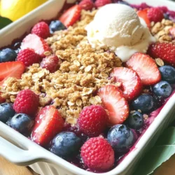- 2 cups mixed berries (strawberries, blueberries, raspberries) - 1 tablespoon freshly squeezed lemon juice - 1 tablespoon cornstarch - 1 cup rolled oats - ½ cup all-purpose flour - ½ cup packed brown sugar - ½ teaspoon ground cinnamon - ¼ teaspoon sea salt - ⅓ cup unsalted butter, melted - ½ cup chopped nuts (almonds, walnuts, etc.) To make a mixed berry crisp, you need fresh or frozen berries. I love using a mix of strawberries, blueberries, and raspberries. They give a great balance of sweet and tart flavors. Add lemon juice to brighten the berry taste. Cornstarch helps thicken the juices during baking. This way, your crisp won't be too runny. For the topping, rolled oats give a nice chewy texture. You can use all-purpose flour for structure. Brown sugar adds a rich, sweet flavor, while cinnamon and salt enhance the taste. Melted butter helps bind everything together. Chopped nuts add crunch, making each bite delightful. You can choose almonds, walnuts, or your favorite nuts. This mixture of ingredients creates a dessert that's simple yet full of flavor. You can find the full recipe above, which guides you step-by-step to a delicious mixed berry crisp. - Preheat the oven to 350°F (175°C). This warms the oven for even cooking. - In a bowl, combine 2 cups of mixed berries with 1 tablespoon of lemon juice and 1 tablespoon of cornstarch. The lemon juice brightens the flavor. The cornstarch helps thicken the berry juices. Gently toss the berries until they are coated well. This ensures every bite is tasty. - In a separate bowl, mix together 1 cup of rolled oats, ½ cup of flour, ½ cup of brown sugar, ½ teaspoon of cinnamon, ¼ teaspoon of salt, and ½ cup of chopped nuts. Stir until all dry ingredients are mixed. The nuts add crunch, while cinnamon gives warmth. - Pour ⅓ cup of melted butter into the dry mix and stir. The mixture should feel like moist sand. This step helps bind the topping together. - Layer the berry mixture evenly into a greased 8x8-inch baking dish. This helps the berries cook evenly. - Spread the crisp topping evenly over the berries. Make sure to cover all the fruit below. - Bake in the preheated oven for 30-35 minutes. Look for a golden, bubbly topping. The scent will fill your kitchen with warmth. - After baking, let it cool for about 10 minutes before serving. This allows the juices to settle. You can find the Full Recipe above for more details on ingredients and steps. Enjoy making this delicious dessert! To make the best mixed berry crisp, I suggest using fresh or frozen berries. Both options work great. Fresh berries add a bright taste. Frozen berries are easy and often just as tasty. If you use frozen, let them thaw for a bit. This helps with even baking. Allow your dessert to cool before serving. This step is key. Cooling lets the juices thicken and settle. It also makes it easier to cut and serve. The best way to enjoy your crisp is warm. Serve it with a scoop of vanilla ice cream or a dollop of whipped cream. The cold cream pairs well with the warm berries. For a pretty finish, garnish with fresh berries. This adds color and makes the dish look extra special. It’s all about making your dessert not just tasty, but also beautiful. {{image_4}} You can switch up the fruits in your Mixed Berry Crisp. Try using blackberries or raspberries for a twist. These berries add a nice tang to the dish. You can also mix in peaches or apples for a sweet and juicy layer. Both options bring new flavors and textures. Experimenting with fruits lets you customize this dessert to your taste. If you need gluten-free options, almond flour works great instead of all-purpose flour. It gives a nice nutty flavor and keeps the crisp's texture. For those who prefer vegan desserts, use coconut oil in place of butter. This substitution keeps the mixture moist and tasty. Both adaptations ensure everyone can enjoy this sweet treat without worry. To keep your Mixed Berry Crisp fresh, store it in an airtight container in the fridge. This method locks in moisture and flavor. It tastes best when eaten within 3-4 days. After that, the crisp may lose its delightful texture. When you want to enjoy your crisp again, reheat it in the oven. This keeps the topping nice and crisp. Preheat your oven to 350°F (175°C) and warm it for about 10 minutes. If you're in a hurry, use the microwave for quick warming. Just be careful, as this may make the topping soft. Enjoy your delicious dessert! Yes, frozen berries work well; adjust baking time if necessary. Frozen berries give you the same great taste. Just remember they may have extra water. This can make the filling a bit runny. If this happens, you might want to increase the cornstarch a little. Reduce sugar and use whole grain oats for a healthier option. You can also swap brown sugar for coconut sugar. This gives you a lower glycemic index. If you want a lighter dish, you can cut the butter and use applesauce instead. Yes, simply adjust the baking dish size and keep an eye on the baking time. If you use a bigger dish, it might need a bit longer to bake. Just look for the topping to turn golden brown. That’s your sign it’s ready! A crisp typically contains oats in the topping, while a crumble does not. The oats add a nice crunch. Crumbles tend to be softer. Both are delicious but have different textures. The complete recipe is available above, detailing each ingredient and step for preparation. This will guide you through the whole process, making it easy to enjoy this lovely dessert! In this post, we discussed how to make a delicious mixed berry crisp. You learned about the main ingredients and the proper steps to prepare it. We also covered storage tips and fun variations. Remember, this dessert shines when served warm with ice cream. Don't be afraid to try new fruits or adjust the recipe for dietary needs. With these easy steps, you can create a tasty treat that's great for any occasion. Enjoy your baking and share it with others!