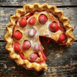 - 1 ½ cups fresh strawberries, hulled and sliced - 1 ½ cups rhubarb, chopped into 1-inch pieces - 1 cup granulated sugar - ¼ cup cornstarch - 1 teaspoon vanilla extract - 1 teaspoon lemon juice - ¼ teaspoon salt - 1 tablespoon unsalted butter, cut into small pieces For this pie, fresh strawberries and rhubarb shine together. Strawberries bring sweetness, while rhubarb adds a tangy kick. The sugar helps balance these flavors. I use cornstarch to thicken the filling, making it perfect for slicing. Vanilla and lemon juice enhance the fruit's natural taste. A pinch of salt rounds it all out. Butter adds richness to the filling. - 1 package (14 oz) refrigerated pie crusts - Instructions for homemade crust (if preferred) You can choose a ready-made pie crust for ease. Just unroll it, and you're set. If you like, I recommend making your own crust. A homemade crust can add a personal touch and great taste. - Egg wash ingredients - Sugar for sprinkling on top An egg wash gives the crust a shiny, golden look. Just brush it on before baking. If you sprinkle sugar on top, it adds a nice crunch. It makes the pie look and taste even better. To see the full recipe and step-by-step instructions, check out the Full Recipe section. Set your oven to 425°F (220°C). This high heat helps the crust bake nicely. A hot oven lets the pie rise and brown well. In a big bowl, mix together the strawberries and rhubarb. These fruits bring a sweet and tangy flavor. Add the sugar and cornstarch, then stir in the vanilla, lemon juice, and salt. Let the mix sit for 15 minutes. This time helps the fruits give off their juices. Roll out one pie crust. Fit it into a 9-inch pie pan snugly. Trim any extra dough hanging over. Pour your fruit filling into the crust. Spread it evenly. Dot it with little pieces of butter. Then roll out the second crust. Place it over the filling and trim the edges again. Crimp the edges to seal. Cut small slits in the top crust. This lets steam escape and keeps the bottom from getting soggy. Put the pie in the preheated oven. Bake it for 15 minutes at 425°F. After that, lower the heat to 350°F (175°C). Continue baking for another 35 to 40 minutes. Look for bubbly filling and a golden crust. Once the pie is done, take it out of the oven. Let it cool for at least 2 hours. Cooling is key for the filling to set. This way, your slices come out clean and neat. You can find the full recipe in the previous section. To choose ripe strawberries, look for bright red color and a sweet aroma. Avoid berries that are dull or have green spots. For rhubarb, select firm stalks with a vibrant color. The leaves should be removed, as they are toxic. Fresh rhubarb feels crisp and looks smooth, so avoid any with soft spots. A flaky pie crust is key to a great pie. Start with cold ingredients. Use chilled butter or shortening, and cold water while mixing. Don’t overwork the dough; this keeps it light. When rolling it out, aim for a thickness of about 1/8 inch. Always dust your surface with flour to prevent sticking. Serve each slice with vanilla ice cream or whipped cream. Both add a creamy texture that pairs well with the tart filling. For a fresh touch, add mint leaves on the side. You can also sprinkle a bit of cinnamon on top for extra flavor. These options elevate your dessert and make it more enjoyable. {{image_4}} You can change the flavor of your pie easily. Add other berries like blueberries or raspberries. These fruits mix well with strawberries and rhubarb. You can also try spices like cinnamon or nutmeg. Just a pinch can boost the taste of your pie. If you need a gluten-free crust, use gluten-free flour. You can make your own with almond or oat flour. Mix it with a bit of butter or coconut oil. Add cold water until the dough forms. Roll it out like a regular crust. It will hold the filling just as well. To make your pie vegan, skip the egg wash. Instead, brush the crust with almond milk. This gives it a nice look without eggs. For the butter, use coconut oil or vegan butter. These swaps keep the pie tasty and friendly for all diets. To store leftover pie in the fridge, wait until it cools. Cover the pie with plastic wrap or foil. Place it on a flat surface in your fridge. The pie stays fresh for about 3 to 4 days. If you want to keep the crust crisp, store it uncovered for the first day. Then cover it loosely after that. For long-term storage, freezing is a great option. Start by letting the pie cool completely. Wrap it tightly in plastic wrap. After that, place it in a freezer-safe bag or container. Make sure to label it with the date. The pie can last for up to 3 months in the freezer. When you're ready to enjoy it, thaw it overnight in the fridge before reheating. To reheat your pie, preheat your oven to 350°F (175°C). Place the pie on a baking sheet to catch any drips. Heat it for about 20 to 30 minutes. This method keeps the crust nice and flaky. If you're in a hurry, you can use the microwave. Heat individual slices for about 30 seconds. But be careful, as the crust may not stay as crisp. Enjoy your pie warm for the best taste! Strawberry rhubarb pie lasts about 3 to 4 days in the fridge. Store it in an airtight container to keep it fresh. This helps prevent the crust from getting soggy and the filling from losing flavor. Yes, you can make the pie ahead of time. Prepare the pie and let it cool completely. Then, cover it with plastic wrap. Keep it in the fridge for up to 2 days. If you want to store it longer, freeze it before baking. Just remember to bake it from frozen, adding extra time. If your filling is too runny, you can fix it. Try adding more cornstarch next time. If you already baked the pie, sprinkle a little cornstarch on top of the filling. Then, bake it again for about 10 minutes to help thicken it up. This should help it set better. Yes, you can use frozen strawberries and rhubarb. Thaw them first and drain excess liquid. This helps avoid a watery filling. Frozen fruit works well and still gives a tasty pie. For the full recipe, you can find all the steps and ingredients in the Classic Strawberry Rhubarb Pie section. Enjoy making this delicious pie! This article covered the basics of making a classic strawberry rhubarb pie. You learned about the ingredients, from fresh fruit to optional toppings. We walked through each step, from preheating the oven to cooling the pie. Tips on selecting the best ingredients and crust options make this recipe even better. Remember, you can customize the pie to suit your taste. Whether using fresh or frozen fruit, enjoy every slice. Now go ahead and bake your delicious pie!