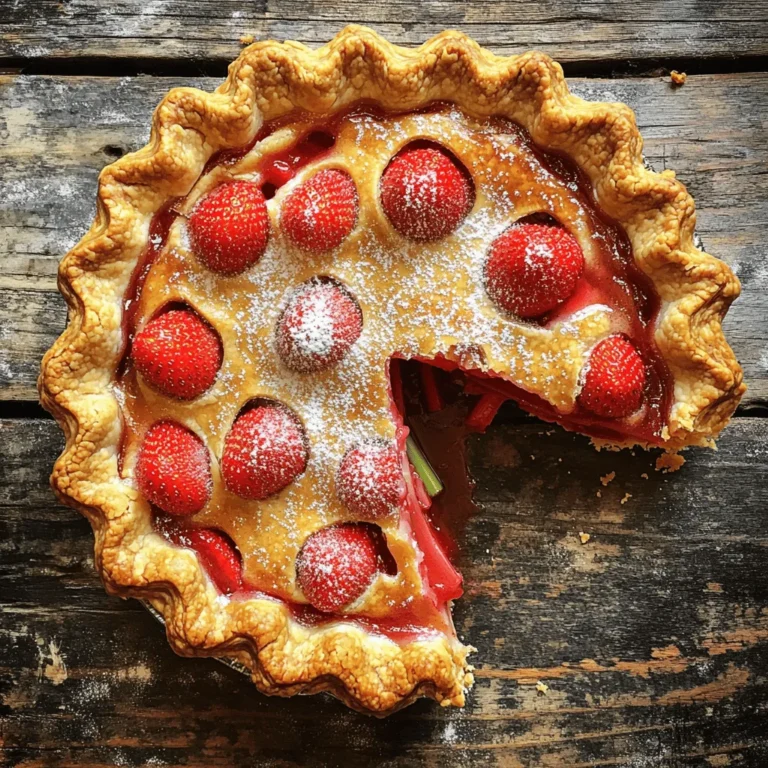 - 1 ½ cups fresh strawberries, hulled and sliced - 1 ½ cups rhubarb, chopped into 1-inch pieces - 1 cup granulated sugar - ¼ cup cornstarch - 1 teaspoon vanilla extract - 1 teaspoon lemon juice - ¼ teaspoon salt - 1 tablespoon unsalted butter, cut into small pieces For this pie, fresh strawberries and rhubarb shine together. Strawberries bring sweetness, while rhubarb adds a tangy kick. The sugar helps balance these flavors. I use cornstarch to thicken the filling, making it perfect for slicing. Vanilla and lemon juice enhance the fruit's natural taste. A pinch of salt rounds it all out. Butter adds richness to the filling. - 1 package (14 oz) refrigerated pie crusts - Instructions for homemade crust (if preferred) You can choose a ready-made pie crust for ease. Just unroll it, and you're set. If you like, I recommend making your own crust. A homemade crust can add a personal touch and great taste. - Egg wash ingredients - Sugar for sprinkling on top An egg wash gives the crust a shiny, golden look. Just brush it on before baking. If you sprinkle sugar on top, it adds a nice crunch. It makes the pie look and taste even better. To see the full recipe and step-by-step instructions, check out the Full Recipe section. Set your oven to 425°F (220°C). This high heat helps the crust bake nicely. A hot oven lets the pie rise and brown well. In a big bowl, mix together the strawberries and rhubarb. These fruits bring a sweet and tangy flavor. Add the sugar and cornstarch, then stir in the vanilla, lemon juice, and salt. Let the mix sit for 15 minutes. This time helps the fruits give off their juices. Roll out one pie crust. Fit it into a 9-inch pie pan snugly. Trim any extra dough hanging over. Pour your fruit filling into the crust. Spread it evenly. Dot it with little pieces of butter. Then roll out the second crust. Place it over the filling and trim the edges again. Crimp the edges to seal. Cut small slits in the top crust. This lets steam escape and keeps the bottom from getting soggy. Put the pie in the preheated oven. Bake it for 15 minutes at 425°F. After that, lower the heat to 350°F (175°C). Continue baking for another 35 to 40 minutes. Look for bubbly filling and a golden crust. Once the pie is done, take it out of the oven. Let it cool for at least 2 hours. Cooling is key for the filling to set. This way, your slices come out clean and neat. You can find the full recipe in the previous section. To choose ripe strawberries, look for bright red color and a sweet aroma. Avoid berries that are dull or have green spots. For rhubarb, select firm stalks with a vibrant color. The leaves should be removed, as they are toxic. Fresh rhubarb feels crisp and looks smooth, so avoid any with soft spots. A flaky pie crust is key to a great pie. Start with cold ingredients. Use chilled butter or shortening, and cold water while mixing. Don’t overwork the dough; this keeps it light. When rolling it out, aim for a thickness of about 1/8 inch. Always dust your surface with flour to prevent sticking. Serve each slice with vanilla ice cream or whipped cream. Both add a creamy texture that pairs well with the tart filling. For a fresh touch, add mint leaves on the side. You can also sprinkle a bit of cinnamon on top for extra flavor. These options elevate your dessert and make it more enjoyable. {{image_4}} You can change the flavor of your pie easily. Add other berries like blueberries or raspberries. These fruits mix well with strawberries and rhubarb. You can also try spices like cinnamon or nutmeg. Just a pinch can boost the taste of your pie. If you need a gluten-free crust, use gluten-free flour. You can make your own with almond or oat flour. Mix it with a bit of butter or coconut oil. Add cold water until the dough forms. Roll it out like a regular crust. It will hold the filling just as well. To make your pie vegan, skip the egg wash. Instead, brush the crust with almond milk. This gives it a nice look without eggs. For the butter, use coconut oil or vegan butter. These swaps keep the pie tasty and friendly for all diets. To store leftover pie in the fridge, wait until it cools. Cover the pie with plastic wrap or foil. Place it on a flat surface in your fridge. The pie stays fresh for about 3 to 4 days. If you want to keep the crust crisp, store it uncovered for the first day. Then cover it loosely after that. For long-term storage, freezing is a great option. Start by letting the pie cool completely. Wrap it tightly in plastic wrap. After that, place it in a freezer-safe bag or container. Make sure to label it with the date. The pie can last for up to 3 months in the freezer. When you're ready to enjoy it, thaw it overnight in the fridge before reheating. To reheat your pie, preheat your oven to 350°F (175°C). Place the pie on a baking sheet to catch any drips. Heat it for about 20 to 30 minutes. This method keeps the crust nice and flaky. If you're in a hurry, you can use the microwave. Heat individual slices for about 30 seconds. But be careful, as the crust may not stay as crisp. Enjoy your pie warm for the best taste! Strawberry rhubarb pie lasts about 3 to 4 days in the fridge. Store it in an airtight container to keep it fresh. This helps prevent the crust from getting soggy and the filling from losing flavor. Yes, you can make the pie ahead of time. Prepare the pie and let it cool completely. Then, cover it with plastic wrap. Keep it in the fridge for up to 2 days. If you want to store it longer, freeze it before baking. Just remember to bake it from frozen, adding extra time. If your filling is too runny, you can fix it. Try adding more cornstarch next time. If you already baked the pie, sprinkle a little cornstarch on top of the filling. Then, bake it again for about 10 minutes to help thicken it up. This should help it set better. Yes, you can use frozen strawberries and rhubarb. Thaw them first and drain excess liquid. This helps avoid a watery filling. Frozen fruit works well and still gives a tasty pie. For the full recipe, you can find all the steps and ingredients in the Classic Strawberry Rhubarb Pie section. Enjoy making this delicious pie! This article covered the basics of making a classic strawberry rhubarb pie. You learned about the ingredients, from fresh fruit to optional toppings. We walked through each step, from preheating the oven to cooling the pie. Tips on selecting the best ingredients and crust options make this recipe even better. Remember, you can customize the pie to suit your taste. Whether using fresh or frozen fruit, enjoy every slice. Now go ahead and bake your delicious pie!