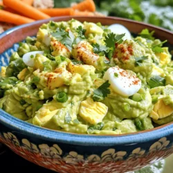 - 4 large eggs, hard-boiled and peeled - 1 ripe avocado - 2 tablespoons Greek yogurt - 1 tablespoon Dijon mustard - 1 tablespoon freshly squeezed lemon juice - Salt and black pepper, to taste - 1/4 teaspoon garlic powder - 1/4 teaspoon smoked paprika - 2 green onions, finely chopped - A handful of fresh cilantro, chopped When I make avocado egg salad, I focus on simple, fresh ingredients. I start with four large eggs. Hard-boiling them creates a creamy base. I also use one ripe avocado. This gives the salad its rich texture. A couple of tablespoons of Greek yogurt adds creaminess without too much fat. One tablespoon of Dijon mustard gives it a nice kick. For seasoning, I use freshly squeezed lemon juice. It brightens the flavors. I add salt and black pepper to taste. A pinch of garlic powder adds depth. Smoked paprika gives it a touch of warmth and color. If you want to enhance the dish, add some green onions for crunch. Fresh cilantro adds a burst of flavor. These garnishes make the salad pop with color and taste. This avocado egg salad is not just healthy; it’s also quick and easy to make. You can find the full recipe above to guide you through the steps. - Hard-Boil the Eggs Start by placing the eggs in a medium pot. Cover them with cold water. Make sure there is about an inch of water above the eggs. Bring the water to a rapid boil over medium-high heat. Once boiling, reduce the heat to a gentle simmer. Cook for 9-12 minutes based on how you like your yolks. For a soft center, 9 minutes is great. For a fully hard-boiled egg, go for 12 minutes. When done, remove the eggs and place them in an ice bath. This cools them quickly and stops the cooking. - Ice Bath Technique An ice bath is simple. Just fill a bowl with cold water and ice. Move the eggs from the pot to the bowl. Let them sit for about 5 minutes. This makes peeling the eggs much easier later. - Slicing and Scooping Guidelines While your eggs cool, grab a ripe avocado. Slice it in half lengthwise and remove the pit carefully. Use a spoon to scoop the green flesh into a mixing bowl. Be gentle to keep the avocado intact. - Achieving the Right Consistency Use a fork to mash the avocado. You want it smooth but still a bit chunky. This gives your salad a great texture. - Chopping the Eggs Once your eggs are cool, peel off the shells. Chop the eggs into small, bite-sized pieces. Add the chopped eggs to the bowl with the mashed avocado. - Mixing and Seasoning Tips Add Greek yogurt, Dijon mustard, and lemon juice to the egg and avocado mix. Stir gently but thoroughly. This helps combine all the ingredients well. - Adding Fresh Ingredients Now it’s time to spice it up! Sprinkle in salt, black pepper, garlic powder, and smoked paprika. Mix well and taste. Adjust the seasoning based on your liking. Finally, fold in the chopped green onions and cilantro for fresh flavor and color. Get ready to enjoy this tasty Avocado Egg Salad! For the full recipe, check out the detailed instructions above. - Timing for Desired Yolks To get the perfect hard-boiled egg, timing is key. Cook the eggs for 9 to 12 minutes. For a slightly soft center, stick to 9 minutes. For fully hard-boiled, go for 12 minutes. This way, you control the yolk's texture. - Cooling Tips to Prevent Overcooking Once the eggs are done, move them to an ice bath. Fill a bowl with cold water and ice. Let the eggs sit for about 5 minutes. This stops the cooking and keeps the yolks from turning green. - How to Choose a Ripe Avocado Pick an avocado that feels slightly soft when you squeeze it. A ripe avocado will give a little but not feel mushy. If it is hard, leave it at room temperature for a few days until it ripens. - Tips to Prevent Browning To keep your avocado fresh, add lemon juice. The acid slows down browning. You can also store unused avocado in an airtight container. Cover it with plastic wrap and press it down to remove air. - Suggested Seasoning Adjustments Don’t be shy with spices! Add more salt, pepper, or garlic powder to taste. For a twist, try a dash of cumin or even chili powder for some heat. - Incorporating Additional Ingredients for Flavor Want to spice things up? Add diced jalapeños for heat or chopped red pepper for sweetness. You could also fold in cooked bacon bits for a smoky flavor. These tips will help you create a tasty Avocado Egg Salad that everyone will love. For the full recipe, check out the details above. Enjoy your cooking! {{image_4}} You can boost your Avocado Egg Salad with more protein. - Adding Cooked Bacon or Turkey: Crumbled bacon adds a crispy, salty flavor. You can also use cooked turkey for a leaner option. Just mix it in with the eggs and avocado for a savory twist. - Incorporating Chickpeas for a Plant-Based Option: Chickpeas are great for plant-based diets. Mash them up and mix them in. They add texture and increase protein without meat. Adding different herbs and spices can change your salad's flavor. - Adding Dill or Parsley: Fresh herbs like dill or parsley add brightness. Chop them fine and mix them in for a fresh taste. - Spice Variations including Sriracha or Curry Powder: For heat, add Sriracha. It gives the salad a kick. If you want something different, try curry powder. This adds warmth and richness. How you serve the salad can make it more fun. - Serving on Different Breads or Wraps: Spread the salad on whole grain bread or a wrap. This makes a hearty lunch option. Lettuce wraps are also light and crisp. - Creative Ways to Serve as a Dip: You can serve the salad as a dip with veggie sticks. Carrots, celery, and bell peppers pair well. This makes a great snack or appetizer. For the full recipe, check out Avocado Egg Salad Delight 🥑🥚. To keep your avocado egg salad fresh, store it in an airtight container. Refrigerate it right after you make it. The salad stays fresh for about 2 to 3 days. If you notice any browning on the avocado, mix it well before serving. You can prepare this salad a day in advance. Just follow the recipe steps and store it in the fridge. If you make a big batch, divide it into smaller containers. This makes it easy to grab for lunch or snacks. When you're ready to eat, stir it well. This helps mix the flavors again. Can you freeze avocado egg salad? I don’t recommend it. The texture of avocado changes when frozen. It can become mushy once thawed. If you must freeze it, store it in a freezer-safe container. Use it within a month. When ready to eat, thaw it overnight in the fridge. Then stir well before serving. For the full recipe, check out the complete guide to Avocado Egg Salad Delight. Avocados and eggs are packed with nutrients. - Avocados: They are rich in healthy fats, fiber, and vitamins. They help lower bad cholesterol and keep your heart healthy. - Eggs: They provide high-quality protein and essential vitamins. Eggs support brain health and eye health due to their antioxidants. Together, they make a great combo for a filling meal. You get energy and nutrients, which help you stay active. Yes, you can make this salad vegan. - Dairy Alternatives: Use vegan yogurt instead of Greek yogurt. Look for options made from almond or coconut. - Egg Substitutes: For eggs, you can use mashed chickpeas or tofu. Both provide protein and a similar texture. This way, you keep the creamy taste without using eggs or dairy. To add some heat to your salad, try these simple ideas. - Hot Sauce: Add a few dashes of your favorite hot sauce. This gives an instant kick. - Spicy Seasonings: Mix in cayenne pepper or chili powder for a warm flavor. - Fresh Peppers: Diced jalapeños or serranos can add a fresh and spicy crunch. Adjust the spice level to your liking for a fun twist! Egg salad is best fresh but can last in the fridge. - Food Safety Tips: Store it in an airtight container. It can stay fresh for up to three days. - Signs of Spoilage: If it smells bad or changes color, throw it away. Always trust your senses when it comes to food safety. Absolutely! Making this salad your own is fun. - Protein Add-Ins: Toss in cooked bacon or shredded chicken for extra protein. - Flavor Boosters: Add fresh herbs like dill or parsley for a burst of flavor. - Crunchy Elements: Consider adding diced celery or bell peppers for more texture. Get creative and make it the way you love! For the full recipe, check out the [Full Recipe]. Avocado egg salad is nutritious and versatile. You learned how to use eggs, avocado, and yogurt to make it. We covered tips for perfect eggs and flavor boosts too. You can even add proteins or spices for your taste. Store the salad properly to keep it fresh. Embrace this dish’s many options. Experiment, enjoy, and make it your own!