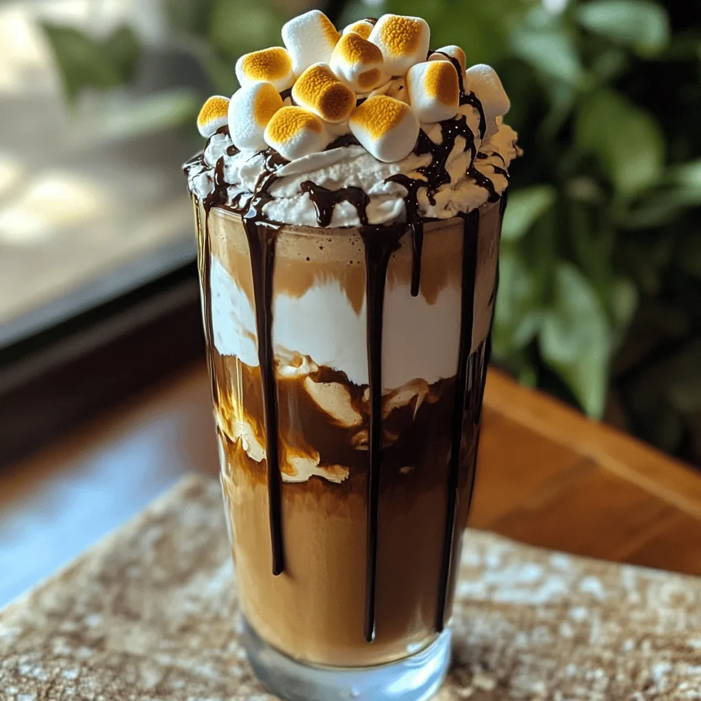- 1 cup brewed coffee, cooled to room temperature - 1 cup milk (choose your favorite dairy or plant-based alternative) - 2 tablespoons chocolate syrup (adjust for desired chocolate flavor) - 2 tablespoons toasted marshmallow syrup (store-bought or homemade) - 1 cup ice cubes - Whipped cream - Mini marshmallows - Additional chocolate syrup The ingredients for a Toasted Marshmallow Frappe are simple yet delightful. I start with brewed coffee. It should be cooled to room temperature. This step prevents the ice from melting too fast. Next, I add milk. You can use any type you like, from whole milk to almond milk. Then comes the fun part: chocolate syrup! You can adjust this to fit your taste. I often add two tablespoons for a rich flavor. The toasted marshmallow syrup is a must-have. It gives that sweet, campfire vibe. Finally, don't forget the ice cubes! They make the frappe cold and refreshing. For toppings, whipped cream is a great choice. It adds creaminess on top of the drink. Mini marshmallows make it fun and cute. A drizzle of extra chocolate syrup gives it that fancy touch. This recipe is perfect for warm days or a cozy treat. You can find the full recipe at the end of this section. Enjoy creating this delicious treat! 1. Combining ingredients in a blender Start by gathering all your ingredients. You will need brewed coffee, milk, chocolate syrup, toasted marshmallow syrup, and ice cubes. Pour them into a strong blender. Make sure to add the coffee first, followed by the milk and syrups. This helps everything blend well. 2. Blending to desired consistency Blend the mixture on high speed. Keep blending until it is smooth and frothy. You want to crush all the ice so it mixes well. If you like a thicker drink, add more ice and blend again. 3. Adjusting sweetness level After blending, taste your frappe. If you want it sweeter, add more chocolate syrup or toasted marshmallow syrup. Blend again briefly to mix in the extra sweetness. 1. Drizzling chocolate syrup in glasses For a fun touch, take two tall glasses and drizzle chocolate syrup along the insides. This adds a nice look and flavor when you pour in the frappe. 2. Topping with whipped cream Pour the blended frappe into the glasses. Then, generously top each one with fluffy whipped cream. Feel free to make it as high as you like! 3. Toasting mini marshmallows For a campfire feel, use a kitchen torch to toast mini marshmallows until golden brown. Place them on top of the whipped cream. This adds a fun and tasty garnish to your drink. Now, you have a delicious Toasted Marshmallow Frappe ready to enjoy! If you want to see the complete process, check out the Full Recipe. To get the best frappe texture, start with your ice. Use ice cubes made from clean water. Smaller cubes blend better than large ones. They crush easily and mix well with liquids. A good rule is to fill your blender halfway with ice. This helps create a thick and frothy drink. Next, look at your blender settings. Use the highest speed for blending. This ensures all ice gets crushed smoothly. Blend until the mixture is light and fluffy. If your blender has a pulse feature, use it to break up the ice first. Then, switch to high speed for a perfect finish. To make your frappe even tastier, try new syrups. You can add vanilla, caramel, or even hazelnut syrup. This gives your drink a unique twist. Just start with a little and taste as you go. You can always add more if you like. Adjusting the coffee strength is also key. If you want a bolder flavor, use less milk. For a milder taste, add more milk. Always remember to taste your frappe before serving. This way, you can make it just right for your taste buds. For the full recipe, check out the details above. Enjoy making your toasted marshmallow frappe! {{image_4}} You can make your toasted marshmallow frappe even more fun with flavor twists. Adding vanilla or caramel syrup can give it a sweet kick. Just one or two tablespoons will do. This small change can brighten the drink and make it unique. Using flavored milk alternatives also changes the taste. Try almond, coconut, or oat milk for a new twist. Each option brings a different flavor that can enhance the overall experience. You might even find a new favorite! If you're looking for dairy-free options, use your favorite plant-based milk. Almond milk, soy milk, and coconut milk all work great. They keep the drink creamy and delicious without any dairy. For those who want sugar-free alternatives, you can swap out the chocolate and toasted marshmallow syrups. Look for sugar-free versions at the store. They taste amazing and still keep your frappe delightful. Explore these variations to make your toasted marshmallow frappe truly your own. For the complete recipe, check out the Full Recipe. To save time, you can store leftover ingredients. Keep brewed coffee in the fridge for up to three days. Use an airtight container to keep it fresh. Milk can also go in the fridge, but try to use it within a week. If you want to freeze coffee for later, pour it into ice cube trays. This makes it easy to add coffee flavor to your next frappe. Milk can be frozen, too. Just pour it into a freezer-safe container, leaving space for expansion. Thaw it in the fridge before using. For the best taste, always serve this frappe fresh. If you need to refresh it, blend it again for a few seconds. This will give it that smooth, frothy texture. Serve your frappe right after making it. The flavors are at their best when it’s fresh. If you let it sit too long, the ice will melt, making it watery. Enjoy it within 30 minutes for the best taste! What is a Toasted Marshmallow Frappe? A Toasted Marshmallow Frappe is a cold drink made with coffee, milk, and toasted marshmallow syrup. It combines rich flavors and a fun, sweet taste. You blend coffee, milk, and ice, then top it with whipped cream and toasted marshmallows. Can I make this recipe without coffee? Yes! You can make a Toasted Marshmallow Frappe without coffee. Just use extra milk or a tasty milk alternative. You can also use chocolate milk for a sweeter option. This way, you still enjoy the creamy and delicious flavors. How do I make homemade toasted marshmallow syrup? To make homemade toasted marshmallow syrup, you need sugar, water, and marshmallows. Heat water and sugar until the sugar dissolves. Then, add marshmallows and stir until they melt. Keep stirring until the syrup turns a golden color. Let it cool, and you have your syrup! Why is my frappe too watery? If your frappe is too watery, you might have added too much milk or ice. Try using less milk next time. You can also blend it less. This will keep the texture thick and creamy. How can I make my frappe sweeter? To make your frappe sweeter, add more chocolate syrup or toasted marshmallow syrup. Start with a small amount, then blend again. Taste it until you reach your perfect sweetness level! Toasted Marshmallow Frappe is simple and fun to make. We covered the key ingredients and preparation steps. You can mix in optional toppings for extra flavor. Remember, you can play with different syrups and milk options. Storing ingredients properly helps keep your frappe fresh. Try the tips for a perfect blend. With these quick steps, you’ll impress anyone. Enjoy your delicious creation and share it with friends! Your homemade drink is sure to be a hit every time.