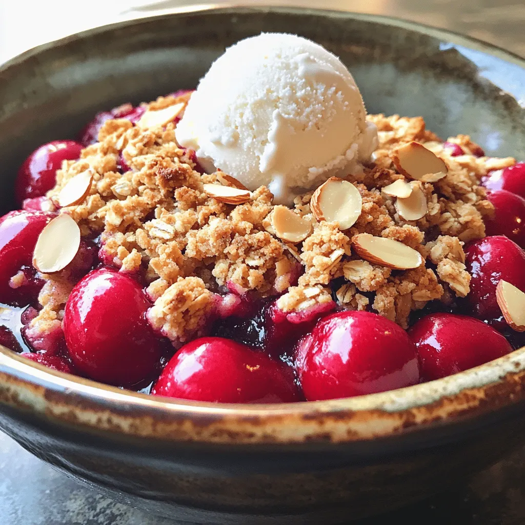 For a tasty cherry almond crisp, you need fresh, ripe cherries. Here's what to gather: - 4 cups fresh cherries, pitted and halved - 1 tablespoon fresh lemon juice The cherries add a sweet and tart flavor. Lemon juice brightens the taste and helps thicken the filling. Next, you'll need some basic baking ingredients. These will create the crumbly topping and help bind everything together: - 1 cup almond flour - 1 cup rolled oats - 1/2 cup brown sugar, packed - 1/2 cup unsalted butter, cold and cut into small cubes - 1 teaspoon pure vanilla extract - 1 teaspoon ground cinnamon - 1/4 teaspoon salt - 2 tablespoons cornstarch Almond flour gives a nutty taste. Rolled oats add texture and crunch. Brown sugar helps create a caramel-like flavor. Garnishes can make your dessert look and taste even better. Consider these options: - 1/4 cup sliced almonds - Vanilla ice cream for serving Sliced almonds add extra crunch. A scoop of vanilla ice cream creates a lovely contrast to the warm crisp. For the full recipe, refer to the earlier section. Start by preheating your oven to 350°F (175°C). This step is key. A hot oven makes the crisp cook evenly. Grab a 9x13 inch baking dish and lightly grease it. This will help the crisp come out easily after baking. In a large bowl, take 4 cups of fresh cherries. Make sure they are pitted and halved. Add 1 tablespoon of fresh lemon juice and 2 tablespoons of cornstarch. The lemon juice adds brightness, while the cornstarch helps thicken the filling. Gently toss the cherries until they are well coated. Once mixed, pour the cherry mix into your greased baking dish. Spread the cherries evenly across the bottom. In another bowl, combine 1 cup of almond flour, 1 cup of rolled oats, 1/2 cup of brown sugar, 1 teaspoon of ground cinnamon, and 1/4 teaspoon of salt. Mix these dry ingredients well. Next, add 1/2 cup of cold, cubed unsalted butter. Use a pastry cutter or your fingertips to work the butter into the mixture. Aim for coarse crumbs. These crumbs will create a nice crunch. Finally, gently fold in 1/4 cup of sliced almonds for added texture. Now it's time to assemble your dessert. Evenly sprinkle the crumble topping over the cherry filling in the baking dish. Cover all the cherries well. This ensures every bite is full of flavor. Place the baking dish in your preheated oven. Bake for 35-40 minutes. Look for a golden brown topping and bubbling cherry filling. Once done, take the dish out of the oven and let it cool for about 10 minutes. This cooling time helps the juices set. Your cherry almond crisp is now ready to serve! Check out the Full Recipe for exact details. To get that crunchy topping, use cold butter. Cold butter helps create a flaky texture. Also, mix the dry ingredients well before adding butter. This way, all the flavors blend nicely. When you add the butter, use your fingers or a pastry cutter. Work it in until you see crumbs. This gives you that perfect crisp. Bake until golden brown. Check for bubbling cherry juice around the edges. That’s your sign it’s done! Serve your cherry almond crisp warm for the best taste. Placing it in individual bowls makes it feel special. A scoop of vanilla ice cream on top adds creaminess. You can also sprinkle more sliced almonds for crunch. This not only looks nice but also adds flavor. Enjoy it right away for the best experience. You can prepare the cherry filling a day before. Just store it in the fridge. This way, the flavors deepen overnight. You can also make the crumble topping ahead of time. Keep it in an airtight container. When you’re ready to bake, just assemble and pop in the oven. This makes it easy for busy days. It’s a great way to have dessert ready in no time! For the full recipe and to dive deeper into each step, check out the full recipe. {{image_4}} You can easily switch up the fruit in this recipe. Depending on the season, fresh fruits can add unique flavors. Try using peaches in summer or apples in fall. Berries also work great. Blueberries or raspberries add a nice tartness. Just make sure to adjust the sugar based on the fruit's sweetness. If you need a gluten-free version, you can make simple swaps. Use certified gluten-free oats instead of regular oats. Almond flour is already gluten-free, so that stays. You can also add a bit of coconut flour for more texture. This way, everyone can enjoy this tasty dessert without worry. To boost the flavor of your cherry almond crisp, think about some extra spices. A dash of nutmeg can add warmth. You might also try almond extract for a stronger nut flavor. Citrus zest, like lemon or orange, can brighten up the dish. These small changes can make a big difference in taste. For the full recipe, check the details above! To store leftover cherry almond crisp, let it cool completely. Then, cover it tightly with plastic wrap or foil. You can also place it in an airtight container. This keeps the crisp fresh for up to three days in the fridge. Make sure to keep it in a cool spot. When you want to enjoy your cherry almond crisp again, preheat your oven to 350°F (175°C). Place the crisp in an oven-safe dish. If it looks dry, add a splash of water or apple juice. Cover it with foil to keep moisture in. Heat it for about 15-20 minutes until warm. This keeps the topping nice and crispy. You can freeze cherry almond crisp for later. First, let it cool completely. Cut it into portions and wrap each piece in plastic wrap. Then, place the wrapped pieces in a freezer bag or airtight container. This dessert freezes well for up to three months. When you’re ready to eat it, thaw it in the fridge overnight. Reheat it in the oven as mentioned above. Enjoy a tasty treat anytime! Yes, you can use frozen cherries. Just be sure to thaw them first. Drain any extra juice to keep the crisp from getting too soggy. The flavor will still shine through. If you need a substitute for almond flour, you can use regular all-purpose flour. You can also try oat flour or ground walnuts for a nutty taste. Each option gives a different texture, so choose what you like best. Cherry Almond Crisp lasts about 3 to 5 days in the fridge. Store it in an airtight container to keep it fresh. You can enjoy it warm or cold for a tasty treat. Yes, you can make a vegan version! Replace the unsalted butter with coconut oil or a vegan butter substitute. Use maple syrup or agave nectar instead of brown sugar for sweetness. This keeps all the yummy flavors intact while keeping it plant-based. For the full recipe, check out the detailed instructions above. In this post, we explored how to make Cherry Almond Crisp. We covered the fresh ingredients, essential baking components, and optional garnishes. You learned step-by-step instructions, tips for the perfect texture, and variations to try. We also discussed storage options to keep your dessert fresh. In conclusion, with these easy steps and insights, you can create a delicious Cherry Almond Crisp. Enjoy trying new flavors and sharing it with friends and family!