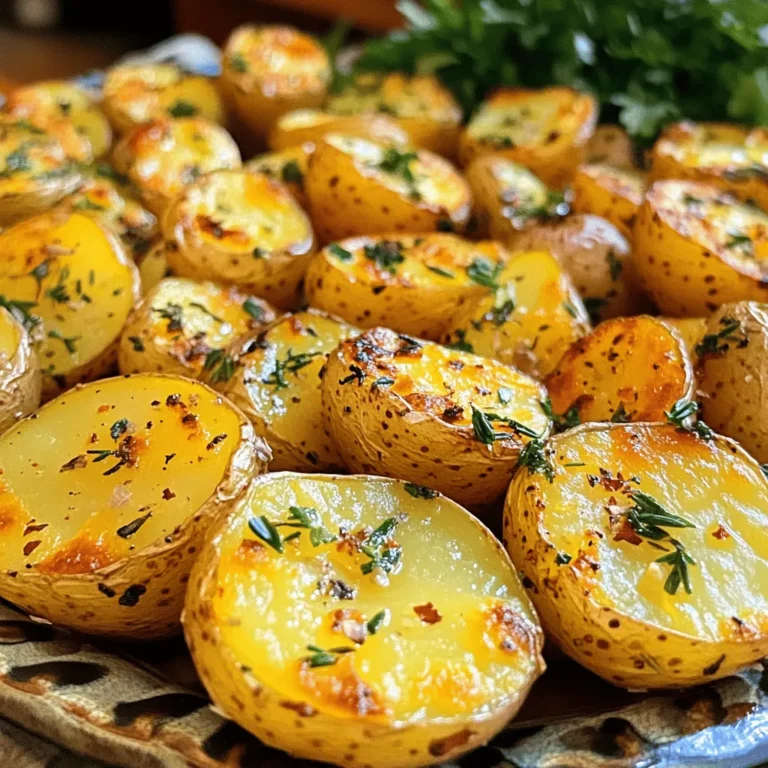 - Baby potatoes - Olive oil - Fresh garlic - Dried herbs - Spices - Salt and pepper - Garnish ingredients You can use larger potatoes. Just cut them smaller. Instead of olive oil, you might try avocado oil or canola oil. If you don’t have fresh garlic, use garlic powder. About 1/8 teaspoon per clove works well. Using fresh ingredients makes a big difference. Fresh garlic gives a strong flavor. It makes the potatoes taste amazing. Herbs and spices add depth and warmth. They transform simple potatoes into a gourmet side dish. The right mix of flavors makes every bite special. 1. Preheat your oven to 425°F (220°C). This temperature helps achieve that perfect crisp. 2. Grab a large mixing bowl. Add the halved baby potatoes and pour in the extra-virgin olive oil. 3. Next, add the finely minced garlic, dried rosemary, dried thyme, smoked paprika, salt, and pepper. 4. Use a spatula or your hands to mix well. Make sure each potato is evenly coated. 1. Get a baking sheet and lay it flat. Spread the seasoned potatoes on it. 2. Ensure the cut sides are facing down. This helps them crisp nicely. 3. Place the baking sheet in the preheated oven. Roast for 25-30 minutes. 4. Flip the potatoes halfway through. This step ensures they brown evenly and stay crisp. 1. Once done, take the baking sheet out of the oven. Let the potatoes rest for a couple of minutes. 2. Before serving, sprinkle fresh chopped parsley on top. This adds color and freshness. 3. Serve these crispy garlic roasted potatoes as a side dish. They pair well with grilled meats, salads, or your favorite dip. For the full recipe, check out the detailed guide on how to make these delicious potatoes! To get your potatoes crispy, you must cut them evenly. This step ensures they roast at the same rate. Aim for halves that are about the same size. Next, don't forget to flip the potatoes during roasting. Halfway through cooking, turn them over. This gives every side a chance to crisp up. Want to boost flavor? Try adding more seasonings. Some tasty choices include onion powder, chili flakes, or lemon zest. You can also experiment with different cooking oils. For a unique taste, use avocado oil or sunflower oil. Each oil brings its own flavor profile to the dish. If you use larger potatoes, you need to adjust the cooking time. Cut them into smaller pieces to help them cook faster. For different oven types, keep an eye on your potatoes. Convection ovens may cook them quicker than standard ones. Always check for that golden brown color to know when they're done. {{image_4}} You can make crispy garlic roasted potatoes even better by adding seasonal veggies. Think of carrots, bell peppers, or zucchini. These add color and flavor. Just chop them small, so they cook evenly with the potatoes. Also, switch up the herbs for fun. Basil, dill, or even sage can change the taste. Fresh herbs give brighter flavors, while dried herbs provide depth. If you want a vegan dish, this recipe is already great! Just make sure your olive oil is pure. You can also use other oils like avocado oil for a twist. For gluten-free options, you’re in luck! This recipe is naturally gluten-free. Just ensure all your ingredients are certified gluten-free if needed. Looking for a quicker way? Try the air fryer! Just toss the seasoned potatoes in the air fryer basket. Set it to 400°F (200°C) and cook for about 20 minutes. Shake the basket halfway through for even crispiness. In summer, grilling adds a smoky flavor. Place the potatoes in a grill basket or wrap them in foil. Grill over medium heat for 25-30 minutes, turning often. This method gives a nice char and enhances the garlic flavor. For more tips, check out the Full Recipe. Store your leftover crispy garlic roasted potatoes in an airtight container. This keeps them fresh. Place them in the fridge for up to three days. To keep them crispy, layer parchment paper between the potatoes. This helps absorb moisture. For the best crispiness, reheat the potatoes in the oven. Preheat your oven to 400°F (200°C). Spread the potatoes on a baking sheet. Heat them for about 10-15 minutes until they are hot and crispy. If you need a quick option, use the microwave. Place the potatoes on a microwave-safe plate. Heat them on high for 1-2 minutes. This is faster, but the potatoes may lose some crunch. You can freeze these potatoes before or after cooking. If you freeze them raw, cut and season the potatoes first. Spread them on a tray to freeze, then transfer to a bag. This makes it easy to cook later. If you freeze them after cooking, let them cool completely. Store them in a sealed container. For thawing, place them in the fridge overnight before reheating. This keeps the flavor and texture intact. Roast your potatoes for 25-30 minutes at 425°F (220°C). Flip them halfway through. This helps them get nice and crispy. For even more crunch, let them roast a bit longer. Just keep an eye on them to prevent burning. Yes, you can use different potatoes! Yukon Gold or red potatoes work well. Just make sure they are about the same size. This ensures they cook evenly. Cut larger potatoes into smaller pieces if needed. These potatoes go great with many dishes. Serve them with grilled meats, fish, or a fresh salad. They also pair well with roasted veggies. Try them with a tasty dipping sauce for added flavor. Check for golden-brown color and a crispy texture. You can also poke one with a fork. If it goes in easily, they’re done! Trust your senses; the smell will be amazing too. Yes, you can prep these potatoes in advance! Cut and season them, then store in the fridge. When ready, follow the Full Recipe for roasting. This way, you can enjoy crispy garlic roasted potatoes anytime! In this post, we explored how to make crispy garlic roasted potatoes. We covered the essential ingredients, suggested substitutes, and shared tips for maximum crispiness. I shared storage and reheating advice to help you enjoy leftovers. Remember to get creative with variations, like seasonal vegetables or alternative cooking methods. You can make this dish a delightful side for any meal. With practice, you’ll create perfectly roasted potatoes that impress everyone at your table. Happy cooking!