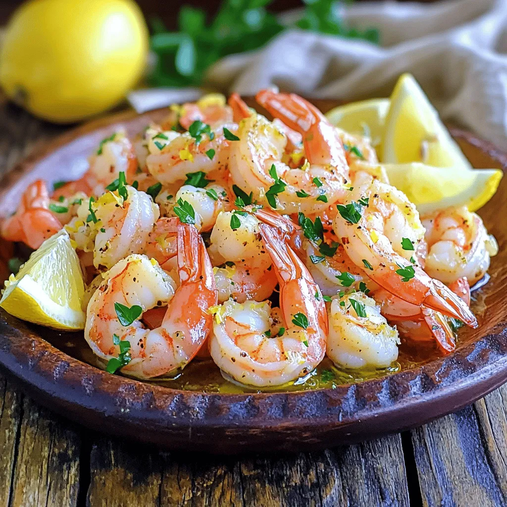 To make Lemon Garlic Roasted Shrimp, you need just a few simple items. Here’s what you'll gather: - 1 pound large shrimp, peeled and deveined - 4 garlic cloves, finely minced - 2 tablespoons extra virgin olive oil - Zest of 1 lemon - Juice of 1 lemon - 1 teaspoon smoked paprika - ½ teaspoon red pepper flakes (optional, for heat) - Salt and freshly cracked black pepper, to taste - 2 tablespoons fresh parsley, chopped, for garnish - Lemon wedges, for serving Each ingredient plays a key role. The shrimp bring the main flavor, while garlic adds depth. Olive oil keeps everything moist and helps the shrimp cook well. Lemon zest and juice add brightness. Smoked paprika gives a hint of warmth. Red pepper flakes can spice things up if you like heat. Finally, fresh parsley adds a pop of color and taste. This dish is not only tasty but also simple to prepare. It’s perfect for a quick dinner or a special gathering. Make sure to check out the Full Recipe for all the steps! Start by preheating your oven to 400°F (200°C). This heat helps the shrimp cook evenly. A hot oven gives the shrimp a nice texture and helps them roast well. In a big bowl, mix together the extra virgin olive oil, minced garlic, lemon zest, and fresh lemon juice. Add the smoked paprika and red pepper flakes if you want some heat. Don’t forget to sprinkle in salt and pepper. Mix it all well to create a bright and tasty marinade. Next, add the peeled and deveined shrimp to the bowl. Make sure each shrimp gets a good coat of the marinade. Toss them gently so every piece is covered in that zesty mix. Line a baking sheet with parchment paper. This makes cleanup easy! Spread the marinated shrimp in one layer on the sheet. Avoid overcrowding them. Place the sheet in the hot oven and roast for about 8-10 minutes. Watch closely! The shrimp will turn pink and opaque when they are ready. Overcooking can make them rubbery. Once cooked, take the shrimp out of the oven. Sprinkle chopped parsley on top for color and flavor. Serve them hot with lemon wedges on the side. Guests can squeeze extra lemon juice for some added zest. Enjoy this dish that is savory and simple! For the complete recipe, check out the Full Recipe section. When picking shrimp, size matters. I love using large shrimp for this dish. They hold up well during cooking and offer a nice bite. Look for shrimp that feel firm and smell fresh. If buying frozen shrimp, choose ones that are flash-frozen. This keeps their taste and texture intact. Always check for the "peeled and deveined" label to save time. Shrimp cook quickly. They can turn rubbery if you overcook them. Roast them for just 8 to 10 minutes at 400°F (200°C). Keep an eye on the color. They should turn pink and opaque. If you see that happening, they are ready! Remove them promptly to avoid overcooking. To make the dish pop, add fresh herbs like parsley or dill. You can swap lemon with lime for a new twist. If you like heat, toss in more red pepper flakes. A dash of white wine in the marinade can also add depth. Feel free to play with flavors! This dish is simple, but you can make it your own. For the full recipe, check above! {{image_4}} You can make this dish even better by adding vegetables. Think of bell peppers, zucchini, or asparagus. Chop them into bite-size pieces, and toss them with the shrimp. This adds color and nutrients. Roasting veggies with shrimp gives a great taste that everyone will love. Make sure to adjust the cooking time. Vegetables may need a few extra minutes. Spice it up by changing your seasonings. Instead of smoked paprika, try cumin or curry powder. You can also add herbs like thyme or oregano. Each spice brings its flavor, making your meal unique. Experimenting with different seasonings keeps it fun. Don't be afraid to mix and match until you find your favorite combo. You can cook shrimp in different ways. Instead of roasting, try grilling or sautéing. Grilling gives a smoky flavor and nice grill marks. Sautéing in a pan with olive oil can be faster. Just make sure the shrimp cook quickly to stay tender. Each method brings a new twist to the same great taste. Explore these methods for a fun cooking adventure. You can store leftover lemon garlic roasted shrimp in the fridge. Place them in an airtight container. This keeps the shrimp fresh for up to three days. Make sure to let them cool first before sealing. If you want to enjoy them later, just pull them out when you’re ready to eat. If you have more shrimp than you can eat, freezing is a great option. First, let the shrimp cool completely. Next, arrange them in a single layer on a baking sheet. Freeze them for about one hour. Once frozen, transfer the shrimp to a freezer-safe bag. This method helps prevent them from sticking together. You can freeze them for up to three months. Reheating shrimp requires care to avoid overcooking. You can reheat them in the oven or on the stovetop. For the oven, preheat it to 350°F (175°C). Place the shrimp on a baking sheet and heat for about 5-7 minutes. On the stovetop, heat a skillet over medium heat. Add a splash of olive oil and sauté the shrimp for about 3-4 minutes. Check to ensure they are heated through but still juicy. For the full recipe, refer back to the earlier section. You can serve Lemon Garlic Roasted Shrimp with many sides. Rice or pasta works well. A fresh salad adds crunch and flavor. Garlic bread can soak up the tasty juices. Try roasted vegetables for a healthy touch. These sides make a great meal together. Yes, you can use frozen shrimp. Just make sure to thaw them first. Place them in the fridge overnight or run them under cold water. This helps the shrimp cook evenly. Avoid using shrimp that is still icy when cooking. Shrimp are fully cooked when they turn pink and opaque. They should curl into a C shape. If they form an O shape, they may be overcooked. Keep an eye on them while roasting. This ensures perfect texture and flavor. The best way to marinate shrimp is to use a bowl. Combine your marinade ingredients, like olive oil, lemon juice, and spices. Add the shrimp and toss them gently. Make sure every piece is coated well. Let the shrimp sit for at least 15 minutes for more flavor. For the full recipe, check out the detailed instructions above. It includes all the ingredients and steps needed to make this delicious dish. Enjoy the burst of flavors in every bite! This blog post detailed a simple recipe for Lemon Garlic Roasted Shrimp. You learned about the key ingredients, easy steps to prepare, and tips to avoid common mistakes. I shared ways to add veggies and other spices for extra flavor. Remember, you can store leftovers for later enjoyment. I hope this makes your cooking fun and tasty. With these tips, you can impress your friends and family with a delicious meal. Enjoy your culinary journey and have fun cooking!
