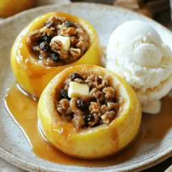 - 4 medium-sized apples (Honeycrisp or Granny Smith recommended) - 1/2 cup brown sugar - 1 teaspoon ground cinnamon - 1/4 teaspoon freshly grated nutmeg - 1/4 cup walnuts, finely chopped - 1/4 cup raisins or dried cranberries - 2 tablespoons unsalted butter, cut into small cubes - 1/2 cup apple juice or apple cider To make these simple baked apples, you need just a few ingredients. Start with four medium-sized apples. Honeycrisp or Granny Smith apples work best because they are sweet and hold their shape well. You will also need half a cup of brown sugar. This adds a rich sweetness to the dish. One teaspoon of ground cinnamon gives a warm, cozy flavor. The freshly grated nutmeg, just a quarter teaspoon, adds a nice touch of spice. Next, gather a quarter cup of finely chopped walnuts for crunch and a quarter cup of raisins or dried cranberries for extra sweetness. Both add great texture and flavor. You will also need two tablespoons of unsalted butter, cut into small cubes. This melts into the apples, creating a delicious finish. Finally, grab half a cup of apple juice or apple cider. This liquid helps steam the apples and makes them tender. By using these simple ingredients, you can create a delightful dessert. For the full recipe, check the detailed instructions above. Set your oven to 350°F (175°C). This step is crucial for even baking. Preheating helps the apples cook perfectly. Wash and core the apples, leaving the bottom intact. This keeps the filling from falling out. Use a small knife or apple corer for best results. Combine brown sugar, cinnamon, nutmeg, walnuts, and raisins in a bowl. Mix them well until you have a tasty filling. The spices add warmth and flavor. Fill each apple with the mixture and add butter on top. Pack the filling tightly but gently. The butter will melt, adding richness to the apples. Arrange the stuffed apples upright in a baking dish. Pour apple juice into the bottom of the dish. Cover with foil and bake for 25 minutes. This helps steam the apples, making them soft and sweet. Remove the foil after 25 minutes. Bake uncovered until tender, about 15-20 minutes more. Check for a lovely caramelized color. Let the apples cool slightly before serving. With these easy steps, you can enjoy delightful baked apples. For more details, check the Full Recipe. For baked apples, the best choices are Honeycrisp or Granny Smith. These apples offer a nice balance of sweetness and tartness. Honeycrisp apples stay crisp and juicy, while Granny Smith apples add a tangy flavor. Both types hold their shape well when baked. When selecting apples, look for ones that are firm and free from bruises. This ensures they will bake evenly and taste great. To make your baked apples even more delicious, consider adding extra spices or flavorings. Try including: - A pinch of ground ginger for warmth. - A splash of vanilla extract for sweetness. - A dash of allspice for a unique twist. These additions can elevate the flavors in your dish. Feel free to experiment with your favorites. Just remember to keep the balance and not overpower the apples’ natural taste. Serving your baked apples is just as important as making them. Here are some simple ideas: - Serve the warm apples on a dessert plate. - Drizzle the syrup from the baking dish over them for added flavor. - Add a scoop of creamy vanilla ice cream on the side. This creates a nice contrast to the warm spices. A sprinkle of chopped nuts or a touch of whipped cream can also enhance the look and taste. These little touches make your dessert more inviting and fun to eat. {{image_4}} If you or someone you know has a nut allergy, don’t worry! You can easily make a nut-free version of these baked apples. Simply skip the walnuts. For added texture, try using seeds instead. Sunflower seeds or pumpkin seeds work great and add a nice crunch. You can also use oats to give the filling a chewy feel. Just mix them in with the brown sugar and spices. Want to make your baked apples even more exciting? You can add other fruits to the filling. Try mixing in dried apricots, figs, or even fresh berries. These fruits will bring more flavors and colors to your dish. Chopped pears also pair well with apples. Just remember to adjust the sugar if the added fruits are very sweet. Making this dessert vegan is simple! Instead of using butter, you can swap in coconut oil or a vegan butter substitute. For the filling, just skip the butter on top. You can also ensure your brown sugar is vegan, as some brands may use bone char in processing. With these small changes, you can enjoy a delicious vegan dessert that everyone will love. Check out the Full Recipe for all the details! After enjoying your baked apples, let them cool down. Place them in a shallow container. Cover the container tightly with a lid or plastic wrap. This keeps the apples fresh and tasty. Store them in the refrigerator. They will stay good for several days. To enjoy your baked apples again, preheat your oven to 350°F (175°C). Place the apples in an oven-safe dish. Add a splash of apple juice to keep them moist. Cover the dish with foil. Bake for about 10-15 minutes. This way, the apples regain their warm, soft texture. You can store baked apples in the fridge for up to five days. If you freeze them, they can last up to three months. Just thaw them in the fridge before reheating. This helps keep their flavor and texture nice. Enjoy your tasty treats later! Yes, you can use many types of apples for baking. I recommend Honeycrisp or Granny Smith for their sweet and tart flavor. These apples hold their shape well and provide a lovely texture. Other good options include Fuji and Braeburn. Avoid apples that are too soft, like McIntosh. They may turn mushy when baked. Baking apples usually takes about 40 to 45 minutes. I recommend baking them covered for the first 25 minutes. This helps the apples cook evenly. After that, remove the foil and bake them for another 15 to 20 minutes. They are ready when they are tender and golden brown. Baked apples taste great on their own, but you can enhance the experience. I love serving them with a scoop of vanilla ice cream. The warm spices mix well with the cold ice cream. You can also drizzle some whipped cream on top or sprinkle with more cinnamon for extra flavor. Baked apples are a healthy dessert choice. Apples are rich in fiber, which is good for digestion. They also provide vitamins like Vitamin C. The nuts and dried fruits add healthy fats and more nutrients. Just watch the sugar amount if you want to keep it light. Overall, this dessert can fit well in a balanced diet. Baked apples make a tasty treat. This blog shared easy steps to create them. We covered ingredients, like apples and spices, and how to bake them. I offered tips for choosing apples and enhancing flavor too. Consider trying nut-free or vegan options if needed. Store extras safely for later enjoyment. In the end, baked apples are simple and delicious. Enjoy sharing this warm dessert with family and friends.