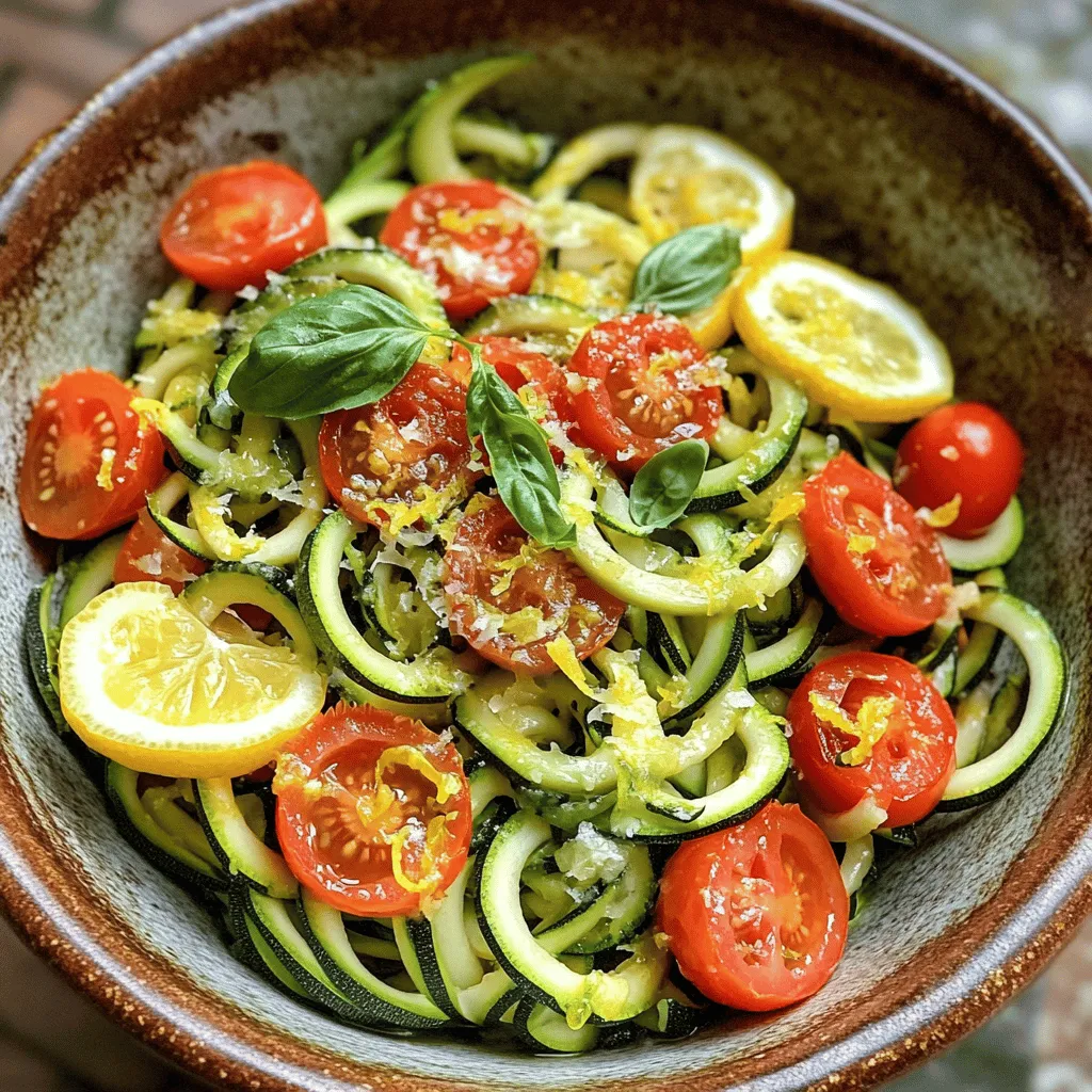 - 4 medium zucchinis - 1 cup cherry tomatoes - 1/2 cup fresh basil leaves - 3 tablespoons olive oil - 2 tablespoons fresh lemon juice - 1 teaspoon lemon zest - 2 cloves garlic - Salt and black pepper - Grated Parmesan cheese (optional) When making Lemon Basil Zucchini Noodles, fresh ingredients shine. The zucchinis serve as a great base, offering a crisp texture. I like to use medium zucchinis because they spiralize well. Cherry tomatoes add a sweet burst of flavor. Halving them lets their juices mix into the dish. Fresh basil leaves bring a fragrant note, making each bite refreshing. Olive oil is crucial. It helps sauté the garlic and zoodles to perfection. Fresh lemon juice brightens the dish, while lemon zest adds a punch of citrus. Garlic offers depth and aroma. A little salt and black pepper enhance the flavors without overpowering them. Finally, consider adding grated Parmesan cheese. It makes the dish creamy and rich, but it's optional. For the full recipe, check the details above. Enjoy this fresh and flavorful dish! To make zucchini noodles, start with fresh zucchinis. Rinse them well to remove dirt. Use a spiralizer to turn them into long noodles. If you don’t have a spiralizer, use a vegetable peeler. Slice the zucchini into thin strips. Both methods give you great zoodles. Grab a large skillet for cooking. Pour in olive oil and let it heat. You want it warm and shimmering. Add minced garlic to the pan. Stir it for about one minute. Be careful not to let it burn. Once fragrant, it’s time to add your zoodles. Toss them gently in the pan. Sauté for 2-3 minutes, so they soften a little. Now, it’s time to mix in the fun stuff. Add halved cherry tomatoes to the skillet. Squeeze fresh lemon juice over everything. Don't forget the lemon zest for extra flavor! Stir gently to mix all the ingredients. Cook for another 1-2 minutes. This helps the flavors meld together. You want everything warm and tasty. For a complete look at the recipe, check the [Full Recipe]. To cook zucchini noodles, avoid overcooking them. Keep the zoodles firm by sautéing them for just a few minutes. You want them to stay a bit crunchy. Overcooked zoodles turn mushy and lose their charm. To enhance flavor, use fresh herbs and spices. Fresh basil adds a bright taste. A pinch of salt and black pepper brings everything together. Squeeze in lemon juice for a fresh zing. These seasonings make your dish pop. For a beautiful presentation, serve the zoodles on warm plates. Garnish with whole basil leaves and a light drizzle of olive oil. This adds a touch of elegance. You can pair lemon basil zucchini noodles with grilled chicken or shrimp. They also work well with a side salad or garlic bread. This creates a full meal that your friends will love. A common mistake is using old zucchinis. Fresh, firm zucchinis make the best zoodles. Always choose high-quality ingredients to ensure great taste. If your zoodles are watery, try salting them before cooking. This removes extra moisture. You can also cook them in batches to avoid overcrowding the pan. This keeps them from steaming and helps them stay crisp. For the full recipe, check out the [Full Recipe]. {{image_4}} Zucchini noodles are naturally gluten-free. They work great for those avoiding gluten. If you want more options, try spaghetti squash or rice noodles. Both mimic the noodle texture well. You can also add protein like chicken or shrimp. These options boost the meal's nutrition and make it heartier. Herbs can change the taste of your dish easily. Instead of basil, you can use parsley or cilantro. These herbs bring a fresh twist to the recipe. You can also add more vegetables like bell peppers or spinach. Toss them in for extra color and nutrients. For a vegan meal, skip the cheese and use nutritional yeast. This gives a cheesy flavor without dairy. If you are low-carb or on a keto diet, this dish fits perfectly. Zucchini noodles are low in carbs. You can enjoy a filling meal without guilt. If you want to make it more satisfying, add nuts or seeds for crunch. For the full recipe, check out the steps and enjoy this fresh dish! To keep your Lemon Basil Zucchini Noodles fresh, store them in an airtight container. Make sure the container is clean and dry. This helps prevent moisture build-up, which can cause spoilage. You can keep the noodles in the fridge for up to three days. If you want to keep them longer, consider freezing them. When reheating, use a skillet over medium heat. Add a splash of olive oil to prevent sticking. Heat the noodles for about two minutes until warm. Avoid using high heat, as this can make them mushy. For added flavor, toss in a few fresh basil leaves while reheating. This brightens the dish and enhances the taste. Yes, you can freeze zucchini noodles! To freeze, first spiralize your zucchinis and pat them dry. Place the zoodles in a single layer on a baking sheet and freeze for a couple of hours. Once frozen, transfer them to a freezer bag. Be sure to label the bag with the date. When you're ready to use them, let them thaw in the fridge overnight before cooking. This helps maintain their texture. Zucchini noodles, also known as zoodles, are a fun and healthy pasta alternative. You make them by spiralizing fresh zucchinis into thin, noodle-like strands. They are low in carbs and calories, making them great for various diets. You can enjoy zoodles raw or cooked, and they soak up flavors well. Zoodles are perfect with sauces, veggies, or proteins. Yes, you can prep this dish in advance! Spiralize the zucchinis a few hours ahead and store them in an airtight container. Keep them in the fridge until you’re ready to cook. You can also chop the tomatoes and basil early. Cook the garlic and zoodles just before serving for the best taste. This helps keep the zucchini noodles fresh and crisp. Cooking zucchini noodles is quick! It usually takes about 5 to 7 minutes. Start by sautéing garlic for one minute, then add zoodles. Cook them for 2 to 3 minutes, stirring gently. You want them to soften but stay crunchy. After that, mix in your other ingredients and heat for another 1 to 2 minutes. This way, they stay bright and flavorful, just like in the full recipe. This blog post covered the essentials of making tasty zucchini noodles. You learned about the best ingredients and how to prepare them step by step. I also shared key tips to avoid common mistakes and ways to enhance flavors. These zoodles are fun to make and very healthy. Whether gluten-free, vegan, or keto, you can easily customize them. Enjoy trying out new variations or storing your leftovers properly. With this guide, you can create delicious dishes that will impress everyone.