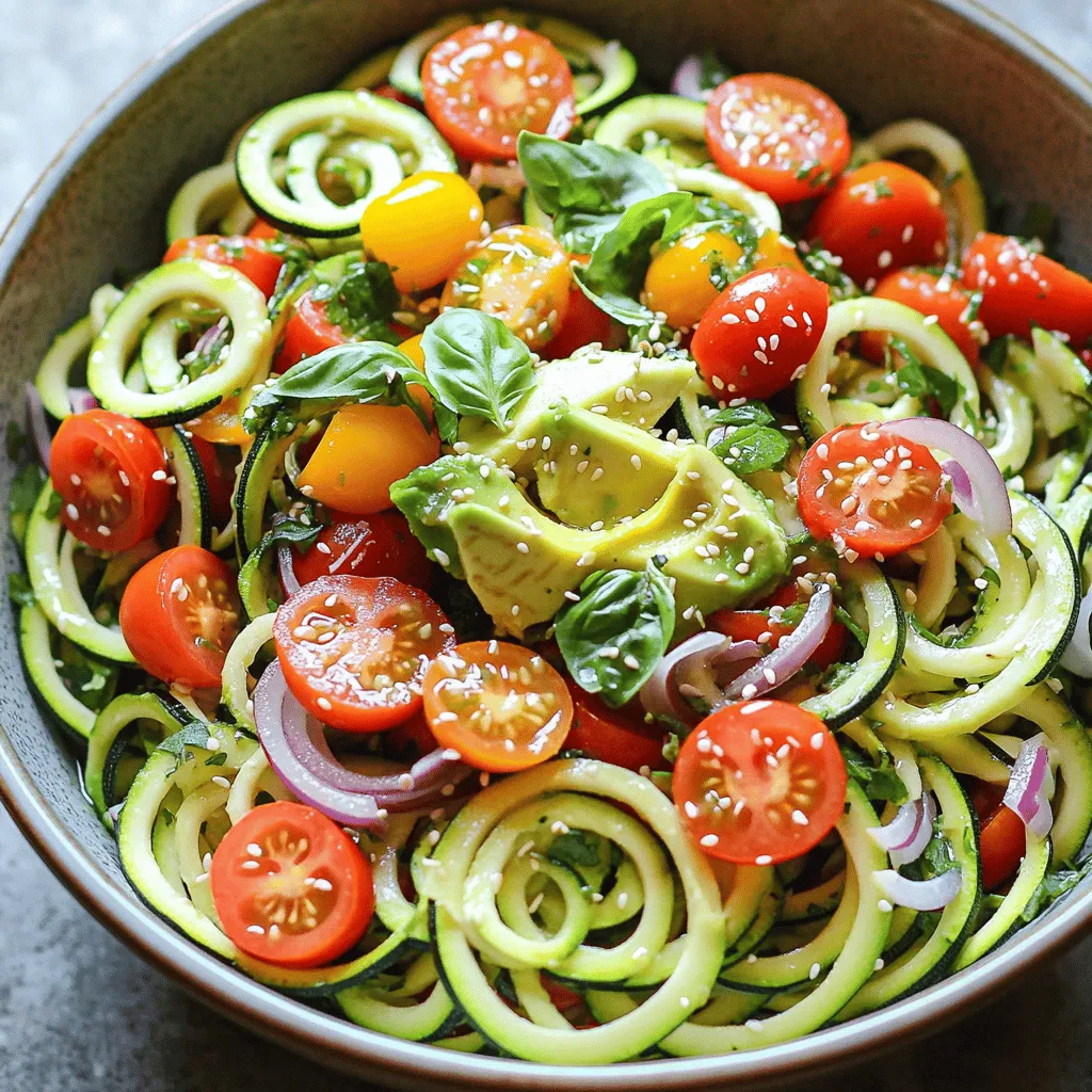 - 3 medium zucchinis, spiralized - 1 cup cherry tomatoes, halved - 1 bell pepper (your choice of color), diced - 1/2 red onion, thinly sliced - 1 ripe avocado, diced - 1/4 cup fresh basil, finely chopped - 2 tablespoons extra virgin olive oil - 1 tablespoon fresh lemon juice - 1 teaspoon honey or agave syrup - Sea salt and black pepper to taste Zucchini is low in calories. One medium zucchini has about 33 calories. It is high in water and fiber, making it great for weight loss. Zucchini also provides vitamins A and C, and potassium. A good serving size is about 2 cups of salad. This keeps portions reasonable and satisfying. You can enjoy this dish without feeling heavy or guilty. To start, I spiralize the zucchinis. I use a spiralizer, which creates long noodle-like strands. If you don’t have a spiralizer, a vegetable peeler works too. You can make thin ribbons this way. After spiralizing, I place the noodles in a large bowl. I sprinkle a pinch of salt over them. This step is key! It helps draw out excess water, making the noodles softer. I let them rest for about 10 minutes. This gives time for the salt to work its magic. While the zucchini noodles rest, I prepare the other veggies. I slice the cherry tomatoes in half and dice the bell pepper into small pieces. Next, I thinly slice the red onion. Each cut adds a nice texture to the salad. Now, I move on to the dressing. In a small bowl, I mix extra virgin olive oil, fresh lemon juice, and honey or agave syrup. I add a pinch of sea salt and black pepper for flavor. I whisk it all together until it’s smooth and well blended. After the resting time, I pat the zucchini noodles dry with a paper towel. This helps keep the salad crisp. Then, I add the halved cherry tomatoes, diced bell pepper, red onion, diced avocado, and fresh basil to the bowl. Next, I drizzle the dressing over it all. I gently toss everything together, making sure every piece is coated. I taste the salad and adjust the seasoning if needed. Lastly, I let the salad sit for about 5 minutes. This lets the flavors blend nicely. Enjoy this fresh and light dish! For the full recipe, check [Full Recipe]. To avoid soggy zucchini noodles, you must salt them. This helps draw out excess water. After spiralizing, place the noodles in a bowl and sprinkle salt over them. Let them sit for about 10 minutes. Then, pat them dry with a paper towel. This gives you a firmer texture. When selecting zucchinis, look for firm ones with smooth skin. They should feel heavy for their size. Choose zucchinis that are medium-sized, as larger ones may have more seeds. Fresh zucchinis have a bright color, which indicates good quality. A good dressing balances flavors. For your zucchini noodle salad, mix olive oil with lemon juice. This gives a fresh and zesty taste. Add a bit of honey or agave for sweetness. This balance lifts the dish. Fresh herbs add great flavor. I love using basil in this salad. You can also use mint or parsley for a different twist. Chop the herbs finely to release their oils and flavor. For serving, use a large, colorful salad bowl. This makes the dish pop and look inviting. Consider garnishing with extra basil leaves. A sprinkle of sesame seeds adds a nice crunch and visual appeal. When plating, arrange the salad in layers. This makes it look more appealing. You can also use small plates for individual servings. This adds a touch of elegance to your meal. {{image_4}} You can add protein to your zucchini noodle salad for a complete meal. Grilled chicken, shrimp, or chickpeas work well. Each option boosts the salad's flavor and makes it more filling. Adding grilled chicken gives you lean protein and a smoky taste. Shrimp adds a delicate sweetness, while chickpeas offer a nutty flavor and extra fiber. Protein also helps keep you full longer and adds important nutrients. While the original dressing is tasty, you can switch it up. Try a creamy avocado dressing for a rich flavor. A tangy balsamic vinaigrette works great too. If you're short on time, look for store-bought dressings. A light Italian dressing or a lemon herb dressing can add a zesty kick. Just make sure to choose one with natural ingredients for the best taste and health. Feel free to get creative with your salad. You can add extra vegetables like carrots, cucumbers, or radishes for more crunch. Toppings like feta cheese or olives can enhance the flavor. Nuts or seeds, such as sunflower seeds or walnuts, add a nice crunch too. These additions not only make the salad more interesting but also increase its nutritional value. To keep your zucchini noodle salad fresh, store it in an airtight container. This helps to prevent the salad from wilting. Place the container in the fridge. The salad can last up to three days in the fridge. However, watch for signs of spoilage. If the noodles become slimy or the veggies look dull, it’s time to toss it. You can prep components ahead of time. Spiralize the zucchinis and store them in a container. Keep them dry to avoid sogginess. Dice the bell pepper and slice the onion, then store them separately. Cherry tomatoes and avocado can be kept in the fridge too. This way, you can mix everything right before serving. If you have leftovers, eat them cold for the best taste. If you prefer warm, heat gently. Use a pan on low heat for a few minutes. Avoid the microwave, as it can make the noodles mushy. Enjoy your salad with a fresh squeeze of lemon for extra flavor! Yes, you can make this salad ahead of time. To prep, spiralize your zucchinis and store them separately. Keep the other salad ingredients in their own containers. This way, everything stays fresh. Just mix them together before serving. If you like, drizzle the dressing on right before you eat. This keeps the salad crisp. To keep your zucchini noodles firm, salt them lightly. After spiralizing, let them rest for about 10 minutes. This helps pull out excess water. After resting, pat the noodles dry with a paper towel. This step is key to avoiding a soggy salad. Yes, zucchini noodles are very healthy. They are low in calories and high in fiber. This makes them a great option for weight loss. They also provide vitamins A and C, which support your immune system. Using zucchini noodles can be a smart swap for traditional pasta. Zucchini noodles are often called "zoodles." This fun term has become popular in many healthy cooking circles. You may also hear them referred to as "zucchini pasta." Both names reflect the light, noodle-like shape of this tasty vegetable. This zucchini noodle salad offers a fresh, healthy, and fun meal. We explored the main ingredients, from spiralized zucchinis to vibrant cherry tomatoes. You learned how to prepare, mix, and present the salad beautifully. We also discussed variations, storage tips, and answered common FAQs. Incorporating this salad into your meals brings flavor and nutrition. Enjoy experimenting with new ingredients and dressings to find your favorite mix!