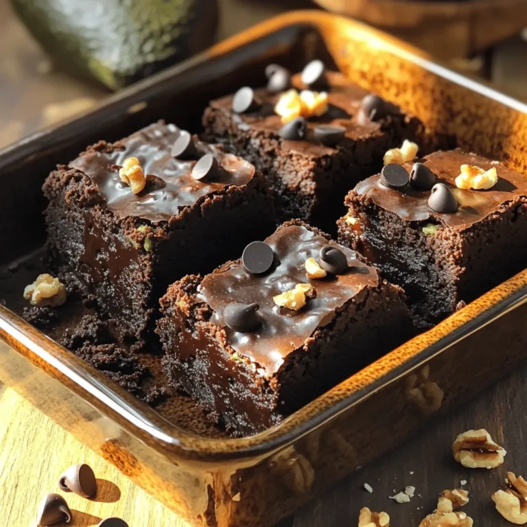 To make fudgy avocado brownies, you need just a few key ingredients. Each item plays an important role in achieving that rich taste and texture. Here’s what you’ll need: - 1 ripe avocado, thoroughly mashed - 1 cup unsweetened cocoa powder - 1 cup pure maple syrup - 1/2 cup creamy almond butter (or any preferred nut butter) - 1 teaspoon natural vanilla extract - 1/2 teaspoon baking soda - 1/4 teaspoon fine sea salt - 1/2 cup dark chocolate chips (dairy-free, if desired) The ripe avocado is the star here. It adds creaminess and moisture, while also sneaking in healthy fats. Cocoa powder gives the brownies their rich chocolate flavor. Maple syrup acts as a natural sweetener, and almond butter adds richness. Baking soda helps the brownies rise and creates a nice texture. You can customize your brownies with a few optional ingredients. These can add a fun twist to your treat: - 1/4 cup chopped walnuts (optional for added crunch) Adding walnuts gives a nice texture and nutty flavor. If you want more fun, try adding spices like cinnamon or a splash of espresso powder to enhance the chocolate taste. These brownies are not just delicious; they are also a healthier treat. Each serving is packed with nutrients from the avocado and nut butter. Here’s a brief look at their benefits: - Healthy fats from avocado and nut butter - Antioxidants from cocoa powder - Natural sweetness from maple syrup By using wholesome ingredients, these fudgy avocado brownies fit well into a balanced diet. You can enjoy dessert without feeling guilty. For the full recipe, you can refer back to the beginning of this section. Start by preheating your oven to 350°F (175°C). This step warms your oven for even baking. Next, grab an 8x8-inch baking dish. Lightly grease it with oil or line it with parchment paper. This helps the brownies come out easily after baking. In a large bowl, combine the mashed avocado, cocoa powder, maple syrup, almond butter, and vanilla extract. Use a whisk or fork to mix these ingredients. Blend them until you have a smooth and creamy texture. Make sure there are no lumps. This mixture is the base of your brownies. Now, sprinkle in the baking soda and fine sea salt. Stir the mixture well to blend everything together. The cocoa powder should mix in without any clumps. Next, fold in the dark chocolate chips and chopped walnuts, if you want extra crunch. Pour the brownie batter into your prepared baking dish. Use a spatula to spread it evenly across the dish. This helps your brownies bake evenly. Place the dish in the preheated oven and bake for 20-25 minutes. To check if they are done, insert a toothpick into the center. It should come out clean or with a few crumbs, but not wet batter. After baking, let the brownies cool in the pan for 10 minutes. Then, transfer them to a wire rack to cool completely. Once cool, cut them into squares and enjoy the rich, fudgy taste of your healthy treat! For the full recipe, check out the earlier section. To make your brownies super fudgy, use a ripe avocado. The riper it is, the smoother your batter becomes. Make sure to mash it well. Next, do not overmix your batter. Just mix until everything blends together. Overmixing adds air and can make brownies cake-like instead of fudgy. Bake them until a toothpick comes out with a few moist crumbs. This keeps them soft and chewy. One common mistake is using unripe avocados. They won’t blend well and can ruin the texture. Another mistake is not measuring your ingredients correctly. Use measuring cups for accuracy. Also, avoid overbaking. Check your brownies a few minutes before the time is up. If you bake them too long, they will dry out. For a beautiful presentation, cut the brownies into neat squares. Serve them on a fun plate. You can dust them with cocoa powder for a fancy touch. Want to elevate your treat? Top each brownie with a scoop of dairy-free ice cream. A drizzle of melted dark chocolate adds a nice finish. You can also sprinkle chopped walnuts on top for extra crunch. For the full recipe, check out the recipe section above. {{image_4}} You can easily make these fudgy avocado brownies gluten-free. Just swap out regular flour for a gluten-free blend. Many brands offer great options that work well in baking. You can also use almond flour or coconut flour for a different texture. Both give a nutty flavor that pairs nicely with the chocolate. Want to add a twist? Consider adding spices like cinnamon or nutmeg. Just a pinch can enhance the chocolate taste. You might also try adding espresso powder for a richer flavor. Vanilla extract is classic, but almond extract can add a nice touch too. Just remember to keep the amounts small so they don’t overpower the brownies. You can switch out almond butter for other nut butters. Peanut butter gives a strong flavor and works well. Cashew butter is milder and creamier, which can add a nice texture. Sunflower seed butter is a great option for nut-free diets. Each nut butter will change the taste and texture slightly, so feel free to experiment! For the full recipe, check out the details above. To keep your fudgy avocado brownies fresh, store them in an airtight container. Place parchment paper between layers to prevent sticking. They will stay good for about five days at room temperature. If you want them to last longer, refrigerate them. This helps maintain their rich flavor and fudgy texture. You can freeze these brownies for up to three months. First, let them cool completely. Then, cut them into squares. Wrap each piece tightly in plastic wrap. Place the wrapped brownies in a freezer-safe bag. Don’t forget to label the bag with the date. When you’re ready to enjoy them, just thaw at room temperature or in the fridge overnight. To revive the fudgy goodness, reheat brownies in the oven. Preheat your oven to 350°F (175°C). Place the brownies on a baking sheet and cover them with foil. Heat for about 10-15 minutes. This will keep them moist and restore their delicious texture. You can also warm them in the microwave for about 15-20 seconds. Enjoy your brownies warm for the best taste! Yes, you can use other sweeteners. Honey or agave syrup works well. You can also try coconut sugar. If you want a low-calorie option, consider stevia. Just remember, each sweetener has a different taste. Adjust the amount based on your preference. Keep in mind that some will alter the brownie’s texture. To check if your brownies are ready, use a toothpick. Insert it into the center of the brownies. If it comes out clean or with a few moist crumbs, they are done. If you see wet batter on the toothpick, bake them a bit longer. Remember, the brownies will firm up as they cool. You can make these brownies healthier by reducing the sugar. You can also use less nut butter. Adding in whole grains, like oat flour, can boost nutrition. Try adding more nuts for healthy fats and protein. You can also swap dark chocolate chips for cacao nibs for less sugar. Each small change can create a healthier treat while keeping the flavor. For the full recipe, check the complete instructions provided earlier. These fudgy avocado brownies are easy and tasty. We covered key ingredients for rich flavor. You learned how to mix, bake, and store them. I shared tips to prevent mistakes and enhance flavor. Don’t forget to try the variations and ask any questions you have. These brownies are a fun treat for everyone. Enjoy making and sharing them with friends!