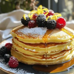 To make delightful lemon ricotta pancakes, gather these ingredients: - 1 cup ricotta cheese - 1 cup all-purpose flour - 2 large eggs - 1 tablespoon baking powder - 1/4 teaspoon salt - 2 tablespoons sugar - Zest of 1 lemon (about 1 tablespoon) - 1 tablespoon fresh lemon juice - 1/2 cup milk - Butter or oil for cooking - Maple syrup and fresh berries (like strawberries, blueberries, and raspberries) for serving When measuring, use dry and wet measuring cups. For dry ingredients, scoop and level off. For liquids, pour until it hits the right line. This ensures accuracy. Use a kitchen scale for precise measurements, especially for flour. Fresh ingredients make a big difference in flavor. Use fresh ricotta for creaminess and taste. Fresh lemons give a bright zest and juice. Frozen berries can work too, but they may be softer. If using frozen berries, add them gently to keep the pancakes fluffy. Always thaw and drain excess water before using them. To make the batter for lemon ricotta pancakes, start with a large bowl. Add 1 cup of ricotta cheese. Crack in 2 large eggs, then add 1 tablespoon of fresh lemon juice and the zest of 1 lemon. Use a whisk to mix until it's smooth. In a separate bowl, sift together 1 cup of all-purpose flour, 1 tablespoon of baking powder, 1/4 teaspoon of salt, and 2 tablespoons of sugar. This helps the pancakes rise and stay light. Gradually mix the dry ingredients into the ricotta mixture, adding 1/2 cup of milk. Stir gently until combined. Don’t overmix; keep it light and fluffy. Heat a non-stick skillet or griddle over medium heat. Add a small pat of butter or a splash of oil to the pan. For each pancake, pour about 1/4 cup of batter onto the skillet. Cook until small bubbles form on top and the edges look set, which takes about 2-3 minutes. Flip the pancake carefully and cook for another 2-3 minutes until golden brown. Repeat this with the remaining batter, adding more butter or oil as needed. Serve your pancakes warm. Drizzle with rich maple syrup for sweetness. Add a mix of fresh berries like strawberries, blueberries, and raspberries for color and taste. For a fun touch, stack the pancakes high on a plate. Dust them lightly with powdered sugar for a sweet finish. Enjoy this delightful treat any time of day. If you want the full recipe, check out the earlier section. To make your pancakes fluffy, start with fresh ingredients. Use room-temperature eggs and ricotta. This helps the batter blend better. Mix the wet ingredients until smooth. Then, gently fold in the dry mix. Overmixing can lead to dense pancakes. You want a few lumps; that’s okay! Letting the batter sit for a few minutes also helps. This gives the baking powder time to activate. One common mistake is using cold ingredients. Cold ricotta and eggs can slow down the mixing process. Another error is cooking at too high a heat. This can burn the pancakes before they cook through. Make sure to flip them only when bubbles form on top. If you flip too soon, they may fall apart. Don't forget to grease the pan well. This prevents sticking and helps with browning. You can change the flavor with ease. For a twist, add vanilla extract to the batter. A pinch of cinnamon also works well. If you like a bit of zest, add more lemon juice or zest. You can even mix in some blueberries or chocolate chips for fun. Each of these small changes can create a whole new pancake experience. Experiment to find your favorite combo! {{image_4}} You can make these pancakes gluten-free easily. Substitute the all-purpose flour with a gluten-free flour blend. Look for blends that include xanthan gum. This will help the pancakes hold together. You can also use almond flour or coconut flour, but reduce the amount. Start with half the amount and adjust as needed. Want to mix things up? Add some fun flavors! Chopped nuts like walnuts or pecans add crunch. You can also try adding chocolate chips for a sweet twist. Fresh herbs like mint or basil can add a unique flair. Just fold in your chosen add-ins gently to keep the pancakes fluffy. These pancakes are great on their own, but you can elevate them with toppings. Serve them with maple syrup for sweetness. A dollop of whipped cream adds richness. Fresh berries like strawberries, blueberries, and raspberries bring brightness. You can also sprinkle some lemon zest on top for extra zing. For a savory twist, try serving them with a side of crispy bacon or sausage. For the full recipe, check the details above. After enjoying your lemon ricotta pancakes, store any leftovers in an airtight container. They will keep in the fridge for about three days. Make sure they cool first. This helps retain their fluffiness and taste. If you stack them, place parchment paper between layers to avoid sticking. To reheat your pancakes, the best method is using a skillet. Heat it over medium-low heat. Place the pancakes in the skillet for about one minute on each side. This warms them up without drying them out. You can also use a microwave. Heat them for 20-30 seconds, but they may become soggy. If you want to save pancakes for later, freezing is a great option. First, let them cool completely. Then, place wax paper between each pancake. Wrap them in foil or plastic wrap and put them in a freezer-safe bag. They can last up to two months in the freezer. When ready to eat, simply reheat them as mentioned above. Enjoy your lemon ricotta pancakes anytime! To make Lemon Ricotta Pancakes from scratch, follow these steps: 1. Mix 1 cup of ricotta cheese, 2 large eggs, 1 tablespoon of fresh lemon juice, and lemon zest in a bowl. 2. In another bowl, combine 1 cup of all-purpose flour, 1 tablespoon of baking powder, 1/4 teaspoon of salt, and 2 tablespoons of sugar. 3. Slowly add the dry mix to the wet ingredients, alternating with 1/2 cup of milk. Stir gently until just mixed. 4. Heat a skillet and add some butter or oil. Pour 1/4 cup of batter for each pancake. Cook until bubbles form. 5. Flip and cook until golden brown. Serve warm with syrup and berries. For the full recipe, check the recipe section. Yes, you can use low-fat ricotta cheese. It will still give you a nice texture. However, the flavor might be less rich. If you want a lighter pancake, low-fat works well. Just keep an eye on the moisture level in your batter. Lemon Ricotta Pancakes pair well with many toppings. Here are some favorites: - Maple syrup - Fresh berries like strawberries, blueberries, and raspberries - Whipped cream - A dusting of powdered sugar - Lemon curd for a zesty kick Yes, you can make a vegan version! Replace ricotta with tofu blended with lemon juice. Use flax eggs in place of regular eggs. Mix 1 tablespoon of flaxseed meal with 2.5 tablespoons of water for each egg. Use plant-based milk instead of regular milk to keep it vegan. To check if your pancakes are done, look for these signs: - Small bubbles form on the surface. - The edges look set and slightly dry. - When you flip, they should be golden brown. - They feel firm to the touch. If they are still soft, cook them a bit longer. You learned about making Lemon Ricotta Pancakes. We covered ingredients, tips for fluffy texture, and tasty variations. You can now enjoy leftovers or freeze extras. Remember to try different toppings. Pancakes can be fun and easy to make! Keep experimenting and enjoy your breakfast masterpiece. Happy cooking!