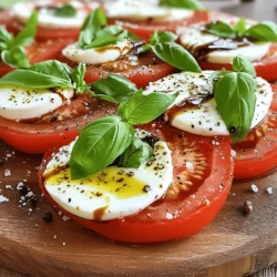 - Fresh ripe tomatoes - Mozzarella cheese - Fresh basil leaves The main ingredients make this salad bright and tasty. The fresh ripe tomatoes give a juicy bite. I love using tomatoes that are in season. They taste better and really shine in the salad. Mozzarella cheese adds a creamy texture. Look for fresh mozzarella that is soft and slightly springy. Fresh basil leaves bring a lovely aroma and flavor. They add a pop of green and a hint of sweetness. - Extra virgin olive oil - Balsamic glaze - Seasoning: sea salt, black pepper, red pepper flakes Extra virgin olive oil is key for the dressing. It has a rich, fruity flavor that enhances the salad. Balsamic glaze adds a sweet and tangy touch. This glaze drizzles beautifully over the salad. Seasoning is essential. Sea salt brings out the flavors, while black pepper gives a little spice. If you like heat, add red pepper flakes for a kick. These additional ingredients round out the dish and make it even more delightful. For the full recipe, check out the steps to create this fresh and flavorful mix! - Arranging Tomatoes and Mozzarella Start by slicing four large ripe tomatoes into 1/4-inch thick rounds. Next, slice 8 oz of fresh mozzarella cheese into rounds as well. On a large serving platter, alternate the tomato and mozzarella slices. Overlap them slightly. This creates a beautiful pattern that is pleasing to the eye. - Tucking in Fresh Basil Leaves Now, take 1 cup of fresh basil leaves and wash them. Pat them dry with a towel. Carefully tuck the basil leaves between the tomato and mozzarella slices. This adds vibrant color and a lovely aroma to your salad. - Mixing Olive Oil and Balsamic Glaze In a small mixing bowl, combine 3 tablespoons of high-quality extra virgin olive oil with 1 tablespoon of balsamic glaze. This mix gives your salad a rich flavor. - Seasoning the Dressing Add a pinch of sea salt and some freshly cracked black pepper to the bowl. If you enjoy a bit of heat, include 1/4 teaspoon of red pepper flakes. Whisk everything together until well combined. - Drizzling Dressing Over Salad Take the olive oil and balsamic dressing and drizzle it over your neatly arranged salad. Make sure every bite gets a touch of this tasty mix. - Allowing Salad to Rest Sprinkle a little more sea salt and black pepper over the top. Let the salad rest at room temperature for 5-10 minutes. This helps the flavors blend well, making each bite even more delicious. Get the full recipe for a delightful experience! When choosing tomatoes, look for ones that are firm and smooth. Ripe tomatoes should feel heavy for their size. The color should be bright and even. A slight give when you press them means they are ripe. I prefer using vine-ripened tomatoes for their sweet taste. Heirloom tomatoes also add unique flavors and colors. Fresh mozzarella cheese should have a creamy texture. It should feel soft but not mushy. Choose mozzarella packed in water for the best flavor. Look for a brand that uses simple, high-quality ingredients. The fresher the cheese, the better the salad will taste. Serve your salad on a large, flat platter. Layer the tomato and mozzarella slices in a circular pattern. This creates a beautiful visual effect. Tuck fresh basil leaves in between for color. A drizzle of balsamic glaze adds shine and depth. For a final touch, sprinkle some sea salt on top. Tomato basil mozzarella salad pairs well with grilled meats or fish. You can also serve it with crusty bread. It makes a great starter for a summer meal. Consider serving it alongside pasta dishes. This salad is an excellent complement to any light fare. For the full recipe, check out the [Full Recipe]. {{image_4}} Using heirloom tomatoes can add a fun twist. Their colors and flavors vary widely. They taste sweeter and add a vibrant look to your salad. Try mixing different heirloom types for a unique feel. If you want an alternative to balsamic glaze, use a simple lemon vinaigrette. Just mix lemon juice, olive oil, and salt. This gives a fresh taste that brightens the salad. You can also try honey or maple syrup for sweetness. Adding avocado brings creaminess to the dish. Slice it and layer it between the tomatoes and mozzarella. It adds a rich texture that pairs nicely with the salad. Arugula is another great addition. It offers a peppery taste that contrasts with the sweetness of tomatoes. Just toss a handful in for added flavor and nutrients. You may want to try other cheeses too. Burrata has a soft, creamy center that makes the salad even richer. Feta adds a salty punch, while goat cheese gives a tangy twist. Mix and match to find your favorite! For the full recipe, check out the original preparation steps. To keep your Tomato Basil Mozzarella Salad fresh, store it properly. - Best Practices for Refrigeration: Place leftover salad in an airtight container. This helps to lock in moisture and flavor. If possible, store the dressing separately. This way, the salad won't get soggy. - Duration of Freshness: This salad stays fresh for up to two days in the fridge. After that, the tomatoes may lose their texture. The mozzarella can also become rubbery. Don't let extra ingredients go to waste. You can easily use them in other dishes. - Creative Ways to Use Remaining Ingredients: Chop leftover tomatoes and mozzarella. Mix them into a pasta salad for a quick lunch. You can also toss them into an omelet for breakfast. - Incorporating into Other Dishes: Use leftover basil in pesto or as a garnish for soups. If you have extra olive oil, drizzle it on roasted vegetables for added flavor. For the full recipe, check out the [Full Recipe]. Tomato Basil Mozzarella Salad, also known as Caprese salad, hails from Italy. It gained fame on the island of Capri. The salad highlights fresh and simple ingredients. It symbolizes the colors of the Italian flag: red, white, and green. This salad is a staple in Italian cuisine and reflects the country's love for fresh produce. Yes, you can meal prep this salad. To do this, slice the tomatoes and mozzarella ahead of time. Store them in airtight containers to keep them fresh. Keep the basil leaves separate to avoid wilting. Prepare the dressing in advance and store it in a jar. When you are ready to eat, simply assemble the salad. This method saves time and keeps the salad fresh. No, this salad is not vegan-friendly. The mozzarella cheese is made from milk, which is an animal product. However, you can use vegan cheese as a substitute. There are many plant-based options available. This way, you can enjoy a similar taste while keeping it vegan. This salad pairs well with many dishes. You can serve it with grilled chicken or fish for protein. It also goes great with crusty bread or pasta. For a light meal, enjoy it with a bowl of soup. This salad adds freshness to any meal. This salad is best eaten fresh. If stored in the fridge, it lasts about one day. After that, the tomatoes may become mushy, and the basil may wilt. To keep it fresh, store the dressing separately. Combine it just before serving for the best taste. For the full recipe, check out the [Full Recipe]. In this blog post, we explored how to make a tasty Tomato Basil Mozzarella Salad. I shared the main and additional ingredients, plus step-by-step instructions for preparation and dressing. We discussed tips for using fresh ingredients and suggested variations to enhance flavors. Storing leftovers and addressing common FAQs rounded out the guide. This salad is fresh, simple, and versatile for any meal. Enjoy creating your own version and savor each bite!