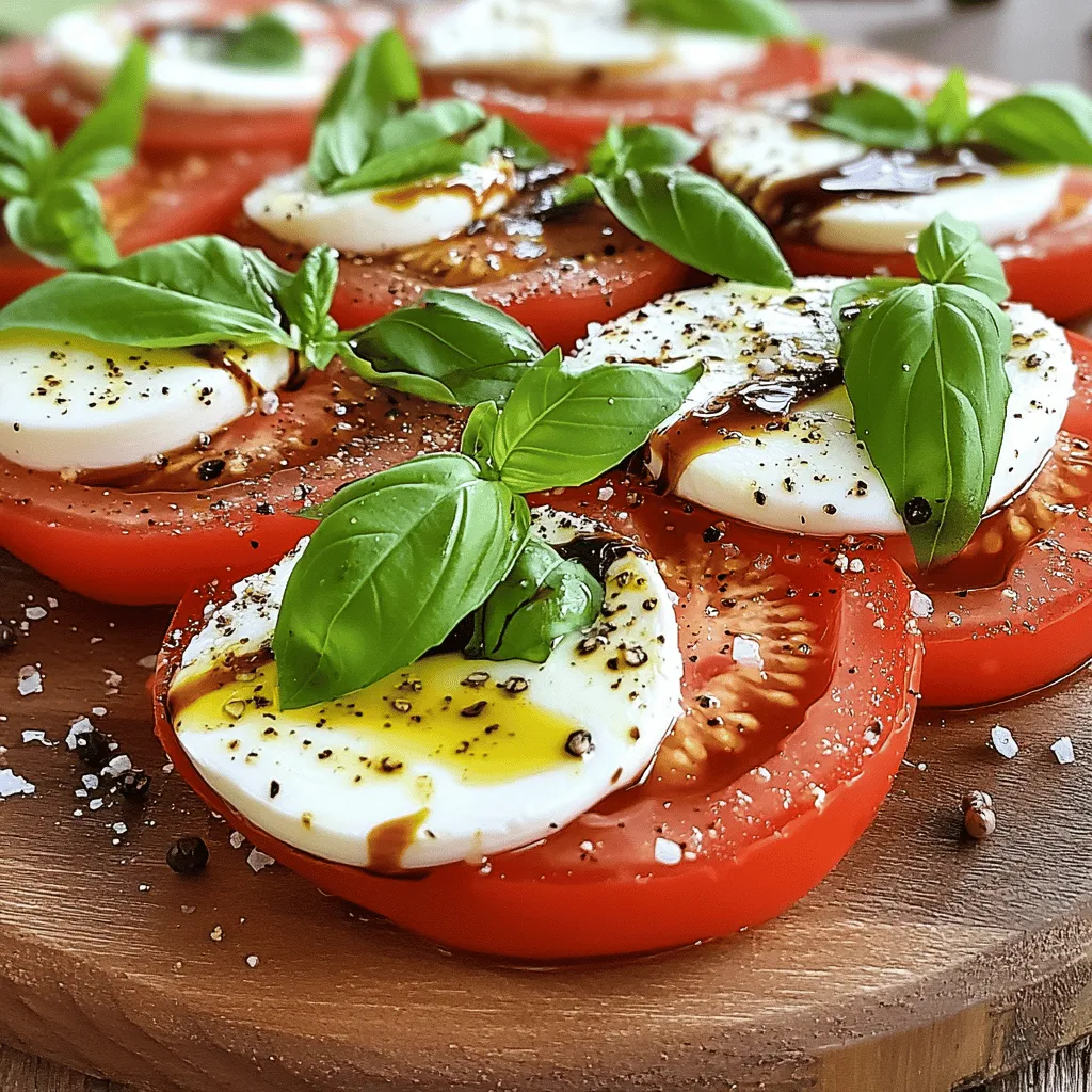 - Fresh ripe tomatoes - Mozzarella cheese - Fresh basil leaves The main ingredients make this salad bright and tasty. The fresh ripe tomatoes give a juicy bite. I love using tomatoes that are in season. They taste better and really shine in the salad. Mozzarella cheese adds a creamy texture. Look for fresh mozzarella that is soft and slightly springy. Fresh basil leaves bring a lovely aroma and flavor. They add a pop of green and a hint of sweetness. - Extra virgin olive oil - Balsamic glaze - Seasoning: sea salt, black pepper, red pepper flakes Extra virgin olive oil is key for the dressing. It has a rich, fruity flavor that enhances the salad. Balsamic glaze adds a sweet and tangy touch. This glaze drizzles beautifully over the salad. Seasoning is essential. Sea salt brings out the flavors, while black pepper gives a little spice. If you like heat, add red pepper flakes for a kick. These additional ingredients round out the dish and make it even more delightful. For the full recipe, check out the steps to create this fresh and flavorful mix! - Arranging Tomatoes and Mozzarella Start by slicing four large ripe tomatoes into 1/4-inch thick rounds. Next, slice 8 oz of fresh mozzarella cheese into rounds as well. On a large serving platter, alternate the tomato and mozzarella slices. Overlap them slightly. This creates a beautiful pattern that is pleasing to the eye. - Tucking in Fresh Basil Leaves Now, take 1 cup of fresh basil leaves and wash them. Pat them dry with a towel. Carefully tuck the basil leaves between the tomato and mozzarella slices. This adds vibrant color and a lovely aroma to your salad. - Mixing Olive Oil and Balsamic Glaze In a small mixing bowl, combine 3 tablespoons of high-quality extra virgin olive oil with 1 tablespoon of balsamic glaze. This mix gives your salad a rich flavor. - Seasoning the Dressing Add a pinch of sea salt and some freshly cracked black pepper to the bowl. If you enjoy a bit of heat, include 1/4 teaspoon of red pepper flakes. Whisk everything together until well combined. - Drizzling Dressing Over Salad Take the olive oil and balsamic dressing and drizzle it over your neatly arranged salad. Make sure every bite gets a touch of this tasty mix. - Allowing Salad to Rest Sprinkle a little more sea salt and black pepper over the top. Let the salad rest at room temperature for 5-10 minutes. This helps the flavors blend well, making each bite even more delicious. Get the full recipe for a delightful experience! When choosing tomatoes, look for ones that are firm and smooth. Ripe tomatoes should feel heavy for their size. The color should be bright and even. A slight give when you press them means they are ripe. I prefer using vine-ripened tomatoes for their sweet taste. Heirloom tomatoes also add unique flavors and colors. Fresh mozzarella cheese should have a creamy texture. It should feel soft but not mushy. Choose mozzarella packed in water for the best flavor. Look for a brand that uses simple, high-quality ingredients. The fresher the cheese, the better the salad will taste. Serve your salad on a large, flat platter. Layer the tomato and mozzarella slices in a circular pattern. This creates a beautiful visual effect. Tuck fresh basil leaves in between for color. A drizzle of balsamic glaze adds shine and depth. For a final touch, sprinkle some sea salt on top. Tomato basil mozzarella salad pairs well with grilled meats or fish. You can also serve it with crusty bread. It makes a great starter for a summer meal. Consider serving it alongside pasta dishes. This salad is an excellent complement to any light fare. For the full recipe, check out the [Full Recipe]. {{image_4}} Using heirloom tomatoes can add a fun twist. Their colors and flavors vary widely. They taste sweeter and add a vibrant look to your salad. Try mixing different heirloom types for a unique feel. If you want an alternative to balsamic glaze, use a simple lemon vinaigrette. Just mix lemon juice, olive oil, and salt. This gives a fresh taste that brightens the salad. You can also try honey or maple syrup for sweetness. Adding avocado brings creaminess to the dish. Slice it and layer it between the tomatoes and mozzarella. It adds a rich texture that pairs nicely with the salad. Arugula is another great addition. It offers a peppery taste that contrasts with the sweetness of tomatoes. Just toss a handful in for added flavor and nutrients. You may want to try other cheeses too. Burrata has a soft, creamy center that makes the salad even richer. Feta adds a salty punch, while goat cheese gives a tangy twist. Mix and match to find your favorite! For the full recipe, check out the original preparation steps. To keep your Tomato Basil Mozzarella Salad fresh, store it properly. - Best Practices for Refrigeration: Place leftover salad in an airtight container. This helps to lock in moisture and flavor. If possible, store the dressing separately. This way, the salad won't get soggy. - Duration of Freshness: This salad stays fresh for up to two days in the fridge. After that, the tomatoes may lose their texture. The mozzarella can also become rubbery. Don't let extra ingredients go to waste. You can easily use them in other dishes. - Creative Ways to Use Remaining Ingredients: Chop leftover tomatoes and mozzarella. Mix them into a pasta salad for a quick lunch. You can also toss them into an omelet for breakfast. - Incorporating into Other Dishes: Use leftover basil in pesto or as a garnish for soups. If you have extra olive oil, drizzle it on roasted vegetables for added flavor. For the full recipe, check out the [Full Recipe]. Tomato Basil Mozzarella Salad, also known as Caprese salad, hails from Italy. It gained fame on the island of Capri. The salad highlights fresh and simple ingredients. It symbolizes the colors of the Italian flag: red, white, and green. This salad is a staple in Italian cuisine and reflects the country's love for fresh produce. Yes, you can meal prep this salad. To do this, slice the tomatoes and mozzarella ahead of time. Store them in airtight containers to keep them fresh. Keep the basil leaves separate to avoid wilting. Prepare the dressing in advance and store it in a jar. When you are ready to eat, simply assemble the salad. This method saves time and keeps the salad fresh. No, this salad is not vegan-friendly. The mozzarella cheese is made from milk, which is an animal product. However, you can use vegan cheese as a substitute. There are many plant-based options available. This way, you can enjoy a similar taste while keeping it vegan. This salad pairs well with many dishes. You can serve it with grilled chicken or fish for protein. It also goes great with crusty bread or pasta. For a light meal, enjoy it with a bowl of soup. This salad adds freshness to any meal. This salad is best eaten fresh. If stored in the fridge, it lasts about one day. After that, the tomatoes may become mushy, and the basil may wilt. To keep it fresh, store the dressing separately. Combine it just before serving for the best taste. For the full recipe, check out the [Full Recipe]. In this blog post, we explored how to make a tasty Tomato Basil Mozzarella Salad. I shared the main and additional ingredients, plus step-by-step instructions for preparation and dressing. We discussed tips for using fresh ingredients and suggested variations to enhance flavors. Storing leftovers and addressing common FAQs rounded out the guide. This salad is fresh, simple, and versatile for any meal. Enjoy creating your own version and savor each bite!