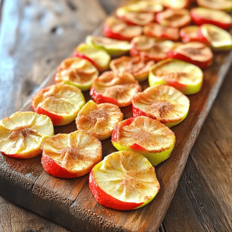 To make baked cinnamon apple chips, you need just a few simple items. Here’s the list: - 2 large apples (Fuji or Honeycrisp work best) - 1 tablespoon ground cinnamon - 1 tablespoon sugar (or any sweetener you like) - 1 teaspoon freshly squeezed lemon juice - A pinch of salt These ingredients come together to create a tasty snack. The apples give a nice crunch, while the cinnamon adds warmth and flavor. You can use different sweeteners if you want. Here are some options: - Honey: This adds a nice floral note. - Maple syrup: A great choice for a unique flavor. - Stevia: A low-calorie option for health-conscious eaters. - Coconut sugar: This gives a subtle caramel taste. Feel free to experiment with these sweeteners. They can change the taste and fit your diet needs. You’ll need a few tools to make these chips. Here’s what you should have: - Oven: To bake the chips. - Baking sheets: Use two for even cooking. - Parchment paper: This helps prevent sticking. - Mandoline slicer or sharp knife: For slicing the apples thinly. - Mixing bowl: To mix the coating. - Small knife or apple corer: To remove seeds from the apple slices. Having the right tools makes the process easier and more fun. Enjoy making your tasty apple chips! Start by rinsing your apples under cold water. It’s key to wash off any dirt. After rinsing, dry them with a clean towel. Use a mandoline slicer or a sharp knife to cut the apples into thin circles. Aim for slices that are about 1/8 inch thick. This helps them bake evenly. Next, use a small knife or apple corer to remove the seeds from each slice. Make sure to keep the circular shape intact. In a large mixing bowl, mix the freshly squeezed lemon juice, sugar, ground cinnamon, and a pinch of salt. This mixture adds a sweet touch and a nice bite. Once mixed, add the apple slices to the bowl. Gently toss the slices until they are fully coated in the cinnamon sugar mixture. Every slice should get some of that delicious flavor. Preheat your oven to 210°F (100°C) and line two baking sheets with parchment paper. This prevents any sticking. Spread the coated apple slices in a single layer on the sheets. Make sure they are spaced apart, which allows for even baking. Bake them for 1.5 to 2 hours. Halfway through, flip the slices to ensure they crisp up nicely. Keep an eye on them, especially towards the end, to avoid burning. When they finish baking, let them cool on the sheets for at least 10 minutes. This step helps them get even crispier. Enjoy your crispy apple chips right away or store them for later snacking. For the full recipe, check the recipe section above. To get even cooking, slice your apples thinly. Aim for about 1/8 inch thick. A mandoline slicer does this best. Make sure the apple slices are not overlapping on the baking sheet. This helps hot air circulate around each slice. Flip the slices halfway through baking for uniform crispness. Keep an eye on them, especially at the end. They can burn quickly if left unattended. After making your apple chips, let them cool fully. Once cooled, transfer them to an airtight container. This keeps them fresh and crunchy. Store the container in a cool, dry place. Avoid leaving them out in the open. They can get soft from humidity. If you have a lot left, consider vacuum sealing them for extra freshness. You can boost flavor with other spices! Try adding a pinch of nutmeg or ginger for warmth. A dash of cayenne can add a fun kick if you like heat. You can also experiment with vanilla extract for a sweet twist. Mix these spices into your cinnamon-sugar blend for more taste. Feel free to get creative and make these chips your own. {{image_4}} You can choose many apple types for your chips. I love using Fuji and Honeycrisp. They offer a great mix of sweetness and crunch. Other good options are Granny Smith for tartness or Gala for a milder taste. Each type gives a different flavor twist. Experiment with what you like best! While cinnamon and sugar are classic, you can try other flavors. For a twist, add nutmeg or ginger. You might even use cocoa powder for a chocolatey kick! If you want extra crunch, sprinkle some chopped nuts on top before baking. This adds a fun texture to your apple chips. These apple chips taste great on their own. But you can also get creative! Serve them with yogurt or a nut butter dip. They pair well with cheese for a savory snack. You can even use them in salads for a sweet crunch. The options are endless! For the full recipe, check out the [Full Recipe]. To keep your apple chips fresh, use an airtight container. Glass jars or plastic bins work well. Store them in a cool, dry place away from sunlight. This helps maintain their crisp texture. Baked cinnamon apple chips can last up to two weeks when stored properly. After that, they may lose their crunch. Check for any signs of moisture or a change in texture. If they feel soft, it’s time to eat them! If your apple chips lose their crispness, don’t worry! You can easily recrisp them. Preheat your oven to 200°F (95°C). Spread the chips on a baking sheet in a single layer. Bake for about 10 minutes. This will bring back their crunch and flavor! For more information, check out the Full Recipe for Baked Cinnamon Apple Chips. You can make Baked Cinnamon Apple Chips without sugar by skipping the sweetener. Use just cinnamon and a pinch of salt. The apples themselves are sweet enough. Slice your apples thinly, as in the Full Recipe. Mix the lemon juice with cinnamon and salt. Toss the apple slices in this mixture. Then, bake as directed. You will still enjoy a tasty snack! Yes, you can use a dehydrator instead of an oven. A dehydrator works great for drying apple slices. Set your dehydrator to 135°F (57°C) for best results. Arrange the apple slices in a single layer. Dry them for about 6 to 8 hours. Check them often for crispness. This method keeps the flavor intact while making them crunchy. Apple chips are a healthy snack choice. They are low in calories and high in fiber. Eating apple chips helps with digestion and can keep you full. They also contain vitamins A and C, which support your immune system. Plus, they are naturally fat-free. Enjoying them can be a guilt-free way to satisfy your cravings! Baked cinnamon apple chips are simple yet delicious. You learned about key ingredients, tools, and steps needed to make them. I shared tips for even cooking and storage methods to keep them fresh. You can also explore fun variations, from different apple types to extra spices. In the end, these tasty snacks are healthy and easy to make. Enjoy your homemade apple chips and get creative with flavors!