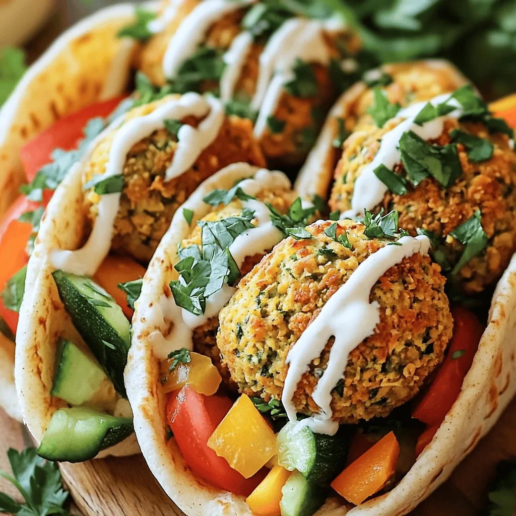 To make crispy baked falafel, you need a few key items: - 1 cup dried chickpeas, soaked overnight - 1 small onion, roughly chopped - 2 cloves garlic, minced - 1/4 cup fresh parsley, finely chopped - 1/4 cup fresh cilantro, finely chopped - 1 teaspoon ground cumin - 1 teaspoon ground coriander - 1/2 teaspoon baking powder - 1/4 teaspoon cayenne pepper (optional, for heat) - Salt and pepper to taste - 3 tablespoons olive oil, plus extra for greasing - 1/2 cup whole wheat breadcrumbs These ingredients create a rich flavor that makes falafel a tasty treat! You can add more flavors or garnishes to your falafel: - Cayenne pepper for extra heat - Tahini sauce for a creamy touch - Lemon juice for brightness - Fresh vegetables like tomatoes and cucumbers for crunch These options let you customize your falafel and make it even more delicious. To whip up this tasty dish, gather these kitchen tools: - Food processor for mixing ingredients - Baking sheet to hold the falafel - Parchment paper to prevent sticking - Measuring cups for accurate portions Having the right tools helps ensure your falafel comes out perfect every time! For the full recipe, check the section above. Start with dried chickpeas. Soak them overnight in water. This helps them soften. Drain and rinse the chickpeas well. Place them in a food processor. Add in a small chopped onion, minced garlic, parsley, and cilantro. Include ground cumin, ground coriander, and baking powder. If you like heat, add cayenne pepper. Season with salt and pepper to taste. Pulse the mixture until it is finely ground but still textured. It should not turn into a smooth paste. Transfer this mix to a bowl. Stir in olive oil and whole wheat breadcrumbs. This helps bind the mixture together. Now it's time to shape the falafel. Use slightly damp hands for this step. Scoop out portions of the mixture. Form them into small balls or patties, about 1.5 inches wide. Place them on a baking sheet lined with parchment paper. This prevents sticking. Drizzle or brush a bit of olive oil on top. This will help them crisp up while baking. Preheat your oven to 400°F (200°C). Once it’s hot, place the baking sheet inside. Bake the falafel for about 20-25 minutes. Halfway through, flip each piece. This ensures they brown evenly. When done, take them out and let them cool for a few minutes. You can find the complete recipe in the Full Recipe section. Enjoy these crispy bites! To make crispy baked falafel, oil is key. Use just enough to coat the falafel. This helps them brown nicely. I recommend using three tablespoons of olive oil in the mix. For better results, drizzle a little more on top before baking. Preheat your oven to 400°F (200°C). This high heat helps create that crunch. Bake for 20 to 25 minutes. Flip them halfway through for even crispiness. Serving falafel can be fun and creative. I love to place them in warm pita pockets. Add sliced cucumbers, tomatoes, and lettuce for freshness. Drizzle tahini sauce over the top for extra flavor. You can also serve the falafel with a side of hummus. A crisp salad pairs well, too. Feel free to use fresh herbs to brighten the dish. Avoid common pitfalls for perfect falafel. If they fall apart, it may be too wet. Ensure your mixture is not too smooth. You want some texture for holding shape. If they turn out soggy, check your oil amount. Too much moisture can lead to sogginess. Lastly, don’t skip the baking time. Give them time to crisp up. For a detailed guide, refer to the Full Recipe. {{image_4}} You can spice up your falafel easily. Add cayenne pepper for heat. You might also try paprika or chili powder. Adjust the amount based on your taste. If you like it hot, add more spice. If you prefer mild, use less. This makes the falafel unique to you. Making a gluten-free falafel is simple. Just swap whole wheat breadcrumbs for gluten-free ones. You can use almond flour or gluten-free oats. These keep the falafel crispy and tasty. Check labels to ensure they are gluten-free. This way, everyone can enjoy the snack. If you want to boost flavor while staying vegan, try adding more herbs. Fresh mint or dill works well. You can also use lemon zest for brightness. If you want creaminess, try tahini in the mix. This keeps it vegan while enhancing the taste. You can find the Full Recipe for more tips. I love to keep my leftover falafel fresh. To store it, place it in an airtight container. You can keep it in the fridge for up to four days. If you want to keep it longer, freeze it. Wrap each falafel in plastic wrap and place them in a freezer bag. This method helps avoid freezer burn. Reheating falafel can be tricky. I recommend using the oven for the best results. Preheat your oven to 375°F (190°C). Place the falafel on a baking sheet lined with parchment paper. Bake for about 10 to 15 minutes. This keeps them crispy and delicious. You can also use an air fryer if you have one. Just heat them at 350°F (175°C) for about 5 to 7 minutes. Homemade falafel can last in the fridge for about four days. If you freeze it, it can stay good for up to three months. Just remember to label your containers. This way, you know when to use them. Enjoy your crispy baked falafel later with ease! To achieve extra crispiness, you can follow a few key tips. First, soak the dried chickpeas overnight. This helps them hold their shape. When you blend the mixture, don’t puree it too much. You want some texture. Add breadcrumbs to the mix to absorb moisture. A drizzle of olive oil on top before baking also aids crispiness. Lastly, flipping the falafel halfway through baking ensures even browning. Falafel can fall apart for a few reasons. One common issue is using canned chickpeas instead of dried ones. Canned beans have more moisture, which leads to a mushy mix. Another reason is over-processing the mixture. If it turns into a paste, it won’t hold its shape. Make sure to use enough breadcrumbs and oil as well. Lastly, if the falafel is too wet, add more breadcrumbs to help bind it. Yes, you can bake falafel in advance. Once baked, let them cool completely. Store them in an airtight container in the fridge for up to three days. You can also freeze them for longer storage. To reheat, place them in a hot oven for about ten minutes. This helps restore some crispiness. Enjoy your crispy baked falafel later without losing flavor! For the full recipe, check out the Crispy Baked Falafel section. You now know how to make crispy baked falafel. We covered the main and optional ingredients. You learned the kitchen tools needed and followed step-by-step instructions. Tips and tricks helped you achieve the perfect texture and avoid common mistakes. Variations let you customize your falafel to your taste. Finally, storage and reheating advice offers ways to keep leftovers fresh. Enjoy making delicious falafel that suits your style!
