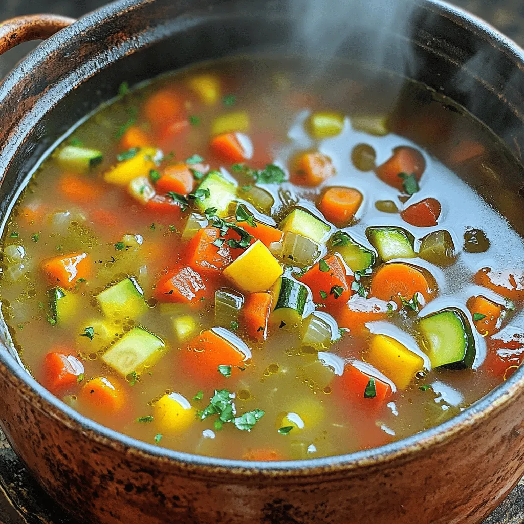 To make a great homemade vegetable soup, you need a few key items. Here’s a list of what you should gather: - 2 tablespoons extra virgin olive oil - 1 medium onion, finely chopped - 2 medium carrots, diced into small cubes - 2 celery stalks, diced evenly - 3 cloves of garlic, minced - 1 medium zucchini, diced - 1 bell pepper, diced (choose any color) - 1 cup fresh green beans, trimmed and cut into 1-inch pieces - 1 can (14 oz) diced tomatoes, including all juices - 4 cups vegetable broth - 1 teaspoon dried thyme - 1 teaspoon dried basil - 1 bay leaf - Salt and freshly ground black pepper to taste - Fresh parsley, chopped, for garnishing You can enhance your vegetable soup with extra flavors. Try adding these optional ingredients: - 1 potato, diced for added heartiness - 1 cup corn (fresh or frozen) for sweetness - A splash of lemon juice for brightness - Spinach or kale for extra greens - Different herbs like rosemary or oregano for variety Having the right tools makes cooking easier. Here’s what you will need: - A large, heavy-bottomed pot - A wooden spoon for stirring - A sharp knife for chopping - A cutting board for prep - Measuring cups and spoons for accuracy - Ladle for serving With these ingredients and tools, you will create a delicious homemade vegetable soup. Remember, you can always adjust the recipe to fit your taste! For the full recipe, please refer to the instructions above. 1. Sauté the Vegetables Start by heating 2 tablespoons of extra virgin olive oil in a large pot over medium heat. Once the oil is warm, add 1 finely chopped onion. Cook it for about 5 minutes. You want it soft and clear, not brown. Stir it often to achieve this. 2. Add More Veggies Next, add 2 diced carrots and 2 diced celery stalks. Cook these for another 5 minutes. Stir them well until they start to soften. This mix builds a great base for your soup. 3. Incorporate Garlic Toss in 3 minced garlic cloves. Cook for just 1 minute. Keep stirring so the garlic doesn’t burn. Burnt garlic tastes bad, so watch it closely! 4. Mix in Zucchini and Peppers Now, add 1 diced zucchini and 1 diced bell pepper. You can pick any color for fun. Also, add 1 cup of fresh green beans cut into 1-inch pieces. Stir everything well and let it cook for about 3-4 minutes. 5. Combine All Ingredients Carefully pour in 1 can of diced tomatoes with their juices and 4 cups of vegetable broth. Stir everything together. This step helps blend all the flavors well. 6. Season the Soup Sprinkle in 1 teaspoon of dried thyme and 1 teaspoon of dried basil. Add 1 bay leaf for more flavor. Season with salt and black pepper to taste. You can adjust this at the end too! 7. Simmer to Perfection Turn up the heat to get the soup to a gentle simmer. Once it simmers, lower the heat and cover the pot. Let it cook for 20-25 minutes. This time lets the flavors mix nicely. 8. Final Touches After cooking, take out the bay leaf. Taste your soup and add more salt or pepper if needed. This final step makes the soup just right! 9. Serve and Enjoy Ladle the hot soup into bowls. Garnish with freshly chopped parsley to add some color and fresh taste. Enjoy this hearty meal! For a complete guide, check the Full Recipe. To make your vegetable soup truly shine, use fresh ingredients. Fresh veggies give a vibrant taste. Start by sautéing the onion in olive oil. This builds a solid flavor base. Cook it until soft and translucent. It should take about five minutes. Next, add your carrots and celery. These veggies add sweetness and crunch. Don’t rush this step; let them soften. Then, mix in garlic for a fragrant kick. It only needs a minute. Stir often to avoid burning. One common mistake is overcooking the vegetables. You want them tender, not mushy. Adding salt too early can draw out moisture. Wait until the soup is nearly done. Another mistake is skipping the bay leaf. It adds a depth of flavor you don’t want to miss. Lastly, don’t forget to taste your soup. Adjust the seasoning as needed before serving. When it comes to seasoning, start small. Add a little salt and pepper, then taste. You can always add more, but it’s hard to fix a salty soup. Fresh herbs at the end can brighten the dish. Parsley, for example, adds color and freshness. If your soup tastes flat, a splash of lemon juice can help. It adds brightness and lifts the flavors. For a richer taste, try a sprinkle of grated cheese on top. For more tips and the full recipe, check out the Full Recipe section. {{image_4}} You can change vegetable soup in many ways. Try adding different herbs for extra taste. Fresh dill or cilantro can give a bright flavor. You can also add a splash of lemon juice for some zing. If you love spice, consider adding red pepper flakes or a dash of hot sauce. For a creamy texture, blend part of the soup before serving. This gives it a smooth and rich feel. Use seasonal veggies for the best flavor. In spring, add fresh asparagus or peas. Summer is perfect for ripe tomatoes and corn. In fall, try sweet potatoes or butternut squash. Winter brings hearty root vegetables like parsnips and turnips. Each season offers unique tastes. Changing the vegetables keeps the soup exciting and fresh. To make the soup more filling, add protein. Canned beans like chickpeas or kidney beans work well. You can also add lentils for a healthy boost. If you eat meat, shredded chicken or diced ham can add flavor. For a vegetarian option, tofu is a great choice. Adding protein makes the soup a complete meal. For the full recipe, check out the Hearty Garden Vegetable Soup. Storing leftover vegetable soup is easy. Let the soup cool down to room temperature first. Then, pour it into airtight containers. Make sure to leave some space at the top, as liquids expand when frozen. Store it in the fridge if you plan to eat it within a few days. Otherwise, freezing is your best option. To freeze your soup, use freezer-safe containers or heavy-duty freezer bags. Label them with the date and contents to avoid mix-ups. Vegetable soup can last up to three months in the freezer. When you’re ready to use it, simply thaw it in the fridge overnight. This keeps the flavors fresh and tasty. Reheating your soup is simple. For the best taste, use the stove. Pour the soup into a pot and heat it over medium-low heat. Stir it often to prevent sticking. You can also use a microwave. Just heat it in short bursts, stirring in between. Add a splash of water or broth if it seems too thick. Enjoy your warm and flavorful soup! For the full recipe, check out the Hearty Garden Vegetable Soup! The best way to make vegetable soup is to start with fresh ingredients. I love using a mix of vegetables like carrots, celery, and zucchini. First, sauté the onions in olive oil until they are soft. Then add the other veggies and cook them down. Don’t forget to add garlic for flavor. Next, pour in vegetable broth and diced tomatoes. Let it simmer to blend the flavors. This method makes a rich and tasty soup. You can find the full recipe at the beginning of the article. Yes, you can use frozen vegetables in your soup. They are a great option when fresh veggies aren’t available. Frozen veggies can save you time, too. Just add them straight to the pot after sautéing the onions. They will cook down nicely as the soup simmers. Keep in mind that frozen vegetables may cook faster than fresh ones. So, adjust the cooking time as needed. Homemade vegetable soup can last about 3 to 5 days in the fridge. Be sure to store it in an airtight container to keep it fresh. If you want to keep it longer, freezing is a great option. Just freeze it in portions. That way, you can enjoy it later without losing flavor. Yes, homemade vegetable soup is very healthy. It is packed with vitamins and minerals from all the vegetables. Plus, you control the ingredients, which means you can avoid extra sodium and preservatives. The soup is also low in calories, making it a great choice for a light meal. Enjoy it guilt-free! Homemade vegetable soup is simple and delicious. You need fresh ingredients and the right tools. Following my step-by-step guide helps you make a flavorful soup. Use my cooking tips to avoid common mistakes. Try different variations with seasonal veggies or protein for variety. Store leftovers properly to enjoy later. Making soup from scratch is not only easy, but it’s also healthy. Enjoy the warmth and comfort of your creation.